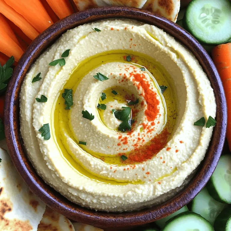 - 1 can (15 oz) chickpeas - ¼ cup tahini - 3 tablespoons extra-virgin olive oil - 2 cloves garlic - 2 tablespoons lemon juice - 1 teaspoon ground cumin - ½ teaspoon salt - Water for desired texture The key to great hummus starts with fresh ingredients. Chickpeas are the star of this dish. They bring a soft texture and a nutty taste. Tahini adds a creamy richness. It’s a paste made from ground sesame seeds. Olive oil makes the hummus smooth and adds flavor. Garlic gives it a nice kick. Lemon juice adds brightness and a tangy bite. Cumin gives the hummus warmth. Salt helps to enhance all these flavors. - Paprika - Fresh parsley Garnishes can make your hummus pop! A sprinkle of paprika adds color. It also gives a hint of smokiness. Fresh parsley brightens up the dish. Plus, it adds a pop of green. You can choose one or both for a beautiful finish. For the complete recipe, check out the Full Recipe. - Start by adding the drained chickpeas, tahini, minced garlic, lemon juice, cumin, and salt to a food processor. - Pulse the mixture several times. This step helps to blend the ingredients well. - As the processor runs, slowly drizzle in the olive oil. This makes your hummus creamy. - If your hummus is thick, add water one tablespoon at a time. Blend well after each addition until smooth. - For a creamy consistency, blend long enough. You want it to be silky, not chunky. - Taste the hummus after blending. Adjust salt and lemon juice if needed. The balance is key. - You can serve hummus with fresh veggies like carrot sticks and cucumber slices. - Pita bread is another great choice for dipping. It adds a nice, fluffy texture. - For a beautiful presentation, create a swirl on top and drizzle with olive oil. Adjusting the salt and lemon juice can change your hummus. Start with the recipe's amounts. Taste it as you go. If you want more zest, add lemon juice. If it needs more depth, add salt. Remember, you can always add more, but you can't take it out. You can also use other spices for variation. Try smoked paprika for a smoky taste. Cumin adds warmth and earthiness. A pinch of cayenne can bring some heat. Experiment with flavors to find your favorite mix. A good food processor is key for smooth hummus. I recommend a model with a strong motor. This helps blend the chickpeas well. Brands like Cuisinart and KitchenAid are great choices. They make your hummus creamy and smooth. For serving, use a nice bowl. A shallow dish allows for easy dipping. Have some spoons or small bowls ready for your veggies and pita. This makes sharing fun and easy. You can prepare hummus in advance. It stays fresh in the fridge for about five days. Just store it in an airtight container. This helps keep the flavors strong. For the best taste and texture when stored, drizzle a bit of olive oil on top. This helps seal in freshness. When you are ready to serve, just give it a quick stir. If it feels thick, add a little water and blend again. For the Full Recipe, check out the complete instructions above. Enjoy your creamy hummus! {{image_4}} You can make hummus fun with classic twists. One popular option is roasted red pepper hummus. Simply blend roasted red peppers into your base recipe. This adds a sweet, smoky flavor that enlivens each bite. Another favorite is spicy hummus with jalapeños. Just toss in some chopped jalapeños for a kick! Adjust the amount to suit your taste. You’ll have a unique treat that impresses everyone. If you want a vegan alternative to tahini, consider using sunflower seed butter. It gives a similar creaminess and flavor. For those on a budget, you can use dried chickpeas. Soak and cook them to save money. It’s a great way to enjoy hummus without breaking the bank. Hummus can fit different diets easily. For gluten-free options, serve it with fresh veggies like carrots and cucumbers. They make perfect dippers! If you’re looking for low-fat variations, reduce the olive oil. You can use water to achieve a creamy texture instead. Hummus is versatile, making it a great addition to any meal. For the full recipe, check out the Creamy Garlic Hummus Delight. To keep your hummus fresh, use airtight containers. They protect the hummus from air and moisture. Store the container in your fridge. This helps maintain its creamy texture and taste. Homemade hummus lasts about 4 to 7 days in the fridge. Check for signs of spoilage before eating. If you see mold or an off smell, discard it. Fresh hummus should smell nutty and bright. You can freeze hummus for longer storage. First, spoon it into a freezer-safe container. Leave some space at the top for expansion. To thaw, place it in the fridge overnight. Use within 3 months for the best taste. To make hummus from scratch, follow these simple steps. First, gather your ingredients. You will need chickpeas, tahini, garlic, lemon juice, olive oil, cumin, and salt. Start by draining and rinsing the chickpeas. Then, put them in a food processor. Add tahini, garlic, lemon juice, cumin, and salt. Pulse the mixture several times. While blending, slowly add olive oil until smooth. If the hummus is thick, add water to reach a creamy texture. Adjust the seasoning to your taste. For more details, check the Full Recipe. Yes, you can use dried chickpeas. First, soak them overnight in water. This helps them soften. The next day, drain the chickpeas and rinse them. Then, boil them in fresh water for about 1 to 1.5 hours. Make sure they are soft before using. Once cooked, you can follow the same steps as with canned chickpeas to make hummus. Leftover hummus is great for many uses. You can spread it on sandwiches or wraps. It adds flavor and creaminess. You can also use it as a dip for veggies or chips. Mix hummus into salad dressings for a unique twist. For a fun dish, try using hummus in pasta sauces or as a base for grain bowls. You can even make hummus-stuffed peppers or add it to soups for extra creaminess. The options are endless! This blog post covered how to make easy hummus from scratch. I discussed essential ingredients, step-by-step instructions, and tips for perfect texture. You learned about various serving ideas and flavor enhancements. I also shared storage tips and answered common questions. Hummus is simple and fun to make. Whether you enjoy classic or unique flavors, there's a recipe for everyone. Get creative with your own twists and enjoy this healthy dish.