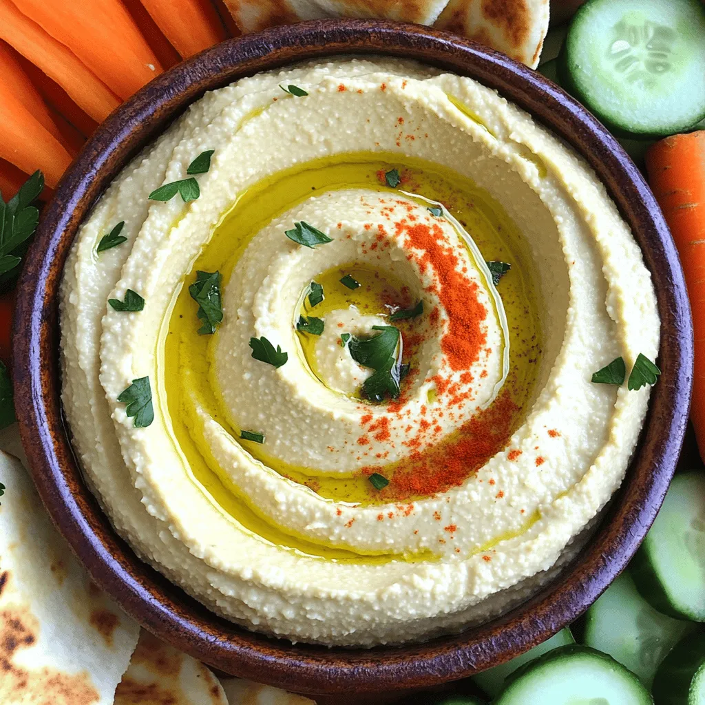 - 1 can (15 oz) chickpeas - ¼ cup tahini - 3 tablespoons extra-virgin olive oil - 2 cloves garlic - 2 tablespoons lemon juice - 1 teaspoon ground cumin - ½ teaspoon salt - Water for desired texture The key to great hummus starts with fresh ingredients. Chickpeas are the star of this dish. They bring a soft texture and a nutty taste. Tahini adds a creamy richness. It’s a paste made from ground sesame seeds. Olive oil makes the hummus smooth and adds flavor. Garlic gives it a nice kick. Lemon juice adds brightness and a tangy bite. Cumin gives the hummus warmth. Salt helps to enhance all these flavors. - Paprika - Fresh parsley Garnishes can make your hummus pop! A sprinkle of paprika adds color. It also gives a hint of smokiness. Fresh parsley brightens up the dish. Plus, it adds a pop of green. You can choose one or both for a beautiful finish. For the complete recipe, check out the Full Recipe. - Start by adding the drained chickpeas, tahini, minced garlic, lemon juice, cumin, and salt to a food processor. - Pulse the mixture several times. This step helps to blend the ingredients well. - As the processor runs, slowly drizzle in the olive oil. This makes your hummus creamy. - If your hummus is thick, add water one tablespoon at a time. Blend well after each addition until smooth. - For a creamy consistency, blend long enough. You want it to be silky, not chunky. - Taste the hummus after blending. Adjust salt and lemon juice if needed. The balance is key. - You can serve hummus with fresh veggies like carrot sticks and cucumber slices. - Pita bread is another great choice for dipping. It adds a nice, fluffy texture. - For a beautiful presentation, create a swirl on top and drizzle with olive oil. Adjusting the salt and lemon juice can change your hummus. Start with the recipe's amounts. Taste it as you go. If you want more zest, add lemon juice. If it needs more depth, add salt. Remember, you can always add more, but you can't take it out. You can also use other spices for variation. Try smoked paprika for a smoky taste. Cumin adds warmth and earthiness. A pinch of cayenne can bring some heat. Experiment with flavors to find your favorite mix. A good food processor is key for smooth hummus. I recommend a model with a strong motor. This helps blend the chickpeas well. Brands like Cuisinart and KitchenAid are great choices. They make your hummus creamy and smooth. For serving, use a nice bowl. A shallow dish allows for easy dipping. Have some spoons or small bowls ready for your veggies and pita. This makes sharing fun and easy. You can prepare hummus in advance. It stays fresh in the fridge for about five days. Just store it in an airtight container. This helps keep the flavors strong. For the best taste and texture when stored, drizzle a bit of olive oil on top. This helps seal in freshness. When you are ready to serve, just give it a quick stir. If it feels thick, add a little water and blend again. For the Full Recipe, check out the complete instructions above. Enjoy your creamy hummus! {{image_4}} You can make hummus fun with classic twists. One popular option is roasted red pepper hummus. Simply blend roasted red peppers into your base recipe. This adds a sweet, smoky flavor that enlivens each bite. Another favorite is spicy hummus with jalapeños. Just toss in some chopped jalapeños for a kick! Adjust the amount to suit your taste. You’ll have a unique treat that impresses everyone. If you want a vegan alternative to tahini, consider using sunflower seed butter. It gives a similar creaminess and flavor. For those on a budget, you can use dried chickpeas. Soak and cook them to save money. It’s a great way to enjoy hummus without breaking the bank. Hummus can fit different diets easily. For gluten-free options, serve it with fresh veggies like carrots and cucumbers. They make perfect dippers! If you’re looking for low-fat variations, reduce the olive oil. You can use water to achieve a creamy texture instead. Hummus is versatile, making it a great addition to any meal. For the full recipe, check out the Creamy Garlic Hummus Delight. To keep your hummus fresh, use airtight containers. They protect the hummus from air and moisture. Store the container in your fridge. This helps maintain its creamy texture and taste. Homemade hummus lasts about 4 to 7 days in the fridge. Check for signs of spoilage before eating. If you see mold or an off smell, discard it. Fresh hummus should smell nutty and bright. You can freeze hummus for longer storage. First, spoon it into a freezer-safe container. Leave some space at the top for expansion. To thaw, place it in the fridge overnight. Use within 3 months for the best taste. To make hummus from scratch, follow these simple steps. First, gather your ingredients. You will need chickpeas, tahini, garlic, lemon juice, olive oil, cumin, and salt. Start by draining and rinsing the chickpeas. Then, put them in a food processor. Add tahini, garlic, lemon juice, cumin, and salt. Pulse the mixture several times. While blending, slowly add olive oil until smooth. If the hummus is thick, add water to reach a creamy texture. Adjust the seasoning to your taste. For more details, check the Full Recipe. Yes, you can use dried chickpeas. First, soak them overnight in water. This helps them soften. The next day, drain the chickpeas and rinse them. Then, boil them in fresh water for about 1 to 1.5 hours. Make sure they are soft before using. Once cooked, you can follow the same steps as with canned chickpeas to make hummus. Leftover hummus is great for many uses. You can spread it on sandwiches or wraps. It adds flavor and creaminess. You can also use it as a dip for veggies or chips. Mix hummus into salad dressings for a unique twist. For a fun dish, try using hummus in pasta sauces or as a base for grain bowls. You can even make hummus-stuffed peppers or add it to soups for extra creaminess. The options are endless! This blog post covered how to make easy hummus from scratch. I discussed essential ingredients, step-by-step instructions, and tips for perfect texture. You learned about various serving ideas and flavor enhancements. I also shared storage tips and answered common questions. Hummus is simple and fun to make. Whether you enjoy classic or unique flavors, there's a recipe for everyone. Get creative with your own twists and enjoy this healthy dish.
