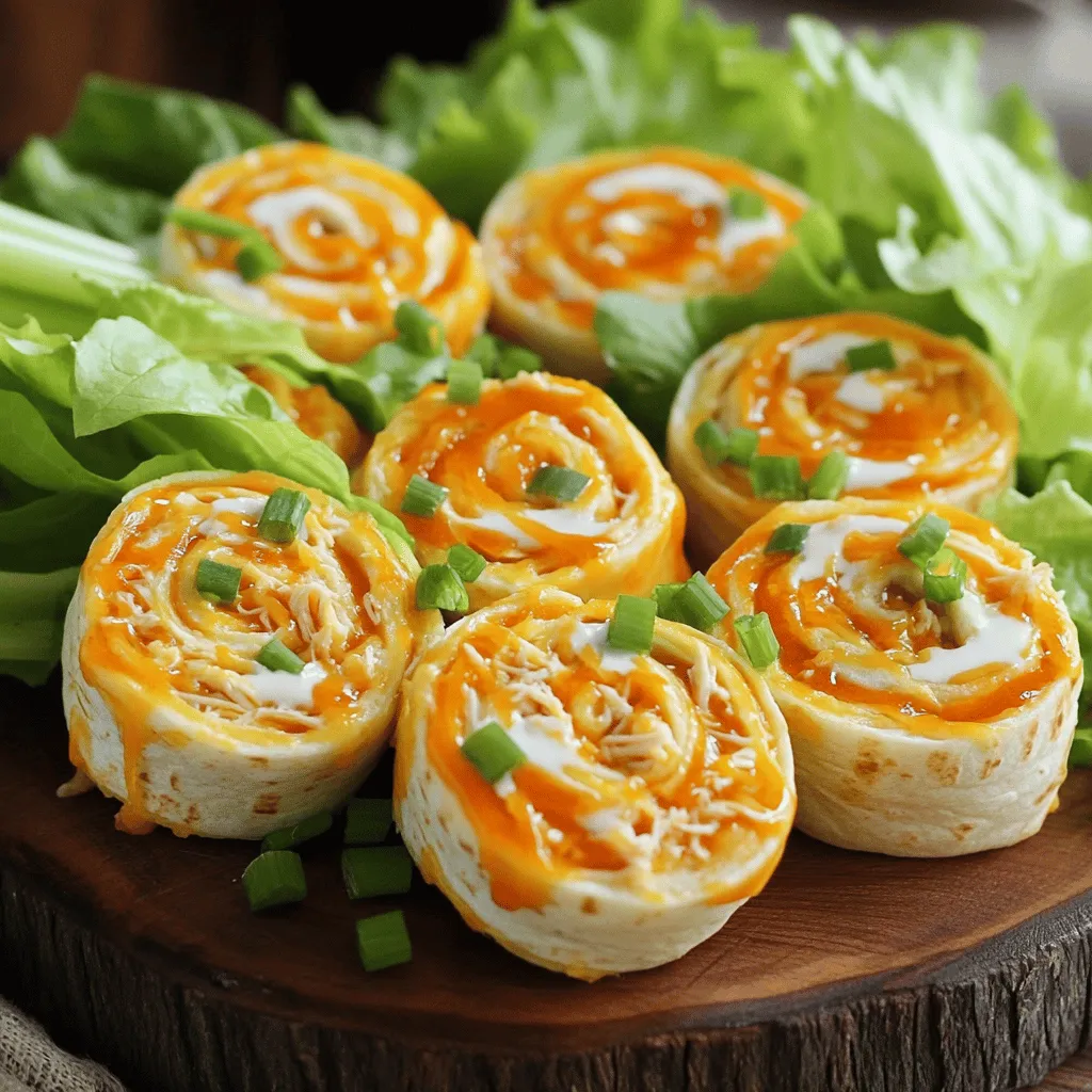 - 2 cups cooked chicken, shredded - 1/2 cup Buffalo sauce (adjust based on spice preference) - 1 cup cream cheese, softened - 1/2 cup shredded cheddar cheese - 1/4 cup ranch dressing - 1/4 cup green onions, finely chopped - 4 large flour tortillas - Fresh lettuce leaves (for garnish) - Celery sticks (for garnish) Choosing the right chicken When making these roll-ups, use cooked chicken. You can use rotisserie chicken for ease. Just shred it up. If you prefer, boil or bake your chicken. Make sure it is fully cooked and tender. This way, it mixes well with the sauce. Adjusting spice levels Buffalo sauce can be spicy. If you love heat, add more sauce. If you prefer mild flavors, use less. You can also mix in some ranch dressing with the Buffalo sauce. This will tone down the heat while adding creaminess. - Mixing bowls - Hand mixer (optional) - Sharp knife for slicing This simple list of ingredients and tips will help you create tasty Buffalo Chicken Tortilla Roll-Ups. For the full recipe, check the details above! 1. Mixing the Buffalo chicken Start by grabbing a large bowl. Add 2 cups of shredded chicken. Pour in 1/2 cup of Buffalo sauce. Mix it well until the chicken is fully coated. Set this aside for later. 2. Combining cream cheese and ranch dressing In another bowl, combine 1 cup of softened cream cheese, 1/4 cup of ranch dressing, and 1/2 cup of shredded cheddar cheese. Blend these ingredients until the mix is smooth and creamy. 1. Spreading the cream cheese mixture Take a large flour tortilla and lay it flat. Use a spatula to spread the cream cheese mix over the tortilla. Leave a half-inch border around the edges to avoid spills while rolling. 2. Filling and rolling the tortillas Spoon some of the Buffalo chicken mix down the center of the tortilla. Sprinkle 1/4 cup of finely chopped green onions on top for extra flavor. Roll the tortilla tightly from one end to the other. Repeat with the rest of the tortillas. 1. Slicing the roll-ups Once all the tortillas are rolled, use a sharp knife to slice each roll into 1-2 inch pieces. This creates fun little pinwheels that are easy to eat. 2. Arranging for presentation Place the roll-ups on a serving platter. For a fresh look, add crisp lettuce leaves and celery sticks around the edges. This makes for a colorful and inviting dish. For the full recipe, check out the complete instructions above. Enjoy your tasty Buffalo Chicken Tortilla Roll-Ups! - The right tortilla size: Use large flour tortillas. They hold the filling well and roll easily. A smaller tortilla may lead to more mess. - How to avoid spillage: Spread the cream cheese mixture close to the edge but leave a small border. This keeps the filling from oozing out when you roll up. - Suggested add-ins to the filling: You can add diced celery for crunch or crumbled blue cheese for a stronger taste. Chopped jalapeños can also kick up the heat. - Recommended dipping sauces: Serve with ranch or blue cheese dressing. A drizzle of extra Buffalo sauce adds a spicy touch. - Creative platter ideas: Arrange the roll-ups on a colorful plate. Add celery sticks and carrot sticks for a fresh look. Use small bowls for dips to make it fun. - Pairing with beverages: These roll-ups go well with cold drinks. Try them with iced tea or a light beer. A citrusy lemonade can balance the spiciness, too. For the full recipe, check out the Buffalo Chicken Tortilla Roll-Ups ! {{image_4}} You can change the meat in this recipe. Try using turkey or beef instead of chicken. These swaps can give a new taste to the roll-ups. For a vegetarian option, use plant-based chicken or beans. This keeps the recipe fun and tasty for all diets. Switch up the sauce for more flavor. BBQ or teriyaki sauce can work great. You can also add spices like garlic powder or paprika. Fresh herbs like cilantro or parsley add a nice touch, too. Getting creative with flavors keeps the dish exciting. You can turn these roll-ups into a salad. Just chop the roll-ups and mix them with greens. They can also serve as bite-sized appetizers at parties. Simply slice them smaller. This makes sharing easy and fun for guests. For the full recipe, check out the cooking instructions above. To keep your Buffalo Chicken Tortilla Roll-Ups fresh, store them in the fridge. Place the roll-ups in an airtight container to prevent drying out. I recommend using a container that fits them snugly. This way, they won't move around and become messy. You can freeze the roll-ups for later. Wrap each roll-up in plastic wrap tightly. Then, put them in a freezer bag or container. This keeps them safe from freezer burn. To thaw, take them out of the freezer and leave them in the fridge overnight. This will help them regain their texture. In the fridge, these roll-ups last about 3 to 4 days. If you freeze them, they can last up to 2 months. Always check for spoilage before eating. If you see mold or notice a bad smell, it's best to toss them. Enjoy your tasty snacks fresh! Can I make Buffalo Chicken Tortilla Roll-Ups ahead of time? Yes, you can make these roll-ups a day in advance. Just wrap them tightly in plastic wrap. Store them in the fridge. This helps the flavors blend well. What can I substitute for cream cheese? You can use Greek yogurt or cottage cheese as a lighter option. Both keep the texture creamy. They also add some tangy flavor to your roll-ups. Are there gluten-free tortilla options? Absolutely! Look for gluten-free tortillas made from rice or corn. They work great and taste good too. How do I make the roll-ups ahead for parties? Prepare the roll-ups as usual. After rolling, slice them and place them on a platter. Cover with plastic wrap and chill until party time. How do I spice up the dish? Add diced jalapeños or a sprinkle of cayenne pepper to the chicken mixture. This gives a nice heat boost. You could also try different sauces for variety. Can I heat the roll-ups before serving? Yes, you can heat them! Just place them in the oven at 350°F for about 10 minutes. This warms them nicely and enhances the flavors. How many calories are in Buffalo Chicken Tortilla Roll-Ups? Each roll-up has about 150 calories. This can vary based on the ingredients you choose. Check the labels for exact counts. Are they suitable for meal prepping? Yes, they are perfect for meal prep! They keep well in the fridge for about three days. You can grab them for a quick snack or lunch option. For the complete recipe, check out the Full Recipe. You now have a full guide to making Buffalo Chicken Tortilla Roll-Ups. We covered ingredients, step-by-step instructions, and helpful tips. You learned how to customize flavors and improve presentation. With these simple steps, you can create delicious roll-ups for any event. Remember to store leftovers properly to enjoy them later. Now it’s time to get cooking and impress your friends and family with this tasty dish!