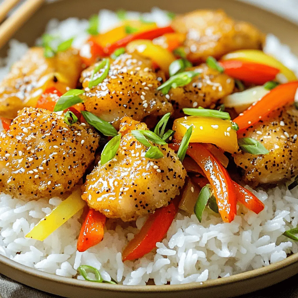- 500g boneless chicken thighs - 2 tablespoons black pepper - 3 tablespoons soy sauce - 1 tablespoon oyster sauce - 2 tablespoons cornstarch - 1 tablespoon vegetable oil - 1 bell pepper, sliced - 1 large onion, sliced - 2 cloves garlic, minced - 1-inch piece ginger, grated - 1 tablespoon sesame oil - 2 green onions, chopped - Cooked rice for serving When I make Black Pepper Chicken, I always keep my ingredients fresh and simple. Using boneless chicken thighs gives a juicy texture. I use two tablespoons of black pepper, which brings a nice kick. Soy sauce and oyster sauce add depth and umami. Cornstarch is key for a crunchy coating. I heat vegetable oil to the right temperature for frying the chicken. Bell peppers and onions add color and sweetness. Garlic and ginger give a great aroma. Finally, sesame oil adds a nutty flavor. You can serve this dish over fluffy cooked rice. It’s a quick meal that packs a flavorful punch! For the full recipe, check out the detailed instructions above. First, take 500g of boneless chicken thighs and cut them into bite-sized pieces. In a mixing bowl, combine the chicken with 3 tablespoons of soy sauce, 1 tablespoon of oyster sauce, and 2 tablespoons of freshly cracked black pepper. Stir well to coat each piece. Cover the bowl and let the chicken marinate in the fridge for at least 30 minutes. This step is key for adding flavor. Next, you’ll prepare the coating. Take the marinated chicken and sprinkle 2 tablespoons of cornstarch over it. Toss the chicken pieces until they are evenly coated. This will give your chicken a nice crunch when cooked. Now, heat up 1 tablespoon of vegetable oil in a large skillet or wok. Use medium-high heat until the oil shimmers. Carefully add the coated chicken in a single layer. If your skillet is small, cook in batches. Fry for about 5-6 minutes until the chicken is golden brown and fully cooked. Once done, remove the chicken and set it aside to keep warm. In the same skillet, add the sliced onion, bell pepper, minced garlic, and grated ginger. Stir-fry this mix for about 3-4 minutes. You want the veggies to be tender but still crisp, with bright colors. Return the cooked chicken to the skillet with the sautéed veggies. Drizzle in a bit more black pepper and 1 tablespoon of sesame oil. Toss everything together to combine well. Cook for an additional 2 minutes to let the flavors blend. Finally, serve your Black Pepper Chicken over fluffy cooked rice. Garnish with chopped green onions and extra black pepper for a tasty touch. For the full recipe, check out the section above. Enjoy your meal! Adjust the black pepper to suit your taste. If you love heat, add more. If you prefer mild, use less. Fresh ingredients make a big difference. They add bright flavors and enhance your dish. Always choose fresh vegetables and herbs for the best results. Cornstarch is key for a crunchy texture. It gives the chicken a nice crust. Coat each piece well, but don’t use too much. Be careful not to overcrowd the skillet. This helps the chicken fry evenly and get that perfect golden color. Garnish your dish with chopped green onions and a sprinkle of black pepper. This adds color and makes it look fancy. Serve Black Pepper Chicken over fluffy rice for a complete meal. You can also add steamed broccoli or snap peas for a nice touch. These veggies not only add color but also nutrition. {{image_4}} Do you like it hot? You can add chili flakes for extra heat. Start with a pinch and add more if you want. This can change your dish from mild to spicy in no time. Another way to adjust spice is by using a pepper blend. Different peppers can add layers of flavor. Try a mix of black pepper, white pepper, and Sichuan pepper. This mix brings a unique twist to your Black Pepper Chicken. Want to make your dish more colorful? You can substitute bell peppers with broccoli or snap peas. These veggies add crunch and nutrition. You’ll love the fresh taste they bring. Mushrooms are another great option. They soak up flavors well and add a nice texture. Carrots also work well. Slice them thin for a sweet and tender bite. Switching up your sauce can create new flavors. Try teriyaki sauce for a sweet twist. It pairs well with the black pepper and adds depth. You can also use hoisin sauce. This sauce adds a rich and savory flavor. If you prefer a vegetarian option, consider using tofu instead of chicken. Tofu absorbs flavors beautifully, making it a great choice. You can follow the same steps in the Full Recipe and enjoy a tasty meal! To keep your Black Pepper Chicken fresh, store leftovers in the fridge. First, let the dish cool down. Then, place it in an airtight container. This helps prevent moisture loss and keeps flavors intact. Use glass or plastic containers with tight lids for best results. To freeze Black Pepper Chicken, start with cooled leftovers. Place portions in freezer-safe bags or containers. Remove as much air as possible to avoid freezer burn. Label each bag with the date. For thawing, simply transfer the chicken to the fridge overnight. Reheat in a skillet over medium heat until it’s hot. Adding a splash of water can help revive the dish and keep it moist. In the fridge, enjoy your leftovers within three to four days. If frozen, Black Pepper Chicken stays good for about three months. After this time, the texture and flavor may decline. Always check for any signs of spoilage before eating. Black Pepper Chicken is a savory dish made with chicken, black pepper, and vegetables. The flavors are bold and spicy. The chicken gets a crunchy coating from cornstarch. Fresh black pepper adds heat and depth. This dish is quick to make and very satisfying. Yes, you can make Black Pepper Chicken ahead of time. After cooking, let it cool completely. Store it in an airtight container. It will stay fresh in the fridge for up to three days. For longer storage, you can freeze it. Just remember to thaw it in the fridge before reheating. You can serve Black Pepper Chicken with various sides. Cooked rice is a classic choice. You can also add steamed broccoli or snap peas for color. A fresh salad pairs well too. If you like bread, try serving it with warm naan or crusty rolls. Black Pepper Chicken can be part of a healthy meal. Chicken is a great source of protein. You can use less oil or replace it with a healthier option. Adding more vegetables boosts the nutrition. A side of brown rice instead of white rice is another healthy swap. For a lighter version, you can try using tofu instead of chicken. In this post, I shared a simple recipe for Black Pepper Chicken. You learned how to marinate, coat, and cook the chicken. We explored tips for flavor and texture. I also offered ideas for variations and storage. This dish is easy and tasty, perfect for any meal. With these steps, you can make it your way. Enjoy your cooking journey and savor every bite!