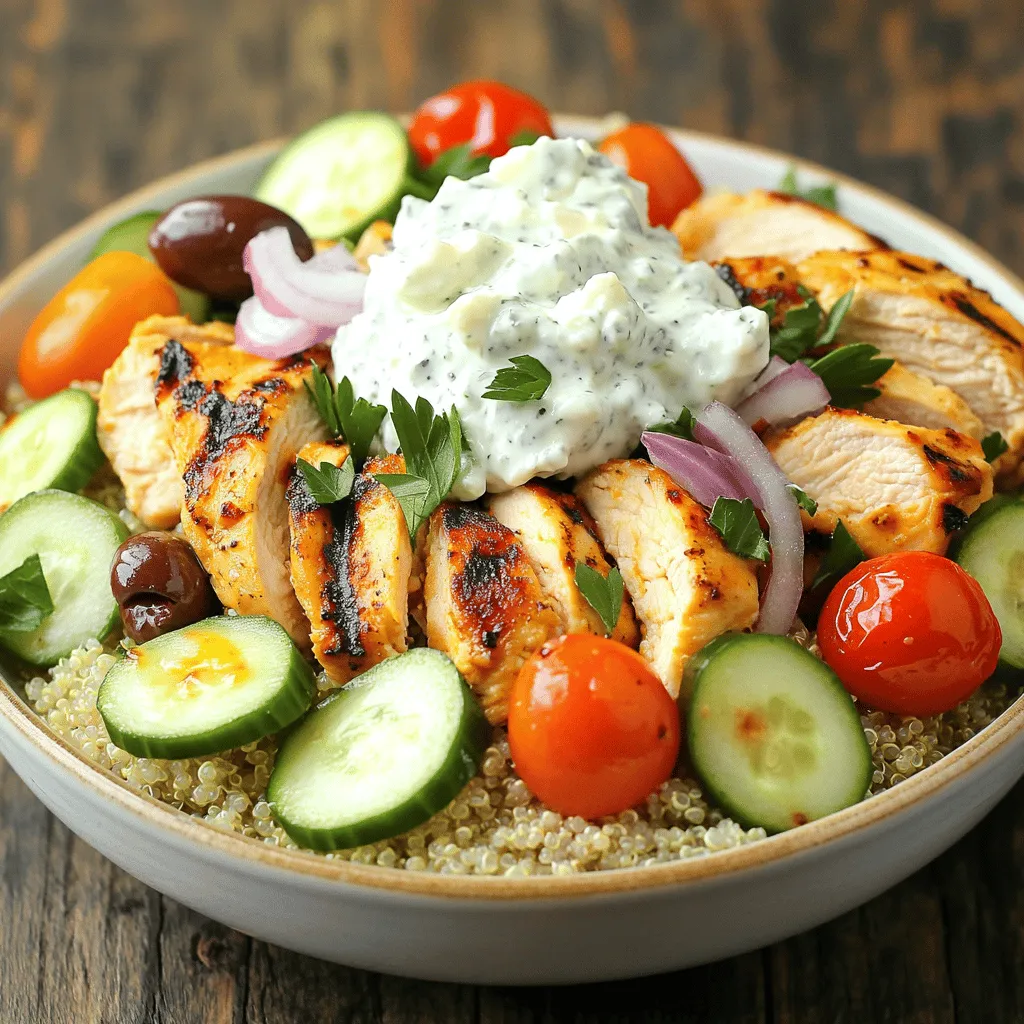 - 2 large chicken breasts, marinated in a mixture of olive oil, lemon juice, dried oregano, salt, and pepper - 1 cup quinoa or bulgur wheat - 2 cups vegetable or chicken broth - 1 cup cherry tomatoes, halved - 1 cucumber, diced - 1 red onion, thinly sliced - 1 cup kalamata olives, pitted and halved - 1 cup feta cheese, crumbled - ¼ cup fresh parsley, chopped These main ingredients create a tasty and healthy bowl. The marinated chicken gives each bite a burst of flavor. Quinoa or bulgur adds a nice texture and nutrition. The veggies add freshness and color. - 1 cup Greek yogurt - 1 cucumber, grated (squeeze out excess water) - 2 cloves garlic, minced - 1 tablespoon olive oil - 1 tablespoon lemon juice - Salt and pepper to taste Tzatziki sauce makes the bowl creamy and cool. Greek yogurt provides protein. The grated cucumber adds crunch. Garlic gives it a kick. This sauce is easy to make and enhances the whole dish. - Extra chopped parsley - Slices of lemon - Additional feta cheese Garnishes make your Greek chicken bowls look even better. A sprinkle of parsley adds a pop of green. Lemon slices give a fresh touch. More feta cheese can make it richer. These small details make your meal feel special. For the full recipe, check out Greek Chicken Bowls with Tzatziki Sauce. Start by mixing olive oil, lemon juice, dried oregano, salt, and pepper in a bowl. This mix makes the chicken juicy and flavorful. Add the chicken breasts to the bowl and coat them well. Cover the bowl and let the chicken marinate for at least 30 minutes. For the best taste, let it sit overnight in the fridge. This deepens the flavor and makes a huge difference. First, rinse your quinoa or bulgur wheat under cold water. This step removes any bitterness. Then, bring vegetable or chicken broth to a boil in a pot. Stir in the rinsed grains, cover the pot, and reduce the heat to low. Let it simmer for about 15 minutes or until the grains are fluffy and tender. After cooking, let it sit for a few minutes before fluffing it with a fork. In a separate bowl, mix Greek yogurt, grated cucumber, minced garlic, olive oil, lemon juice, salt, and pepper. Make sure to squeeze out the extra water from the cucumber to keep the sauce thick. Stir everything until it's well combined. Taste it and adjust the seasoning if needed. Refrigerate the sauce until you’re ready to serve. This helps the flavors blend well. Preheat your grill pan or outdoor grill to medium heat. Take the marinated chicken out of the bowl and place it on the grill. Cook for about 5-7 minutes on each side. The chicken is ready when it reaches an internal temperature of 165°F (75°C). Once it's cooked through, let it rest for 5 minutes before slicing it into strips. This resting time makes it more tender. To build your bowls, scoop some cooked quinoa or bulgur into each bowl. Next, add the grilled chicken strips. Then, top each bowl with halved cherry tomatoes, diced cucumber, sliced red onion, and halved kalamata olives. Don’t forget to sprinkle crumbled feta cheese on top. This adds creaminess and flavor. Finally, add a generous dollop of tzatziki sauce over each bowl. Garnish with chopped fresh parsley to make it look pretty. This step not only adds flavor but also makes your dish vibrant and appealing. Enjoy every bite of these Greek chicken bowls! For the full recipe, check out the details above. To marinate chicken well, mix olive oil, lemon juice, dried oregano, salt, and pepper. This mix adds great flavor. Make sure each chicken breast is fully coated. I recommend marinating for at least 30 minutes. If you have time, marinate overnight. This step makes the chicken tender and tasty. Cooking quinoa or bulgur is simple. Start by rinsing the grains under cold water. This removes any bitterness. In a pot, boil your broth. Add the rinsed grains and cover. Lower the heat and let it simmer for about 15 minutes. Quinoa is usually done when it's fluffy. If using bulgur, check the package for specific times. Allow the grains to sit for a few minutes after cooking. Fluff with a fork for the best texture. Making tzatziki sauce is easy and can save time. Combine Greek yogurt, grated cucumber, garlic, olive oil, and lemon juice. Remember to squeeze out excess water from the cucumber. Mix well and adjust the seasoning. It's best to chill the sauce in the fridge. Letting it sit for a bit allows the flavors to blend nicely. You can make this sauce a day in advance for added convenience. {{image_4}} If you prefer a meat-free meal, try a vegetarian Greek bowl. Use roasted chickpeas or grilled halloumi instead of chicken. You can still enjoy the quinoa or bulgur as a base. Add lots of fresh veggies like bell peppers, zucchini, and spinach for crunch. The flavors from the olives and feta will still shine through, making it satisfying and tasty. For a low-carb option, swap the grains for cauliflower rice. It’s light and absorbs all the great flavors. Use grilled chicken as usual and load up on veggies. You can add avocado for creaminess and extra healthy fats. The tzatziki sauce will still give it that creamy bite, making it a great choice for low-carb diets. To mix it up, try a Mediterranean grain bowl. Use farro or barley instead of quinoa or bulgur. These grains add a nice chew and a nutty flavor. Top with the same delicious chicken and fresh veggies. You can even add some roasted nuts for crunch. This twist keeps the meal exciting while staying true to those Greek flavors. For the full recipe, check out the Greek Chicken Bowls with Tzatziki Sauce. After you enjoy your Greek chicken bowls, store any leftovers in an airtight container. This keeps them fresh and safe to eat. Place the container in the fridge. Your meal will stay good for about three days. If you want to keep it longer, consider freezing it. To reheat your Greek chicken bowls, you can use the microwave. Place your bowl in the microwave for about 1-2 minutes. Make sure to stir halfway through to heat it evenly. If the chicken seems dry, add a bit of broth or water before heating. You can also reheat on the stove. Just add a splash of water in a pan and heat over low. Stir gently until warmed through. For freezing, separate the grains, chicken, and veggies. This helps keep each part fresh. Place them in freezer-safe bags or containers. Make sure to remove as much air as possible. You can freeze the chicken bowls for up to three months. When ready to eat, thaw overnight in the fridge, then reheat. This way, you can enjoy your Greek chicken bowls anytime! The best way to cook chicken for Greek chicken bowls is grilling. Grilling gives the chicken a nice char and adds flavor. Marinate your chicken breasts first for at least 30 minutes. This helps the chicken absorb the flavors. Preheat your grill to medium heat. Cook the chicken for about 5-7 minutes on each side. Ensure the internal temperature reaches 165°F (75°C). Let it rest for 5 minutes before slicing. This keeps the juices in and makes it tender. Yes, you can use other grains. Brown rice, farro, or couscous are great options. Each grain has its own taste and texture. Brown rice adds a nutty flavor, while farro is chewy. You can also use cauliflower rice for a low-carb choice. Just cook according to package instructions for the best results. Tzatziki sauce lasts about 3 to 5 days in the fridge. Store it in an airtight container. The flavors may get stronger as it sits. If it separates, just stir it before using. Always check for any off smells or colors before eating. Yes, Greek chicken bowls are healthy. They are packed with lean protein from the chicken. The grains provide fiber and energy. Fresh veggies add vitamins and minerals, while tzatziki sauce offers probiotics. This meal is balanced and satisfying. You can also customize it to fit your diet. Absolutely! You can prepare many parts ahead of time. Marinate the chicken the night before. Cook the grains and store them in the fridge. You can even make the tzatziki sauce a day ahead. Just assemble everything when you're ready to eat. This makes meal prep easy and quick. Check out the Full Recipe for more details. In this article, we covered how to make delicious Greek chicken bowls. We looked at key ingredients like chicken, grains, and tzatziki sauce. You learned step-by-step how to marinate, cook, and assemble your dish. I shared tips to enhance flavor and storage advice for leftovers. Remember, you can customize these bowls for any diet. Enjoy creating your perfect Greek meal at home!