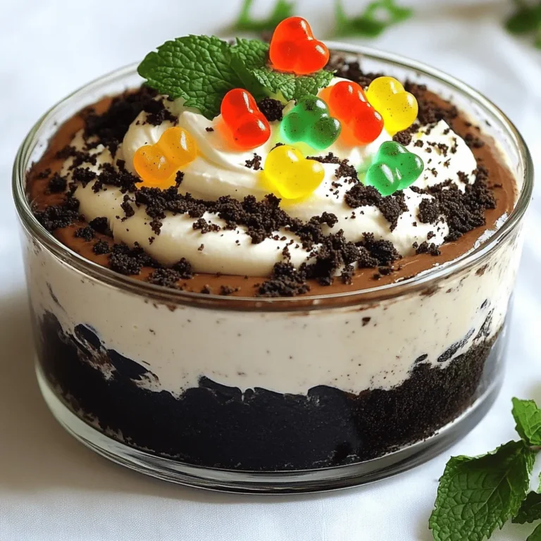 Creating Oreo Dirt Cake is simple and fun! Here’s what you need: - 1 package (15.25 oz) Oreo cookies - 1/2 cup (1 stick) unsalted butter, melted - 1 package (8 oz) cream cheese, softened to room temperature - 1 package (16 oz) powdered sugar - 1 tub (16 oz) Cool Whip, thawed - 1 package (3.9 oz) chocolate instant pudding mix - 2 cups cold milk - 1 cup gummy worms (optional, for playful decoration) - Fresh mint leaves (optional, for garnish) Each ingredient plays a key role in making this dessert delicious and appealing. The Oreo cookies form the base and add rich chocolate flavor. The melted butter helps bind the crust together. Cream cheese and powdered sugar create a sweet, creamy filling that pairs perfectly with the chocolate pudding. The Cool Whip adds lightness, while the gummy worms make it fun! For the best results, gather all your ingredients before you start. This way, you can work smoothly and enjoy the process. You can find the full recipe in the next section, which will guide you step by step! - First, crush the Oreo cookies. You can use a food processor for this. Pulse until they turn into fine crumbs. - Next, mix the crumbs with melted butter in a bowl. Stir well until every crumb is coated. - Now, press this mixture firmly into the bottom of a 9x13 inch baking dish. Make sure it is even and packed tight. - In a clean mixing bowl, beat the softened cream cheese with an electric mixer. Aim for a smooth texture. - Gradually add the powdered sugar while mixing. Keep beating until it is well blended and creamy. - Finally, gently fold in the thawed Cool Whip with a spatula. This makes the filling light and fluffy. - In a separate bowl, whisk the chocolate instant pudding mix with cold milk for about 2 minutes. This should thicken to a creamy consistency. - Let the pudding sit for 5 minutes to firm up before using it. - Spread the cream cheese filling evenly over the cookie crust in the baking dish. - Then, layer the chocolate pudding on top of the cream cheese. Smooth it out to make it even. - Take the reserved cup of Oreo crumbs and sprinkle it over the pudding. This gives a fun dirt look. - Cover the baking dish tightly with plastic wrap. Place it in the refrigerator. - Chill for at least 4 hours, but overnight is best. This lets the flavors mix and the cake set well. - Just before you serve, add gummy worms on top for a fun touch. - If you want, garnish with fresh mint leaves to add color and freshness. Follow these steps for a delightful Oreo Dirt Cake. For the full recipe, check out the detailed instructions provided earlier! Chilling time is key for Oreo dirt cake. It helps all the flavors blend well. I find that letting it chill for at least four hours makes a big difference. Ideally, chill it overnight for the best results. This helps the layers firm up, making each slice neat and clean. Smoothing out layers is also important. After spreading the cream cheese filling, use a spatula to make it even. When adding the pudding, gently spread it over the cream cheese. This keeps the layers distinct and beautiful. You can easily customize your Oreo dirt cake. Try different toppings like crushed nuts or sprinkles for fun textures. You can also swap out the Oreo cookies. Try using mint cookies or peanut butter cookies for unique flavors. These small changes can add a whole new twist to your cake. Portion sizes matter. You can cut the cake into squares for easy serving. If you want something fun, serve it in clear cups. This way, everyone can see the layers. Plus, it makes for a great party treat! For creative presentation, consider using a clear glass dish. This shows off the lovely layers. You can also garnish with fresh mint leaves for a nice touch. They add color and freshness to your dessert. Feel free to check out the Full Recipe for more details on making this delightful treat! {{image_4}} You can change up your Oreo dirt cake in fun ways. A vanilla version tastes great. Just swap out chocolate pudding for vanilla pudding. This gives the dessert a lighter flavor. Another fun twist is the peanut butter variation. Mix in peanut butter with the cream cheese filling. It adds a rich, nutty taste that pairs well with the cookies. Kids often love this flavor! If you need a gluten-free option, use gluten-free sandwich cookies. There are many tasty brands available. Just crush them the same way as regular Oreos. The taste stays rich and delicious, ensuring everyone can enjoy this treat. For a vegan dirt cake, you can use dairy-free cream cheese. Brands like Tofutti or Kite Hill work well. They create a creamy texture without dairy. Also, swap out Cool Whip for a non-dairy whipped topping. Look for brands like So Delicious or CocoWhip. These options keep the dessert light and fluffy while staying vegan-friendly. By exploring these variations, you can make your Oreo dirt cake perfect for everyone. Check out the Full Recipe for more details! To keep your Oreo dirt cake fresh, use an airtight container. This helps prevent the cake from drying out. Store it in the fridge for up to five days. If you notice any changes in texture or smell, it’s best to toss it. You can freeze this cake for longer storage. First, cut it into pieces. Wrap each piece tightly in plastic wrap. Then place them in a freezer-safe bag. The cake can last up to three months in the freezer. To thaw, take it out and place it in the fridge overnight. Oreo dirt cake stays its best for about five days in the fridge. Look for signs of spoilage like a sour smell or mold. If the cake feels dry or crumbly, it’s time to let it go. Keep an eye on it, and enjoy it while it’s fresh! Oreo Dirt Cake is a fun dessert that looks like dirt! It has layers of creamy goodness and crushed Oreo cookies. This dessert became popular in the 1980s. People love it for its playful look and easy prep. You can enjoy it at parties or family gatherings. The combination of flavors and textures makes it a favorite for many. You can keep Oreo Dirt Cake in the refrigerator for up to five days. Just make sure to cover it well. This helps keep it fresh and tasty. Over time, the layers may soften, but the flavor stays great. If you want the best taste, try to eat it within the first three days. Yes, you can make Oreo Dirt Cake ahead of time! This dessert is perfect for planning. You can prepare it a day before you serve it. Just follow the recipe, then chill it overnight. This gives the flavors time to blend. Plus, it saves you time on the day of your event. You can use many fun decorations for Oreo Dirt Cake! Some tasty options include chocolate sprinkles or edible flowers. You could even add mini chocolate cookies or candy rocks for a playful touch. Fresh fruit can add color, too. Choose whatever you like best to match your occasion. Absolutely! Oreo Dirt Cake is a kid-friendly dessert. Kids love the taste and the fun look. It’s simple to make, so kids can help in the kitchen. Plus, they enjoy adding their favorite toppings. This dessert is sure to make them smile! This blog post shared a simple recipe for Oreo Dirt Cake. You learned about the key ingredients, like Oreos and cream cheese, as well as step-by-step instructions to make it. Also, we covered tips to custom-make your cake and how to store leftovers. Oreo Dirt Cake is fun to make and eat. It’s a great dessert for parties or family gatherings. Enjoy creating your own versions and share them with friends.