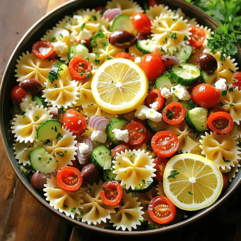- 8 oz. farfalle pasta (or your favorite pasta shape) - 1 cup cherry tomatoes, halved - 1 cup cucumber, diced - 1/2 cup Kalamata olives, pitted and sliced - 1/2 cup feta cheese, crumbled - 1/4 cup extra-virgin olive oil - 2 tablespoons fresh lemon juice - 1 teaspoon dried oregano - Salt and pepper to taste - Fresh herbs (basil, mint) - Other vegetables (bell peppers, spinach) I love using farfalle pasta because it adds a fun shape to the dish. You can pick any pasta you like. Cherry tomatoes bring sweetness, while cucumbers add crunch. Kalamata olives give a salty kick, and feta cheese adds creaminess. For the dressing, I use high-quality olive oil and fresh lemon juice for zest. Do not skip the oregano; it gives that classic Mediterranean taste. Feel free to add fresh herbs like basil or mint for extra flavor. You can also mix in other vegetables, such as bell peppers or spinach, for more texture and color. For the full recipe, check out the complete details. Enjoy crafting this fresh and flavorful Mediterranean pasta salad! - Boil pasta in salted water until al dente. - Drain and rinse with cold water to stop cooking. I start by boiling a pot of salted water. It should taste like the sea. Add 8 oz. of farfalle pasta. Cook it until it is al dente, firm but not hard. This takes about 8-10 minutes. When your timer goes off, drain the pasta in a colander. Rinse it with cold water. This helps stop the cooking process and keeps the pasta from sticking together. Set it aside to cool. - Combine tomatoes, cucumber, olives, feta, onion, and parsley in a bowl. - Gently mix ingredients without smashing. In a large mixing bowl, toss together 1 cup of halved cherry tomatoes, 1 cup of diced cucumber, 1/2 cup of sliced Kalamata olives, and 1/2 cup of crumbled feta cheese. Add in 1/4 cup of finely chopped red onion and 1/4 cup of fresh parsley. Use a spatula to mix gently. You want the veggies to stay whole. - Whisk together olive oil, lemon juice, oregano, salt, and pepper. For the dressing, grab a small bowl. Whisk together 1/4 cup of extra-virgin olive oil and 2 tablespoons of fresh lemon juice. Add in 1 teaspoon of dried oregano, and a pinch of salt and pepper. This dressing adds a zesty kick to the salad. Make sure it’s well mixed. - Add cooled pasta to the vegetable mixture. - Pour dressing over and toss gently. Now, add the cooled pasta to your bowl of veggies. Pour the dressing over the top. Use a large spoon to toss everything gently. Make sure the pasta gets coated well with the dressing. Taste it. Adjust the salt and pepper if needed. - Cover and refrigerate for at least 30 minutes. Cover the bowl with plastic wrap or a lid. This salad needs to chill for at least 30 minutes. This time helps all the flavors blend together. After chilling, your Mediterranean pasta salad will be fresh and flavorful, ready to serve! - Use salted water for boiling. This step helps the pasta absorb flavor. - Rinse pasta with cold water after cooking. This stops the cooking process and prevents stickiness. - Let the salad sit for a while. This allows the flavors to blend and deepen. - Adjust seasoning to fit your taste. Everyone has different preferences, so add salt or pepper as you like. - Serve in a shallow bowl. It makes the salad look more appealing and allows for easy serving. - Garnish with lemon slices and fresh parsley. This adds color and a fresh taste to your dish. For complete instructions, check the Full Recipe. {{image_4}} You can change this salad based on what's in season. For example, swap in fresh zucchini or asparagus for a bright crunch. Roasted red peppers add a smoky taste, enhancing the salad's depth. Using seasonal veggies makes the dish lively and fresh. Need to add protein? Grilled chicken or shrimp works great. These additions give the salad a hearty touch. For a plant-based option, add chickpeas. They are full of protein and blend well with the Mediterranean flavors. If you need a gluten-free option, choose gluten-free pasta. It still tastes great and fits your needs. For a vegan twist, use dairy-free feta. This keeps the salad creamy while staying plant-based. These adjustments help everyone enjoy this tasty dish. For the Full Recipe, check the earlier section! To keep your Mediterranean pasta salad fresh, store it in an airtight container in the fridge. This helps keep the flavors locked in. It tastes best when eaten within 3-4 days. After that, the ingredients may start to lose their crunch. I do not recommend freezing this salad. When you freeze pasta, it may become mushy when thawed. If you decide to freeze it, store the dressing separately. This way, you can add it fresh when you serve the salad. You can serve this pasta salad cold or at room temperature. Avoid reheating it, as this may change the texture. The fresh tastes of the vegetables and feta shine when served as is. For the best experience, enjoy it straight from the fridge. Mediterranean pasta salad typically lasts 3-4 days when stored properly. Keep it in an airtight container to maintain freshness. After that, the flavors may fade, and the veggies can become soggy. Yes, you can make this salad up to 24 hours ahead for best flavor. Preparing it early allows the ingredients to blend well. The longer it sits, the more the flavors mix, making each bite even tastier. If you need a substitute for feta cheese, goat cheese works well. Vegan feta is another good option for dairy-free diets. Both choices add a nice creaminess that complements the salad. Absolutely! This recipe is great for meal prepping. The salad stays tasty over time, making it easy to grab for lunch or dinner. Plus, it holds up well, so you can enjoy it all week. For the full recipe, check out the earlier sections! This Mediterranean Pasta Salad is full of fresh ingredients and flavor. You learned about key ingredients like farfalle pasta, cherry tomatoes, and olives, along with a simple dressing. I shared steps to make and chill the salad for the best taste. You can customize it with seasonal veggies and proteins. Remember to store leftovers properly for the best flavor. Enjoy this dish at your next gathering or as a tasty meal prep option!