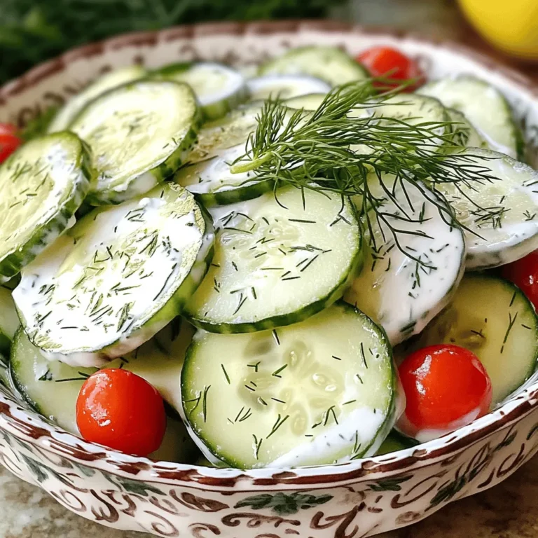 Creating a creamy cucumber salad starts with fresh ingredients. Here’s what you need: - 2 large cucumbers, thinly sliced - 1/2 cup plain Greek yogurt - 1/4 cup sour cream - 2 tablespoons fresh dill, finely chopped - 1 tablespoon fresh lemon juice - 1 teaspoon garlic powder - Sea salt and freshly ground black pepper to taste - 1 tablespoon extra virgin olive oil - Optional: 1/4 cup cherry tomatoes, halved These ingredients give the salad its fresh taste and creamy texture. The cucumbers add crunch, while the yogurt and sour cream create a smooth dressing. Fresh dill brings a bright flavor, and lemon juice adds a nice zing. Garlic powder gives depth, and the sea salt enhances all the flavors. If you want a pop of color, add cherry tomatoes. This salad is simple yet delicious! For the full recipe, check out the [Full Recipe]. Start by washing your cucumbers. Use cold water to clean them well. Slice the cucumbers into thin rounds. A sharp knife or a mandolin slicer works best for this. Once sliced, place the cucumbers in a large colander. Sprinkle a light amount of salt over them. Let the salted cucumbers rest for 10 to 15 minutes. This step helps draw out extra moisture. It also makes them crispier. While the cucumbers rest, it’s time to make the dressing. In a mixing bowl, combine the following ingredients: - 1/2 cup plain Greek yogurt - 1/4 cup sour cream - 2 tablespoons fresh dill, finely chopped - 1 tablespoon fresh lemon juice - 1 teaspoon garlic powder Whisk these ingredients together until the mixture is smooth. Ensure everything is well-blended. The dressing should be creamy and flavorful. After the cucumbers have released moisture, pat them dry with paper towels. This step removes excess salt and water. In a spacious mixing bowl, add the sliced cucumbers to the creamy dressing. Toss everything together gently. Make sure all the cucumber slices are coated in the dressing. Season with sea salt and freshly ground black pepper to taste. Next, drizzle 1 tablespoon of extra virgin olive oil over the salad. Mix lightly again. If you want a pop of color, add the optional cherry tomatoes, halved. This adds both flavor and visual appeal. For the best taste, let the salad chill in the fridge for at least 30 minutes. This rest time helps the flavors meld beautifully. For a complete meal, consider serving slices of crusty bread or fresh pita on the side. For the full recipe, check the main article. Using fresh herbs makes a big difference. Fresh dill adds bright taste and aroma. Dried herbs can lose flavor over time. So, always choose fresh when you can. Chilling the salad is also key. It allows flavors to blend well. A cool salad feels refreshing and makes each bite better. Serve your salad in decorative bowls. A beautiful bowl can make your dish pop. You can also use garnishes to add flair. A sprig of dill on top looks nice. Cherry tomatoes add color too, making your dish more inviting. Over-salting cucumbers can ruin your salad. Salting draws out moisture, but too much salt is bad. Always taste before adding more salt. Also, don’t skip the chilling step. Letting the salad chill helps the flavors mix. If you serve it too soon, it won’t taste as good. {{image_4}} You can easily change this salad by adding new ingredients. For creaminess, try adding diced avocado or crumbled feta cheese. They will add a rich texture that blends well with cucumbers. You can also mix in sliced olives or bits of red onion. These add a nice salty flavor and crunch. Switching herbs can make this salad exciting. Use fresh basil or cilantro instead of dill for a different taste. You can also spice it up! Adding a pinch of cayenne pepper or paprika gives it a nice kick. This will make your creamy cucumber salad stand out even more. If you want a dairy-free option, use coconut yogurt instead of Greek yogurt. This keeps the creaminess while being plant-based. For low-calorie swaps, replace sour cream with a lighter yogurt or skip it altogether. You can still enjoy a tasty salad without the extra calories. For the full recipe, check out the detailed instructions above! To keep your creamy cucumber salad fresh, store it in an airtight container. Place it in the fridge right after serving. This way, it stays cool and tasty. The salad can last for about 2 to 3 days in the fridge. After that, the cucumbers may become too soft and lose their crunch. Can you freeze creamy cucumber salad? No, it is best not to freeze it. Freezing changes the texture of cucumbers. They become mushy when thawed. If you want to prep ahead, make the dressing and chop the cucumbers. Store them separately. Mix them just before serving for the best taste. Creamy cucumber salad is best served cold. If you have leftovers, enjoy them straight from the fridge. If the salad looks too watery, gently stir it. You can add a pinch of salt or a squeeze of lemon juice to refresh the flavor. You can keep Creamy Cucumber Salad in the fridge for about three days. Make sure to store it in an airtight container. After that, the salad might lose its crunch and flavor. Always check for any changes in smell or texture before eating. Yes, you can use sour cream instead of Greek yogurt. This swap will make the salad tangier. However, Greek yogurt adds more protein and creaminess. If you want a thicker dressing, sour cream works well too. Feel free to try both and see which you like more! You can add many veggies to your Creamy Cucumber Salad! Some tasty options include: - Cherry tomatoes - Red onion - Bell peppers - Radishes - Carrots These vegetables add color and crunch. Just chop them small so they mix well with the cucumbers. Yes, this salad is great for meal prep! You can make it ahead of time and store it in the fridge. Just keep the cucumbers and dressing separate until you are ready to eat. This way, they stay fresh and crunchy. To add some heat, try these ideas: - Add a pinch of cayenne pepper. - Mix in some chopped jalapeños. - Use a spicy yogurt or sour cream. These options will give your salad a nice kick! Experiment to find the right spice level for you. For more tasty ideas, check out the Full Recipe. In this blog post, I shared how to make a fresh and tasty Creamy Cucumber Salad. We covered the ingredients, step-by-step instructions, and tips to enhance flavor and presentation. I also shared variations and storage info to keep it fresh. This salad is easy to make and perfect for any meal. Try it with your favorite twists for a fun dish. Enjoy your cooking adventure!