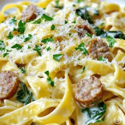 To make a delicious Sausage Alfredo Pasta, you'll need a few key ingredients. Here’s the list: - 12 oz fettuccine pasta - 1 lb Italian sausage (mild or spicy) - 3 cloves garlic, minced - 2 cups heavy cream - 1 cup freshly grated Parmesan cheese - 1 cup baby spinach, roughly chopped - 1 tablespoon olive oil - ½ teaspoon black pepper - Salt, to taste - Fresh parsley, chopped (for garnish) These ingredients create a rich and creamy dish that warms the heart. The fettuccine adds a lovely texture, while the Italian sausage brings a savory kick. The heavy cream and Parmesan cheese create a dreamy sauce that coats the pasta perfectly. Plus, the spinach adds a pop of color and nutrition. When you use these fresh ingredients, you enhance the flavor. Always choose high-quality cheese and sausage for the best results. I recommend using freshly grated Parmesan cheese instead of the pre-packaged kind. It melts better and tastes far superior. If you're looking for the Full Recipe, check out the details for cooking instructions. Enjoy the process of cooking and the joy of sharing this wonderful dish with family and friends! To start, fill a large pot with water. Add a good amount of salt to it. This helps flavor the pasta. Bring the water to a boil. Once boiling, add the fettuccine. Cook it until it is al dente, following the package directions. After cooking, drain the pasta. Remember to set aside ½ cup of the pasta water for later. Next, grab a large skillet and heat up some olive oil over medium heat. Once hot, add the sliced Italian sausage to the skillet. Cook the sausage while stirring it now and then. You want it browned and cooked through, which takes about 5-7 minutes. Once done, take the sausage out of the skillet and place it on a plate. Keep the skillet on medium heat and add the minced garlic. Sauté the garlic for about 1 minute. You want it fragrant, but be careful not to burn it. Burnt garlic can taste bitter. Now, pour in the heavy cream and stir well. Increase the heat just a bit and let it simmer gently. Gradually add in the freshly grated Parmesan cheese. Whisk it until the cheese melts and the sauce is smooth. If it feels too thick, add some reserved pasta water to reach your desired consistency. Now it's time to season the sauce. Add salt and freshly cracked black pepper to taste. Toss in the chopped baby spinach. Let it cook for 2-3 minutes until it wilts. After that, return the cooked fettuccine and sausage to the skillet. Gently toss everything together. You want the pasta and sausage well-coated with the creamy Alfredo sauce. For the complete recipe, refer to the Full Recipe. To make the best Alfredo sauce, start with heavy cream. It gives the sauce a rich and creamy texture. Heat the cream gently in the skillet. Stir often to prevent it from burning. To achieve the right consistency, add Parmesan cheese slowly. Whisk it in until it melts. If the sauce is too thick, use some reserved pasta water. This will help you find that perfect creamy balance. Common mistakes include cooking the sauce too quickly. This can cause the cream to separate. Always keep the heat low. Also, don't skip the seasoning! Freshly cracked black pepper adds depth. A little salt enhances the flavors. Pair Creamy Sausage Alfredo Pasta with a fresh salad. A simple green salad balances the rich sauce. Garlic bread is also a great side. It helps soak up the extra sauce. For presentation, serve the pasta in deep bowls. This keeps the sauce contained and makes it look inviting. A drizzle of olive oil on top adds a nice shine. Finish with a sprinkle of fresh parsley for color. Enjoy your meal! {{image_4}} You can switch up the sausage in your Sausage Alfredo Pasta. Try chicken, turkey, or smoked sausage. Chicken and turkey offer a lighter option. They still give great flavor without the extra fat. Smoked sausage adds a nice kick too. Each type brings its unique taste. So, feel free to experiment! If you want to change the pasta, consider using penne or rigatoni. These shapes hold the sauce well. You can also use gluten-free pasta if you need it. The key is to cook it al dente for the best texture. Each option allows you to enjoy this dish in a new way. Adding veggies can make your dish even better. Seasonal vegetables like mushrooms, bell peppers, or zucchini work great. Sauté them with the sausage for extra flavor. You can add spinach for color and nutrition too. The veggies will blend nicely with the creamy sauce. This way, you create a balanced meal that everyone will love. For the full recipe, check out the complete cooking guide. To keep your Sausage Alfredo Pasta fresh, let it cool first. Once cool, transfer it to an airtight container. Make sure the lid seals tightly. Proper storage helps prevent spoilage. Store it in the fridge for up to three days. When ready to eat, check for any signs of spoilage before reheating. Reheat your pasta gently to avoid a dry texture. The best method is to use a skillet. Add a splash of milk or cream to keep it creamy. Heat over low to medium heat, stirring often. You can also use the microwave. Place it in a microwave-safe dish, cover it, and heat in short bursts. Stir between intervals until warm. Yes, you can freeze Sausage Alfredo Pasta! For best results, portion it into smaller containers. Make sure to leave some space at the top for expansion. Seal the containers well. You can freeze it for up to two months. When you’re ready to enjoy it, thaw in the fridge overnight. Reheat as mentioned before for the best texture. To make homemade Alfredo sauce, you start with heavy cream. Heat the cream in a pan until it simmers. Then, add minced garlic for flavor. Slowly mix in grated Parmesan cheese. Stir until the cheese melts and the sauce is smooth. Finally, season with salt and pepper. Yes, you can make this recipe vegetarian. Instead of sausage, use plant-based sausage or mushrooms. You can also try lentils or chickpeas for added protein. These options work well in Alfredo sauce and keep it satisfying. Sausage Alfredo Pasta lasts about 3 days in the fridge. Store it in an airtight container. This keeps the pasta fresh and safe to eat. Always check for any signs of spoilage before eating. Yes, you can use non-dairy substitutes. Almond or coconut milk can replace heavy cream. For cheese, try nutritional yeast or vegan cheese. These options help you enjoy the dish while keeping it dairy-free. In this post, we explored a tasty recipe for Creamy Sausage Alfredo Pasta. We covered essential ingredients, cooking steps, and handy tips to perfect your dish. The variations offered help you customize and enjoy this meal your way. Remember to store leftovers properly and reheat carefully for the best taste. Cooking can be fun and creative, so try different ingredients. Enjoy making this creamy dish and share it with friends or family. Your culinary skills can shine with this easy recipe!