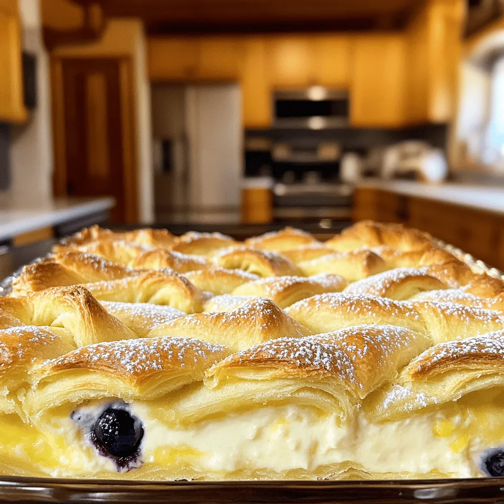 To make Cheesecake Crescent Rolls Casserole, gather these simple ingredients: - 2 cans of crescent roll dough - 16 oz cream cheese, softened to room temperature - 1 cup granulated sugar - 1 teaspoon pure vanilla extract - 2 large eggs, at room temperature - 1/4 cup sour cream - 1/4 teaspoon almond extract - 1/2 cup fresh blueberries (or your choice of berries or fruits) - Powdered sugar for dusting When you shop for ingredients, focus on freshness. Choose cream cheese that feels soft and smooth. For sugar, go for granulated varieties. It mixes well with other ingredients. Pick eggs that are large and at room temperature for the best texture. For fruits, fresh blueberries add a great pop of flavor. You can also use strawberries or raspberries if you prefer. Always check for any bruises or blemishes on the fruit. If you want to make this recipe fit your diet, here are some easy swaps: - Use a dairy-free cream cheese for lactose-free options. - Swap granulated sugar with coconut sugar or a sugar substitute. - Use egg substitutes like flaxseed meal mixed with water for a vegan option. - Replace sour cream with a dairy-free yogurt for a lighter touch. These changes keep the dish tasty while accommodating different diets. For the full recipe, click here. Start by preheating your oven to 375°F (190°C). This helps the casserole cook evenly. Take one can of crescent roll dough and unroll it. Place the dough in a greased 9x13-inch baking dish. Press the seams together. This forms a nice, smooth base. Make sure there are no gaps. This base holds all the yummy filling. In a large bowl, add 16 oz of softened cream cheese. Next, pour in 1 cup of granulated sugar. Add 1 teaspoon of pure vanilla extract. Mix these until smooth with an electric mixer. You want it creamy with no lumps. Crack 2 large eggs into the bowl, adding them one at a time. Mix well after each egg. Then, add 1/4 cup of sour cream and 1/4 teaspoon of almond extract. Blend until everything is well combined. Gently fold in half of the fresh blueberries. These add great flavor and color. Pour the creamy cheesecake filling over the crescent roll base. Use a spatula to spread it evenly. Next, take the second can of crescent roll dough. Tear it into small pieces. Scatter these pieces over the filling. Some can overlap, while others should show. This gives a lovely look to the casserole. Finally, sprinkle the remaining blueberries on top. Bake the casserole in the preheated oven for about 25-30 minutes. Look for a golden brown top and a set filling. After baking, let it cool for a few minutes. Dust the top with powdered sugar before serving. This adds a sweet finish. Enjoy your Cheesecake Crescent Rolls Casserole! For the full recipe, check out the [Full Recipe]. To get that lovely golden top, follow these steps: - <strong>Preheat your oven.</strong> Make sure your oven reaches 375°F (190°C) before baking. This ensures even cooking. – <strong>Even layering.</strong> Spread the crescent roll dough evenly in the pan. Avoid gaps or thick spots. – <strong>Watch the time.</strong> Bake for 25-30 minutes. Keep an eye on it. The golden color shows it’s ready. – <strong>Use the right rack.</strong> Place your dish in the center of the oven. This helps it cook evenly without burning. Cooling your casserole is just as important as baking: – <strong>Let it cool.</strong> After baking, cool the casserole for about 10-15 minutes before slicing. This helps the filling set. – <strong>Slice with care.</strong> Use a sharp knife for clean cuts. This keeps each piece looking nice. – <strong>Dust with powdered sugar.</strong> A light dusting adds sweetness and a touch of elegance. Use a sieve for even coverage. – <strong>Garnish for flair.</strong> Fresh berries or a mint sprig on top makes it look fancy. Avoid these common errors to ensure your casserole shines: – <strong>Skipping the softening step.</strong> Always soften cream cheese. Cold cream cheese doesn’t mix well and can cause lumps. – <strong>Overmixing the batter.</strong> Mix just until combined. Overmixing can make the filling dense. – <strong>Not checking for doneness.</strong> If unsure, insert a toothpick in the center. If it comes out clean, it’s ready. – <strong>Ignoring storage.</strong> If you have leftovers, store them in an airtight container. This keeps them fresh. For the full recipe, check out the [Full Recipe]. {{image_4}} You can change the fruits in this casserole to match your tastes. Strawberries, raspberries, or peaches are great choices. You can even mix different fruits for a fun burst of flavor. Swap the vanilla extract for lemon or orange for a bright twist. This adds a fresh note that complements the creaminess of the cheesecake. If you need a gluten-free version, use gluten-free crescent roll dough. Check the label to ensure it’s safe for your needs. For a dairy-free option, try vegan cream cheese and plant-based milk. This way, everyone can enjoy this tasty treat without worry. This casserole shines as both breakfast and dessert. Serve it warm for breakfast with coffee or tea. You can add a drizzle of honey or maple syrup for extra sweetness. As a dessert, enjoy it chilled with a scoop of vanilla ice cream. Each way, it’s a treat that everyone will love. Check out the Full Recipe for more ways to enjoy this dish. To keep your cheesecake crescent rolls casserole fresh, store it in an airtight container. Make sure it cools down fully before sealing. This helps keep moisture in and prevents drying out. If you have a large portion, slice it into squares before storing. This makes it easy to grab a piece later. When you’re ready to enjoy leftovers, preheat your oven to 350°F (175°C). Place the casserole in an oven-safe dish. Cover it with foil to retain moisture and heat for about 15-20 minutes. This method keeps the texture soft and delicious. You can also microwave individual pieces for about 30-45 seconds, but the oven method gives better results. You can safely store the cheesecake crescent rolls casserole in the fridge for 3-4 days. If you want to keep it longer, consider freezing it. Wrap it tightly in plastic wrap and then in foil to prevent freezer burn. The casserole can last in the freezer for up to 2 months. Just remember to label it with the date! For best results, thaw it in the fridge overnight before reheating. Yes, you can prepare this casserole ahead of time. Just assemble it and cover it well. Store it in the fridge for up to 24 hours before baking. This allows the flavors to blend beautifully. When ready to bake, just pop it in the oven. You might need to add a few extra minutes to the baking time. If your cheesecake filling is runny, check your mixing technique. Make sure to blend the cream cheese and sugar until smooth. Adding eggs one at a time is crucial. If it still seems thin, add a bit more cream cheese or an extra egg. This will help it firm up during baking. This casserole is a sweet treat on its own. For a balanced meal, consider serving it with fresh fruit. You can pair it with a light yogurt or whipped cream. A cup of coffee or tea also complements it nicely. For something extra, a drizzle of chocolate sauce can enhance the flavors. Don’t forget to check the Full Recipe for more ideas! This blog post covers how to make a tasty Cheesecake Crescent Rolls Casserole. We discussed the ingredients needed, along with tips for choosing the best ones. I shared different ways to adapt the recipe for dietary needs. You learned the step-by-step process and key baking tips. I also provided storage advice and answered common questions. Making this dish can be fun and simple. Enjoy your cheesecake creation, and share it with friends!” /></p>
</p>
<h2>Variations</h2>
</p>
<h3>Flavor variations using different fruits and extracts</h3>
</p>
<p>You can change the fruits in this casserole to match your tastes. Strawberries, raspberries, or peaches are great choices. You can even mix different fruits for a fun burst of flavor. Swap the vanilla extract for lemon or orange for a bright twist. This adds a fresh note that complements the creaminess of the cheesecake.</p>
</p>
<h3>Gluten-free or dairy-free adaptations</h3>
</p>
<p>If you need a gluten-free version, use gluten-free crescent roll dough. Check the label to ensure it’s safe for your needs. For a dairy-free option, try vegan cream cheese and plant-based milk. This way, everyone can enjoy this tasty treat without worry.</p>
</p>
<h3>Serving ideas for breakfast or dessert</h3>
</p>
<p>This casserole shines as both breakfast and dessert. Serve it warm for breakfast with coffee or tea. You can add a drizzle of honey or maple syrup for extra sweetness. As a dessert, enjoy it chilled with a scoop of vanilla ice cream. Each way, it’s a treat that everyone will love. Check out the Full Recipe for more ways to enjoy this dish.</p>
</p>
<h2>Storage Info</h2>
</p>
<h3>Best practices for storing leftovers</h3>
</p>
<p>To keep your cheesecake crescent rolls casserole fresh, store it in an airtight container. Make sure it cools down fully before sealing. This helps keep moisture in and prevents drying out. If you have a large portion, slice it into squares before storing. This makes it easy to grab a piece later.</p>
</p>
<h3>Reheating instructions for retaining flavor and texture</h3>
</p>
<p>When you’re ready to enjoy leftovers, preheat your oven to 350°F (175°C). Place the casserole in an oven-safe dish. Cover it with foil to retain moisture and heat for about 15-20 minutes. This method keeps the texture soft and delicious. You can also microwave individual pieces for about 30-45 seconds, but the oven method gives better results.</p>
</p>
<h3>How long can you store the casserole?</h3>
</p>
<p>You can safely store the cheesecake crescent rolls casserole in the fridge for 3-4 days. If you want to keep it longer, consider freezing it. Wrap it tightly in plastic wrap and then in foil to prevent freezer burn. The casserole can last in the freezer for up to 2 months. Just remember to label it with the date! For best results, thaw it in the fridge overnight before reheating.</p>
</p>
<h2>FAQs</h2>
</p>
<h3>Can I make Cheesecake Crescent Rolls Casserole ahead of time?</h3>
</p>
<p>Yes, you can prepare this casserole ahead of time. Just assemble it and cover it well. Store it in the fridge for up to 24 hours before baking. This allows the flavors to blend beautifully. When ready to bake, just pop it in the oven. You might need to add a few extra minutes to the baking time.</p>
</p>
<h3>How to fix a runny cheesecake filling?</h3>
</p>
<p>If your cheesecake filling is runny, check your mixing technique. Make sure to blend the cream cheese and sugar until smooth. Adding eggs one at a time is crucial. If it still seems thin, add a bit more cream cheese or an extra egg. This will help it firm up during baking.</p>
</p>
<h3>What to serve with Cheesecake Crescent Rolls Casserole?</h3>
</p>
<p>This casserole is a sweet treat on its own. For a balanced meal, consider serving it with fresh fruit. You can pair it with a light yogurt or whipped cream. A cup of coffee or tea also complements it nicely. For something extra, a drizzle of chocolate sauce can enhance the flavors. Don’t forget to check the Full Recipe for more ideas!</p>
</p>
<p>This blog post covers how to make a tasty Cheesecake Crescent Rolls Casserole. We discussed the ingredients needed, along with tips for choosing the best ones. I shared different ways to adapt the recipe for dietary needs.</p>
</p>
<p>You learned the step-by-step process and key baking tips. I also provided storage advice and answered common questions. Making this dish can be fun and simple. Enjoy your cheesecake creation, and share it with friends!</p>
<div id=