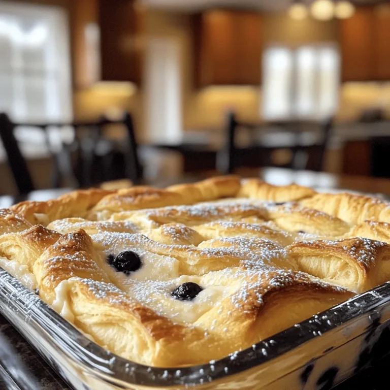 To make Cheesecake Crescent Rolls Casserole, gather these simple ingredients: - 2 cans of crescent roll dough - 16 oz cream cheese, softened to room temperature - 1 cup granulated sugar - 1 teaspoon pure vanilla extract - 2 large eggs, at room temperature - 1/4 cup sour cream - 1/4 teaspoon almond extract - 1/2 cup fresh blueberries (or your choice of berries or fruits) - Powdered sugar for dusting When you shop for ingredients, focus on freshness. Choose cream cheese that feels soft and smooth. For sugar, go for granulated varieties. It mixes well with other ingredients. Pick eggs that are large and at room temperature for the best texture. For fruits, fresh blueberries add a great pop of flavor. You can also use strawberries or raspberries if you prefer. Always check for any bruises or blemishes on the fruit. If you want to make this recipe fit your diet, here are some easy swaps: - Use a dairy-free cream cheese for lactose-free options. - Swap granulated sugar with coconut sugar or a sugar substitute. - Use egg substitutes like flaxseed meal mixed with water for a vegan option. - Replace sour cream with a dairy-free yogurt for a lighter touch. These changes keep the dish tasty while accommodating different diets. For the full recipe, click here. Start by preheating your oven to 375°F (190°C). This helps the casserole cook evenly. Take one can of crescent roll dough and unroll it. Place the dough in a greased 9x13-inch baking dish. Press the seams together. This forms a nice, smooth base. Make sure there are no gaps. This base holds all the yummy filling. In a large bowl, add 16 oz of softened cream cheese. Next, pour in 1 cup of granulated sugar. Add 1 teaspoon of pure vanilla extract. Mix these until smooth with an electric mixer. You want it creamy with no lumps. Crack 2 large eggs into the bowl, adding them one at a time. Mix well after each egg. Then, add 1/4 cup of sour cream and 1/4 teaspoon of almond extract. Blend until everything is well combined. Gently fold in half of the fresh blueberries. These add great flavor and color. Pour the creamy cheesecake filling over the crescent roll base. Use a spatula to spread it evenly. Next, take the second can of crescent roll dough. Tear it into small pieces. Scatter these pieces over the filling. Some can overlap, while others should show. This gives a lovely look to the casserole. Finally, sprinkle the remaining blueberries on top. Bake the casserole in the preheated oven for about 25-30 minutes. Look for a golden brown top and a set filling. After baking, let it cool for a few minutes. Dust the top with powdered sugar before serving. This adds a sweet finish. Enjoy your Cheesecake Crescent Rolls Casserole! For the full recipe, check out the [Full Recipe]. To get that lovely golden top, follow these steps: - Preheat your oven. Make sure your oven reaches 375°F (190°C) before baking. This ensures even cooking. - Even layering. Spread the crescent roll dough evenly in the pan. Avoid gaps or thick spots. - Watch the time. Bake for 25-30 minutes. Keep an eye on it. The golden color shows it’s ready. - Use the right rack. Place your dish in the center of the oven. This helps it cook evenly without burning. Cooling your casserole is just as important as baking: - Let it cool. After baking, cool the casserole for about 10-15 minutes before slicing. This helps the filling set. - Slice with care. Use a sharp knife for clean cuts. This keeps each piece looking nice. - Dust with powdered sugar. A light dusting adds sweetness and a touch of elegance. Use a sieve for even coverage. - Garnish for flair. Fresh berries or a mint sprig on top makes it look fancy. Avoid these common errors to ensure your casserole shines: - Skipping the softening step. Always soften cream cheese. Cold cream cheese doesn’t mix well and can cause lumps. - Overmixing the batter. Mix just until combined. Overmixing can make the filling dense. - Not checking for doneness. If unsure, insert a toothpick in the center. If it comes out clean, it’s ready. - Ignoring storage. If you have leftovers, store them in an airtight container. This keeps them fresh. For the full recipe, check out the [Full Recipe]. {{image_4}} You can change the fruits in this casserole to match your tastes. Strawberries, raspberries, or peaches are great choices. You can even mix different fruits for a fun burst of flavor. Swap the vanilla extract for lemon or orange for a bright twist. This adds a fresh note that complements the creaminess of the cheesecake. If you need a gluten-free version, use gluten-free crescent roll dough. Check the label to ensure it’s safe for your needs. For a dairy-free option, try vegan cream cheese and plant-based milk. This way, everyone can enjoy this tasty treat without worry. This casserole shines as both breakfast and dessert. Serve it warm for breakfast with coffee or tea. You can add a drizzle of honey or maple syrup for extra sweetness. As a dessert, enjoy it chilled with a scoop of vanilla ice cream. Each way, it’s a treat that everyone will love. Check out the Full Recipe for more ways to enjoy this dish. To keep your cheesecake crescent rolls casserole fresh, store it in an airtight container. Make sure it cools down fully before sealing. This helps keep moisture in and prevents drying out. If you have a large portion, slice it into squares before storing. This makes it easy to grab a piece later. When you're ready to enjoy leftovers, preheat your oven to 350°F (175°C). Place the casserole in an oven-safe dish. Cover it with foil to retain moisture and heat for about 15-20 minutes. This method keeps the texture soft and delicious. You can also microwave individual pieces for about 30-45 seconds, but the oven method gives better results. You can safely store the cheesecake crescent rolls casserole in the fridge for 3-4 days. If you want to keep it longer, consider freezing it. Wrap it tightly in plastic wrap and then in foil to prevent freezer burn. The casserole can last in the freezer for up to 2 months. Just remember to label it with the date! For best results, thaw it in the fridge overnight before reheating. Yes, you can prepare this casserole ahead of time. Just assemble it and cover it well. Store it in the fridge for up to 24 hours before baking. This allows the flavors to blend beautifully. When ready to bake, just pop it in the oven. You might need to add a few extra minutes to the baking time. If your cheesecake filling is runny, check your mixing technique. Make sure to blend the cream cheese and sugar until smooth. Adding eggs one at a time is crucial. If it still seems thin, add a bit more cream cheese or an extra egg. This will help it firm up during baking. This casserole is a sweet treat on its own. For a balanced meal, consider serving it with fresh fruit. You can pair it with a light yogurt or whipped cream. A cup of coffee or tea also complements it nicely. For something extra, a drizzle of chocolate sauce can enhance the flavors. Don't forget to check the Full Recipe for more ideas! This blog post covers how to make a tasty Cheesecake Crescent Rolls Casserole. We discussed the ingredients needed, along with tips for choosing the best ones. I shared different ways to adapt the recipe for dietary needs. You learned the step-by-step process and key baking tips. I also provided storage advice and answered common questions. Making this dish can be fun and simple. Enjoy your cheesecake creation, and share it with friends!