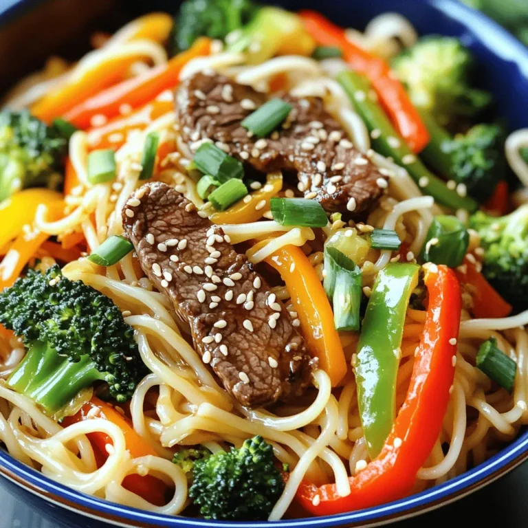 - 8 oz. beef sirloin - 8 oz. fresh rice noodles - 1 bell pepper, sliced (any color) - 1 cup broccoli florets - 2 medium-sized carrots, julienned - 3 tablespoons soy sauce - 1 tablespoon oyster sauce (optional) - 1 tablespoon hoisin sauce - 2 cloves garlic, minced - 1 inch fresh ginger, grated - 1 teaspoon sesame oil - 3 green onions, chopped (separate white and green parts) - Toasted sesame seeds for garnish In this recipe, I use beef sirloin for a tender bite. Fresh rice noodles make this dish quick and tasty. You can use any color bell pepper, adding fun and color. Broccoli florets and julienned carrots give a nice crunch. The sauces bring all the flavors together. Soy sauce adds saltiness. Oyster sauce gives a rich, savory taste. Hoisin sauce adds sweetness and depth. For seasonings, garlic and ginger create a fragrant base. A hint of sesame oil adds warmth. The green onions provide fresh contrast. Toasted sesame seeds offer a crunchy finish. You can find the full recipe in another section, but these are the key ingredients you need to make a delicious beef noodle stir fry. - Thinly slice the beef - Julienne the carrots - Cut the broccoli into florets Start by slicing the beef into thin strips. This helps it cook quickly and evenly. Next, take your carrots and cut them into thin matchstick pieces, also known as julienne. It makes them cook faster and looks nice. For the broccoli, cut it into small florets. All these steps help make the cooking process quick and easy. - Boiling the noodles - Preventing sticking Fill a large pot with water and bring it to a boil. Once boiling, add the fresh rice noodles. Cook them for 2-3 minutes, following the package instructions. When they’re ready, drain them. To stop them from sticking, drizzle a bit of sesame oil over the noodles. Toss them gently to coat. Set the noodles aside for later. - Cooking the beef - Sautéing garlic and ginger - Adding and cooking the vegetables In a large wok or skillet, heat a tablespoon of vegetable oil over high heat. Once hot, add the sliced beef. Cook it for 2-3 minutes until it turns brown. Remove the beef from the pan and keep it warm. In the same pan, add another tablespoon of oil. Then, toss in minced garlic and grated ginger. Stir-fry them for about 30 seconds until fragrant. Now, it’s time for the vegetables! Add the bell pepper, broccoli, and carrots. Stir-fry them for 3-4 minutes until they are crisp but tender. - Returning beef to the pan - Mixing in sauces and noodles - Tossing everything together Now, return the cooked beef to the pan. Add the rice noodles, soy sauce, oyster sauce (if using), and hoisin sauce. Toss everything together gently for about a minute. Make sure the noodles are well-coated with the sauce. This ensures every bite is full of flavor. - Adjusting seasoning - Plating and garnishing Taste your stir-fry and adjust the seasoning with salt and pepper as needed. Just before serving, mix in the white parts of the chopped green onions for added flavor. Serve your delicious stir-fry in bowls or on a platter. Top with the green onion greens and sprinkle toasted sesame seeds for a lovely crunch. Enjoy your Beef Noodle Stir Fry! For the full recipe, check out the details included earlier. To achieve the best stir-fry, you need high heat. Start with a hot wok or skillet. This helps cook the meat and veggies quickly. It seals in flavors and keeps everything crisp. - Use thin slices of beef. This helps it cook fast and stay tender. - Prep all ingredients first. When everything is ready, you can cook quickly. For high heat cooking, use oils with high smoke points. Vegetable oil works great. It won’t burn as easily. - Heat the oil before adding food. You’ll know it’s ready when it shimmers. - Cook in small batches. This keeps the temperature steady. If you want to switch proteins, try chicken or shrimp. Both work well in stir-fry dishes. - Chicken: Use thinly sliced breast or thigh meat. - Shrimp: Shell and devein them before cooking. For vegetables, feel free to get creative. You can use snap peas, zucchini, or mushrooms. - Snap peas: Add them for a crisp bite. - Zucchini: Slice or julienne for a light texture. - Mushrooms: Add umami flavor and a meaty texture. Prepping your meals can save time later. Cook the beef and veggies ahead of time. Store them in the fridge for up to three days. - Meal prep suggestions: Prepare noodle portions in advance. Cook them when you’re ready to eat. - Freezing leftovers: If you have extra stir-fry, freeze it. Use an airtight container to keep it fresh. This way, you can enjoy it later without losing flavor. By following these tips, you’ll make cooking easier and more fun! {{image_4}} You can switch the beef for chicken. Just slice the chicken thinly like the beef. Cook it in the same way. This gives a tasty chicken stir-fry option. For a vegetarian twist, try tofu. Use firm tofu and press it to remove water. Cut it into cubes and stir-fry it until golden. This makes a great vegetarian alternative. Want more flavor? Add spices like chili flakes or black pepper. These spices can give your dish a kick. You can also try adding garlic powder or five-spice powder. Using different sauces can change everything. Try teriyaki or sweet and sour sauce instead of soy sauce. Each sauce adds a unique taste to your dish. You can mix sauces too for even more flavor. Pair your stir-fry with side dishes like steamed rice or fried rice. Both add texture and taste. You can also serve it with a simple salad for freshness. For ideal accompaniments, think of spring rolls or dumplings. They make great sides and are fun to eat with your stir-fry. Enjoy your meal together for a full experience! To keep your beef noodle stir fry fresh, store it in an airtight container. Place it in the fridge right after it cools. This way, you prevent bacteria growth. Your stir fry will last for about 3 to 4 days in the fridge. The best way to reheat stir fry is in a pan over medium heat. Add a splash of water or broth to steam the noodles and veggies. This helps keep the texture nice. Stir it often to warm everything evenly. You can also use the microwave, but this may make the noodles a bit soggy. To freeze leftover stir fry, place it in freezer-safe bags or containers. Remove as much air as possible to prevent freezer burn. Your stir fry can last up to 3 months in the freezer. When you’re ready to eat, thaw it in the fridge overnight. Reheat it in a pan for the best results. To boost flavor in your Beef Noodle Stir Fry, use fresh herbs. Cilantro or basil can add a nice touch. Add chili paste for heat. A splash of lime juice brightens the dish. You can also try using different sauces. Consider adding a dash of fish sauce for depth. Yes, you can use various noodles. Egg noodles provide a richer taste. Soba noodles add a unique flavor and are healthier. Udon noodles are thicker and chewy. For gluten-free options, try rice noodles or zucchini noodles. You can add many ingredients to make this dish your own. Try snap peas or mushrooms for extra texture. Add baby corn for a sweet crunch. For a twist, include pineapple or cashews. Feel free to adjust the vegetables based on what you have. Beef stir fry can be healthy, depending on your ingredients. Lean beef offers protein and iron. Plenty of veggies add essential vitamins and fiber. To make it healthier, use less oil and low-sodium soy sauce. You can also add more vegetables to boost nutrition. Stir-frying cooks food quickly over high heat while stirring. It uses a small amount of oil. Sautéing also cooks quickly but may use more oil. Stir-frying often involves tossing ingredients in a wok. Sautéing is done in a skillet, cooking food flat. Both methods create tasty dishes but differ in style. This blog post covers everything you need for a great Beef Noodle Stir Fry. We explored key ingredients like beef sirloin, fresh noodles, and tasty sauces. The step-by-step guide made cooking simple and clear. Plus, I shared tips for techniques and ingredient swaps to customize your dish. Remember, cooking is fun and allows you to be creative. Whether you choose beef, chicken, or veggies, the possibilities are endless. Enjoy your cooking and the delicious results that follow!