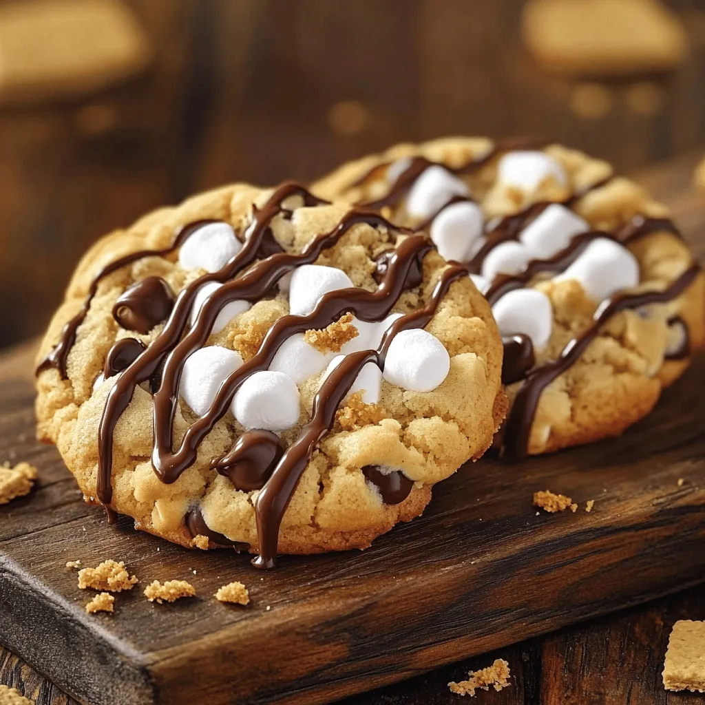 - 1 cup unsalted butter - 3/4 cup packed brown sugar - 1/2 cup granulated sugar - 2 large eggs - 1 teaspoon pure vanilla extract - 2 1/4 cups all-purpose flour - 1 teaspoon baking soda - 1/2 teaspoon salt - 1 cup chocolate chips - 1 cup mini marshmallows - 1/2 cup graham cracker crumbs - Extra toppings You can make this recipe even more fun by trying different ingredients. Here are some ideas: - <strong>Butter alternatives</strong>: You can use coconut oil or margarine if you want a dairy-free option. – <strong>Sugar options</strong>: Try using coconut sugar or honey for a different sweetness. – <strong>Gluten-free modifications</strong>: Substitute regular flour with a gluten-free blend. Just make sure it has xanthan gum for the best texture. Explore these options to enjoy s’mores cookies that fit your taste! For the full recipe, check the details above. 1. <strong>Preheat the Oven</strong>: First, heat your oven to 350°F (175°C). Line a baking sheet with parchment paper. This step helps the cookies not stick. 2. <strong>Creaming the Butter and Sugars</strong>: In a big bowl, mix 1 cup of softened butter with 3/4 cup of brown sugar and 1/2 cup of granulated sugar. Use an electric mixer on medium speed. Beat for about 2-3 minutes. The mixture should look creamy and lighter in color. 3. <strong>Incorporating Eggs and Vanilla</strong>: Add 2 large eggs one at a time. Mix well after each egg. Then, stir in 1 teaspoon of pure vanilla extract. Make sure it is fully mixed in. 1. <strong>Mixing Dry Ingredients</strong>: In another bowl, whisk together 2 1/4 cups of all-purpose flour, 1 teaspoon of baking soda, and 1/2 teaspoon of salt. This mix is important for the cookie’s structure. 2. <strong>Folding Chocolate Chips and Marshmallows</strong>: Slowly add the dry mix to the wet mix. Stir just until combined. Avoid overmixing to keep the cookies soft. Now, fold in 1 cup of chocolate chips, 1 cup of mini marshmallows, and 1/2 cup of graham cracker crumbs. Make sure the dough has even bits of chocolate and marshmallows. 1. <strong>Scooping the Dough</strong>: Use a cookie scoop or a tablespoon to drop rounded balls of dough onto the lined baking sheet. Space each ball about 2 inches apart. This gives them room to spread. 2. <strong>Topping and Baking Time</strong>: Press a few extra mini marshmallows and chocolate chips on top of each cookie. Bake in the preheated oven for 10-12 minutes. The edges should look set and lightly golden. The centers should stay a bit soft. These steps will lead you to a batch of delightful S’mores Cookies. For a complete guide, check the Full Recipe. <strong>Ensuring the Perfect Texture</strong> To get S’mores cookies just right, watch your mixing. Avoid overmixing the dough. Mix only until you see no more dry flour. This helps keep the cookies soft and chewy. After baking, let them cool. Cooling on a wire rack works best. This keeps the bottoms from getting soggy. <strong>Enhancing Flavor</strong> Choosing the right chocolate can change your cookies. I like using a mix of milk and dark chocolate chips. They create a rich taste that pairs well with marshmallows. You can also play with flavors. Adding a pinch of cinnamon can spice things up. It gives your cookies a warm, cozy feel. <strong>Serving Suggestions</strong> For presentation, think simple and fun. Arrange the cookies on a rustic wooden board. You can drizzle melted chocolate over them for extra flair. Scatter graham cracker crumbs around the cookies to make them look like classic s’mores. For drinks, pair these treats with cold milk or hot cocoa. They balance the sweetness and make every bite more enjoyable. {{image_4}} You can make your s’mores cookies even tastier with fun extras. Adding peanut butter to the dough gives a nutty taste. You can mix in Nutella for a rich, chocolatey twist. Try using different candy bars, like Snickers or Reese’s, for a unique flavor. Just chop them up and fold them into the dough. If you want vegan s’mores cookies, swap the butter with coconut oil. Use flax eggs instead of regular eggs. This keeps the cookies soft and chewy. For nut-free versions, skip the peanut butter and any nut-based chocolates. You can still enjoy these delicious cookies without allergens. Get creative with themed cookies! Make holiday-inspired s’mores cookies by adding festive spices like cinnamon or nutmeg. You can also shape the cookies into fun designs for special occasions. Use cookie cutters to create stars or hearts. These small changes make your cookies extra special and fun to share. For the full recipe, check out the [Full Recipe]. To keep your s’mores cookies fresh, store them in an airtight container. This method locks in moisture and flavor. A good trick is to add a slice of bread to the container. The bread keeps cookies soft for days. Avoid stacking cookies directly on top of each other. Instead, place parchment paper between layers. This prevents them from sticking. If you want to enjoy them later, follow these tips closely. Freezing cookie dough is easy and fun. First, scoop the dough into balls and place them on a baking sheet. Freeze them for about an hour until firm. Then, transfer the frozen dough balls into a zip-top bag. Make sure to label the bag with the date. When you want to bake frozen cookies, simply take them out. Do not thaw them first. Preheat your oven and bake them for a couple of extra minutes. This ensures they come out warm and delicious. Stored s’mores cookies last about a week at room temperature. If you freeze them, they can stay fresh for up to three months. Just remember to check for signs of freezer burn. Always enjoy your cookies while they taste their best! <strong>Can I use regular marshmallows instead of mini?</strong> Yes, you can use regular marshmallows. Just cut them into smaller pieces. This helps them mix in better. Mini marshmallows melt quickly and blend well. They also create that gooey texture we love. <strong>How to avoid spreading during baking?</strong> To prevent spreading, chill the dough. Place it in the fridge for about 30 minutes. This helps the butter firm up. You can also scoop the dough onto the baking sheet and freeze them for a few minutes. <strong>What is the best way to soften butter quickly?</strong> To soften butter fast, cut it into small cubes. Place the cubes in a bowl and let them sit for about 10 minutes. You can also microwave it on low for just a few seconds. Keep an eye on it to avoid melting. <strong>How to adjust recipe for more servings?</strong> To make more cookies, simply double or triple the ingredients. This keeps the same ratios. For example, if you want to make 48 cookies, use 2 cups of butter instead of 1. <strong>Can I omit chocolate chips and just use marshmallows?</strong> You can skip the chocolate chips. However, you will lose some of that rich flavor. The cookies will still be tasty with just marshmallows and graham crackers. <strong>What to do if cookie dough is too sticky?</strong> If your dough is sticky, add a little more flour. Start with a tablespoon at a time. Mix well after each addition. This will help make the dough easier to scoop and shape. For the full recipe, check the detailed steps above. Enjoy making your S’mores Cookies! In this blog post, I shared a simple recipe for S’mores Cookies. You learned about the key ingredients and their substitutes. I provided step-by-step instructions for mixing and baking. Tips helped you achieve the perfect cookies. Remember, tweaking flavors can lead to tasty new treats. Follow storage tips to keep your cookies fresh. Enjoy making and sharing these cookies with friends and family. Get ready to impress everyone with your baking skills!” /></p>
</p>
<h2>Variations</h2>
</p>
<h3>Flavorful Additions</h3>
</p>
<p>You can make your s’mores cookies even tastier with fun extras. Adding peanut butter to the dough gives a nutty taste. You can mix in Nutella for a rich, chocolatey twist. Try using different candy bars, like Snickers or Reese’s, for a unique flavor. Just chop them up and fold them into the dough.</p>
</p>
<h3>Dietary Modifications</h3>
</p>
<p>If you want vegan s’mores cookies, swap the butter with coconut oil. Use flax eggs instead of regular eggs. This keeps the cookies soft and chewy. For nut-free versions, skip the peanut butter and any nut-based chocolates. You can still enjoy these delicious cookies without allergens.</p>
</p>
<h3>Themed Cookies</h3>
</p>
<p>Get creative with themed cookies! Make holiday-inspired s’mores cookies by adding festive spices like cinnamon or nutmeg. You can also shape the cookies into fun designs for special occasions. Use cookie cutters to create stars or hearts. These small changes make your cookies extra special and fun to share.</p>
</p>
<p>For the full recipe, check out the [Full Recipe].</p>
</p>
<h2>Storage Info</h2>
</p>
<h3>Storing Leftovers</h3>
</p>
<p>To keep your s’mores cookies fresh, store them in an airtight container. This method locks in moisture and flavor. A good trick is to add a slice of bread to the container. The bread keeps cookies soft for days.</p>
</p>
<p>Avoid stacking cookies directly on top of each other. Instead, place parchment paper between layers. This prevents them from sticking. If you want to enjoy them later, follow these tips closely.</p>
</p>
<h3>Freezing Instructions</h3>
</p>
<p>Freezing cookie dough is easy and fun. First, scoop the dough into balls and place them on a baking sheet. Freeze them for about an hour until firm. Then, transfer the frozen dough balls into a zip-top bag. Make sure to label the bag with the date.</p>
</p>
<p>When you want to bake frozen cookies, simply take them out. Do not thaw them first. Preheat your oven and bake them for a couple of extra minutes. This ensures they come out warm and delicious.</p>
</p>
<h3>Shelf Life</h3>
</p>
<p>Stored s’mores cookies last about a week at room temperature. If you freeze them, they can stay fresh for up to three months. Just remember to check for signs of freezer burn. Always enjoy your cookies while they taste their best!</p>
</p>
<h2>FAQs</h2>
</p>
<h3>Common Questions</h3>
</p>
<p><strong>Can I use regular marshmallows instead of mini?</strong></p>
<p>Yes, you can use regular marshmallows. Just cut them into smaller pieces. This helps them mix in better. Mini marshmallows melt quickly and blend well. They also create that gooey texture we love.</p>
</p>
<p><strong>How to avoid spreading during baking?</strong></p>
<p>To prevent spreading, chill the dough. Place it in the fridge for about 30 minutes. This helps the butter firm up. You can also scoop the dough onto the baking sheet and freeze them for a few minutes.</p>
</p>
<p><strong>What is the best way to soften butter quickly?</strong></p>
<p>To soften butter fast, cut it into small cubes. Place the cubes in a bowl and let them sit for about 10 minutes. You can also microwave it on low for just a few seconds. Keep an eye on it to avoid melting.</p>
</p>
<h3>Recipe-Specific Questions</h3>
</p>
<p><strong>How to adjust recipe for more servings?</strong></p>
<p>To make more cookies, simply double or triple the ingredients. This keeps the same ratios. For example, if you want to make 48 cookies, use 2 cups of butter instead of 1.</p>
</p>
<p><strong>Can I omit chocolate chips and just use marshmallows?</strong></p>
<p>You can skip the chocolate chips. However, you will lose some of that rich flavor. The cookies will still be tasty with just marshmallows and graham crackers.</p>
</p>
<p><strong>What to do if cookie dough is too sticky?</strong></p>
<p>If your dough is sticky, add a little more flour. Start with a tablespoon at a time. Mix well after each addition. This will help make the dough easier to scoop and shape.</p>
</p>
<p>For the full recipe, check the detailed steps above. Enjoy making your S’mores Cookies!</p>
</p>
<p>In this blog post, I shared a simple recipe for S’mores Cookies. You learned about the key ingredients and their substitutes. I provided step-by-step instructions for mixing and baking. Tips helped you achieve the perfect cookies.</p>
</p>
<p>Remember, tweaking flavors can lead to tasty new treats. Follow storage tips to keep your cookies fresh. Enjoy making and sharing these cookies with friends and family. Get ready to impress everyone with your baking skills!</p>
<div id=