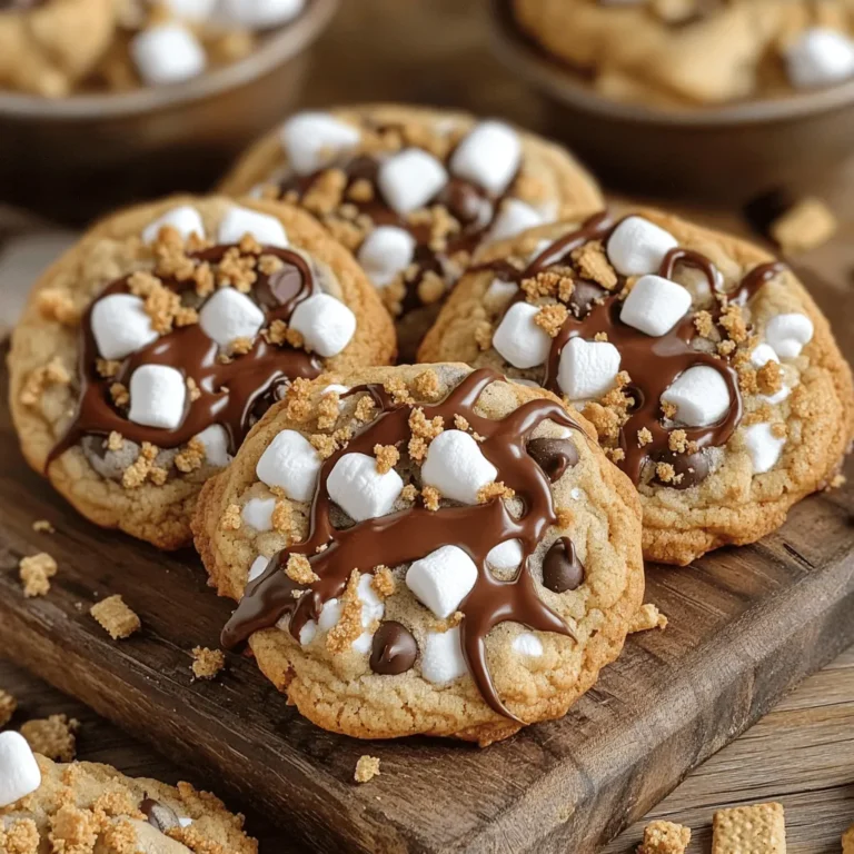 - 1 cup unsalted butter - 3/4 cup packed brown sugar - 1/2 cup granulated sugar - 2 large eggs - 1 teaspoon pure vanilla extract - 2 1/4 cups all-purpose flour - 1 teaspoon baking soda - 1/2 teaspoon salt - 1 cup chocolate chips - 1 cup mini marshmallows - 1/2 cup graham cracker crumbs - Extra toppings You can make this recipe even more fun by trying different ingredients. Here are some ideas: - Butter alternatives: You can use coconut oil or margarine if you want a dairy-free option. - Sugar options: Try using coconut sugar or honey for a different sweetness. - Gluten-free modifications: Substitute regular flour with a gluten-free blend. Just make sure it has xanthan gum for the best texture. Explore these options to enjoy s'mores cookies that fit your taste! For the full recipe, check the details above. 1. Preheat the Oven: First, heat your oven to 350°F (175°C). Line a baking sheet with parchment paper. This step helps the cookies not stick. 2. Creaming the Butter and Sugars: In a big bowl, mix 1 cup of softened butter with 3/4 cup of brown sugar and 1/2 cup of granulated sugar. Use an electric mixer on medium speed. Beat for about 2-3 minutes. The mixture should look creamy and lighter in color. 3. Incorporating Eggs and Vanilla: Add 2 large eggs one at a time. Mix well after each egg. Then, stir in 1 teaspoon of pure vanilla extract. Make sure it is fully mixed in. 1. Mixing Dry Ingredients: In another bowl, whisk together 2 1/4 cups of all-purpose flour, 1 teaspoon of baking soda, and 1/2 teaspoon of salt. This mix is important for the cookie’s structure. 2. Folding Chocolate Chips and Marshmallows: Slowly add the dry mix to the wet mix. Stir just until combined. Avoid overmixing to keep the cookies soft. Now, fold in 1 cup of chocolate chips, 1 cup of mini marshmallows, and 1/2 cup of graham cracker crumbs. Make sure the dough has even bits of chocolate and marshmallows. 1. Scooping the Dough: Use a cookie scoop or a tablespoon to drop rounded balls of dough onto the lined baking sheet. Space each ball about 2 inches apart. This gives them room to spread. 2. Topping and Baking Time: Press a few extra mini marshmallows and chocolate chips on top of each cookie. Bake in the preheated oven for 10-12 minutes. The edges should look set and lightly golden. The centers should stay a bit soft. These steps will lead you to a batch of delightful S'mores Cookies. For a complete guide, check the Full Recipe. Ensuring the Perfect Texture To get S'mores cookies just right, watch your mixing. Avoid overmixing the dough. Mix only until you see no more dry flour. This helps keep the cookies soft and chewy. After baking, let them cool. Cooling on a wire rack works best. This keeps the bottoms from getting soggy. Enhancing Flavor Choosing the right chocolate can change your cookies. I like using a mix of milk and dark chocolate chips. They create a rich taste that pairs well with marshmallows. You can also play with flavors. Adding a pinch of cinnamon can spice things up. It gives your cookies a warm, cozy feel. Serving Suggestions For presentation, think simple and fun. Arrange the cookies on a rustic wooden board. You can drizzle melted chocolate over them for extra flair. Scatter graham cracker crumbs around the cookies to make them look like classic s'mores. For drinks, pair these treats with cold milk or hot cocoa. They balance the sweetness and make every bite more enjoyable. {{image_4}} You can make your s'mores cookies even tastier with fun extras. Adding peanut butter to the dough gives a nutty taste. You can mix in Nutella for a rich, chocolatey twist. Try using different candy bars, like Snickers or Reese's, for a unique flavor. Just chop them up and fold them into the dough. If you want vegan s'mores cookies, swap the butter with coconut oil. Use flax eggs instead of regular eggs. This keeps the cookies soft and chewy. For nut-free versions, skip the peanut butter and any nut-based chocolates. You can still enjoy these delicious cookies without allergens. Get creative with themed cookies! Make holiday-inspired s'mores cookies by adding festive spices like cinnamon or nutmeg. You can also shape the cookies into fun designs for special occasions. Use cookie cutters to create stars or hearts. These small changes make your cookies extra special and fun to share. For the full recipe, check out the [Full Recipe]. To keep your s'mores cookies fresh, store them in an airtight container. This method locks in moisture and flavor. A good trick is to add a slice of bread to the container. The bread keeps cookies soft for days. Avoid stacking cookies directly on top of each other. Instead, place parchment paper between layers. This prevents them from sticking. If you want to enjoy them later, follow these tips closely. Freezing cookie dough is easy and fun. First, scoop the dough into balls and place them on a baking sheet. Freeze them for about an hour until firm. Then, transfer the frozen dough balls into a zip-top bag. Make sure to label the bag with the date. When you want to bake frozen cookies, simply take them out. Do not thaw them first. Preheat your oven and bake them for a couple of extra minutes. This ensures they come out warm and delicious. Stored s'mores cookies last about a week at room temperature. If you freeze them, they can stay fresh for up to three months. Just remember to check for signs of freezer burn. Always enjoy your cookies while they taste their best! Can I use regular marshmallows instead of mini? Yes, you can use regular marshmallows. Just cut them into smaller pieces. This helps them mix in better. Mini marshmallows melt quickly and blend well. They also create that gooey texture we love. How to avoid spreading during baking? To prevent spreading, chill the dough. Place it in the fridge for about 30 minutes. This helps the butter firm up. You can also scoop the dough onto the baking sheet and freeze them for a few minutes. What is the best way to soften butter quickly? To soften butter fast, cut it into small cubes. Place the cubes in a bowl and let them sit for about 10 minutes. You can also microwave it on low for just a few seconds. Keep an eye on it to avoid melting. How to adjust recipe for more servings? To make more cookies, simply double or triple the ingredients. This keeps the same ratios. For example, if you want to make 48 cookies, use 2 cups of butter instead of 1. Can I omit chocolate chips and just use marshmallows? You can skip the chocolate chips. However, you will lose some of that rich flavor. The cookies will still be tasty with just marshmallows and graham crackers. What to do if cookie dough is too sticky? If your dough is sticky, add a little more flour. Start with a tablespoon at a time. Mix well after each addition. This will help make the dough easier to scoop and shape. For the full recipe, check the detailed steps above. Enjoy making your S'mores Cookies! In this blog post, I shared a simple recipe for S'mores Cookies. You learned about the key ingredients and their substitutes. I provided step-by-step instructions for mixing and baking. Tips helped you achieve the perfect cookies. Remember, tweaking flavors can lead to tasty new treats. Follow storage tips to keep your cookies fresh. Enjoy making and sharing these cookies with friends and family. Get ready to impress everyone with your baking skills!