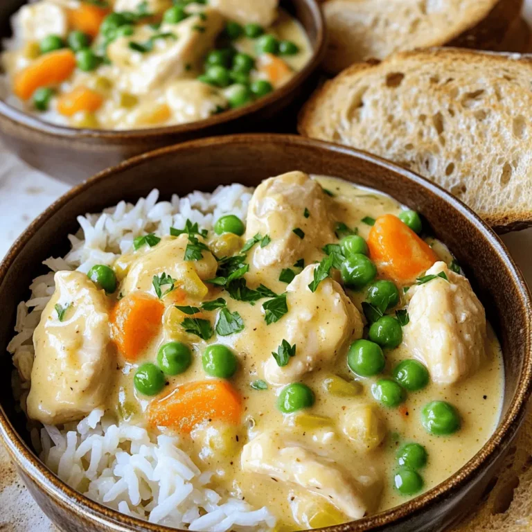 - 2 cups cooked rice (white or brown) - 2 boneless, skinless chicken breasts - 1 cup rich chicken broth - 1 cup heavy cream - 1 cup frozen peas and carrots blend - 1 medium yellow onion - 3 cloves of garlic - 1 teaspoon dried thyme - 1 teaspoon smoked paprika - Salt and pepper to taste - 2 tablespoons olive oil - Fresh parsley for garnish In this recipe, the main ingredients come together to create a warm and creamy dish. You need two cups of cooked rice. This can be either white or brown, based on your choice. The chicken breasts should be boneless and skinless. Cut them into bite-sized pieces for easy cooking. The chicken broth adds flavor, while heavy cream gives the dish its rich, creamy texture. For vegetables, I like to use a blend of frozen peas and carrots. They add color and nutrition. You’ll also need a medium yellow onion and three cloves of minced garlic. Seasoning is key! Dried thyme and smoked paprika bring warmth and depth. Don't forget to add salt and pepper to taste. Finally, use olive oil for cooking and fresh parsley for a lovely garnish. These simple ingredients come together to create a comforting meal. For the complete details, check the Full Recipe. To start, heat your olive oil in a large skillet over medium heat. Once the oil is hot, add the chopped onion. Sauté it for about 3-4 minutes until it turns translucent. This brings great flavor to your dish. Next, add the minced garlic. Sauté for one more minute, stirring often to avoid burning. Now, it’s time to add the chicken. Cut the chicken breasts into bite-sized pieces. Season them with salt, pepper, thyme, and smoked paprika. Cook the chicken for 7-10 minutes. Stir occasionally until there’s no pink left inside. Your kitchen will smell amazing at this point. Once the chicken is ready, stir in the frozen peas and carrots. Cook them for 3-4 minutes until they are warm and tender. Then, pour in the chicken broth. Bring it to a gentle simmer for about 5 minutes. This step allows the flavors to blend well together. Now, reduce the heat a bit more. Gradually whisk in the heavy cream, stirring non-stop. This will give your dish a creamy finish. Carefully fold in the cooked rice. Make sure everything is mixed well. Taste it and add more salt or pepper if needed. Let the dish simmer for an extra 5 minutes. This allows the flavors to meld beautifully. After that, take the skillet off the heat. Let it rest for one minute to thicken the sauce. For the full recipe, check out the details above. Enjoy your comforting meal! To get that perfect creamy texture, heavy cream is a must. It gives the dish a rich, smooth feel. You can also reduce the chicken broth. This step concentrates the flavors and thickens the sauce. Adjusting seasoning is key. Taste as you cook and add salt and pepper to make it just right. Serving your creamy chicken and rice in deep bowls makes it look fancy. A sprinkle of fresh parsley adds a pop of color. For sides, crusty bread pairs well. It soaks up the creamy sauce and adds texture. Try to make your meal look inviting. It makes each bite more enjoyable. {{image_4}} You can easily modify this creamy chicken and rice dish for different diets. If you need a gluten-free option, use gluten-free rice or broth. This simple swap keeps the dish safe and tasty. For a vegetarian alternative, replace chicken with tofu or chickpeas. You can also use vegetable broth instead of chicken broth. These changes let everyone enjoy this meal. Adding different herbs or spices can change the flavor. Try adding basil, oregano, or rosemary for a fresh twist. You can also sprinkle in some chili flakes for heat. Think about mixing in extra veggies too. Spinach, bell peppers, or mushrooms work well. This boosts nutrition and adds color to your dish. You can adapt this recipe to suit your kitchen tools. For a slow cooker version, sauté the onion and garlic first, then add all ingredients to the slow cooker. Cook on low for 4-6 hours. If you prefer an Instant Pot, use the sauté function first. Then, add all ingredients and cook on high pressure for about 10 minutes. Both methods save time and create delicious results. If you want to explore the full recipe, check out the Creamy Chicken and Rice Delight 🥣. Store your leftovers in the fridge. Use airtight containers to keep it fresh. Glass or plastic containers work well. Make sure to cool the dish before sealing. This prevents moisture build-up and keeps flavors intact. Enjoy your creamy chicken and rice within three days for the best taste. Freezing is a great option for longer storage. Divide the dish into smaller portions. Use freezer-safe containers or bags. Remove any excess air to avoid freezer burn. You can freeze it for up to three months. When you're ready to enjoy it again, thaw in the fridge overnight. To reheat, use the stovetop or microwave. Heat gently, stirring often. Add a splash of chicken broth or cream to restore the creamy texture. Enjoy this comforting meal anytime with these easy storage tips! For the full recipe, check out my Creamy Chicken and Rice Delight. Creamy Chicken and Rice lasts about 3 to 4 days in the fridge. Store it in an airtight container. This keeps it fresh and tasty. Make sure to cool it down before putting it in the fridge. Yes, you can make Creamy Chicken and Rice ahead of time. I suggest cooking it, letting it cool, and then storing it. This makes a quick meal later. You can reheat it in a pot or microwave before serving. Just add a splash of broth or water to keep it creamy. Creamy Chicken and Rice pairs well with many sides. Here are some great options: - Steamed broccoli for crunch - A simple side salad for freshness - Garlic bread for a hearty touch - Roasted carrots for sweetness These sides add color and flavor to your meal. Enjoy your delicious dinner! This blog post detailed a simple recipe for Creamy Chicken and Rice, from ingredients to storage tips. You learned about the key components, like chicken, rice, and heavy cream, to create a rich dish. I shared step-by-step instructions to guide you through cooking. Remember, you can easily adjust this recipe for dietary needs or flavors. With proper storage, you can enjoy this meal later. I hope you find these tips helpful as you make this delicious dish!