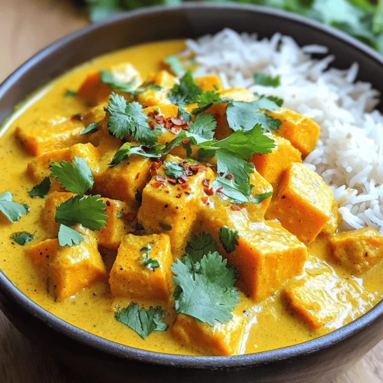For a rich and flavorful Indian pumpkin curry, you need some key ingredients. Here is what you will need: - 2 cups pumpkin, peeled and cubed - 1 cup canned coconut milk - 1 medium onion, finely chopped - 2 cloves garlic, minced - 1 tablespoon fresh ginger, grated - 1 ripe tomato, chopped - 1 teaspoon mustard seeds - 1 teaspoon cumin seeds - 1 teaspoon turmeric powder - 1 teaspoon garam masala - 1 teaspoon red chili powder (adjust based on your spice preference) - Salt to taste - 2 tablespoons vegetable oil - Fresh cilantro for garnish - 1 cup fresh spinach (optional) - 1 cup vegetable broth or water Each of these ingredients plays a vital role in building the dish's flavor. Pumpkin is the star of the show. It adds sweetness and creaminess. Coconut milk gives the curry a velvety texture, balancing the spices. Onion, garlic, and ginger create a delicious base. Their flavors blend well when sautéed together. The spices are essential too. Mustard seeds and cumin seeds add depth. Turmeric brings warmth and a golden color. Garam masala adds complexity, while red chili powder gives a kick. Adjust it to fit your taste. You can also add fresh spinach for a pop of color and nutrition. Cilantro makes a fresh garnish, brightening the dish. If you need more liquid, use vegetable broth or water to help cook the pumpkin. For the full recipe and cooking instructions, check out the [Full Recipe]. This curry is easy, tasty, and sure to please! First, grab a large pot and heat the vegetable oil over medium heat. Once the oil is hot, add the mustard seeds and cumin seeds. Listen for a crackling sound; this means the spices are toasting. Let them toast for about 30 seconds. This step brings out their flavors. Next, add the finely chopped onion, minced garlic, and grated ginger. Sauté them together for about 5 minutes. You want the onion to turn soft and translucent. This mix is the heart of your curry. Now, it’s time to add the chopped tomato to your pot. Stir well and let it cook for 3-4 minutes. The tomato should become soft and blend into the onion mixture. This step adds a nice tanginess. Sprinkle in the turmeric powder, garam masala, and red chili powder. Don’t forget the salt. Stir continuously for about a minute. This allows the spices to toast and deepen their flavors. Your kitchen will start to smell amazing! Gently fold the cubed pumpkin into the spiced mixture. Make sure each piece is coated with the spices. This ensures that every bite is full of flavor. Next, pour in the canned coconut milk and vegetable broth or water. Stir everything to combine. Bring the mixture to a gentle boil. This step helps to meld all the flavors together. Lower the heat to low and cover the pot. Let the curry simmer for about 20-25 minutes. Stir occasionally to prevent sticking. The pumpkin should become tender during this time. If you want to add spinach, do it in the last 5 minutes of cooking. After simmering, taste the curry. Adjust the seasoning with more salt if needed. For a creamier texture, use a potato masher to mash some pumpkin cubes. Keep others intact for a mix of textures. Before serving, garnish your curry with fresh cilantro. This adds a pop of color and freshness. Your Indian Pumpkin Curry is now ready to enjoy! Check out the [Full Recipe] for more details. To make the best Indian pumpkin curry, start by choosing the right pumpkin. I love using sugar pumpkins or kabocha for their sweet taste. They blend well with spices and give a rich flavor. Next, adjust the spice levels to fit your taste. If you like heat, add more red chili powder. For a milder dish, use less. Always taste as you go to find your perfect flavor. For a creamier curry, mash some pumpkin pieces with a potato masher. This gives the curry a nice thickness. You can keep some cubes whole for texture. If you want to boost nutrition, add fresh spinach during the last few minutes of cooking. It wilts nicely and adds color and vitamins. Serving is key to enjoying your dish. I recommend using deep bowls for the curry. Pair it with fluffy basmati rice or warm naan. This helps soak up the sauce. For a beautiful touch, garnish with fresh cilantro. A sprinkle of red chili flakes adds both color and a hint of spice. This makes your dish look as good as it tastes. For the full recipe, check out the Spiced Pumpkin Delight Curry. {{image_4}} You can easily make this Indian pumpkin curry vegan. Just ensure you use completely plant-based ingredients. For instance, use vegetable broth instead of chicken broth. This keeps the dish rich and creamy. To add extra variety, toss in other vegetables. Sweet potatoes, carrots, or bell peppers work well. They mix nicely with the pumpkin and spices. This not only boosts flavor but also adds color and nutrients. Spice blends can change the flavor of your curry. You can alter spices for regional flavor variations. For a milder taste, use less red chili powder. If you prefer a bolder flavor, add more garam masala. You can also use store-bought curry blends. They save time and provide great flavor. Look for blends that include turmeric, cumin, and coriander. These spices are key to a delicious curry. Pair your curry with different sides or condiments. Steamed basmati rice is a classic choice. Warm naan is also great for scooping up the curry. If you have leftover curry, get creative! Use it as a filling for wraps. You can also serve it over quinoa for a twist. The flavors stay rich and satisfying, making each meal unique. For the full recipe, check out the Spiced Pumpkin Delight Curry. To store your Indian pumpkin curry, let it cool first. Once cool, place it in an airtight container. This keeps it fresh in the fridge for up to three days. For longer storage, consider freezing it. Use freezer-safe bags or containers. Make sure to label them with the date. The curry can last in the freezer for about three months. When you’re ready to enjoy it again, just thaw it in the fridge overnight. Reheating your curry can be easy and tasty. The best way to reheat it is on the stove. Pour the curry into a pot and heat it over low to medium heat. Stir often to avoid sticking. If it seems too thick, add a splash of water or coconut milk. For a fresh touch, add some chopped cilantro or a squeeze of lime juice while reheating. This little boost can brighten the flavors and make it feel fresh again. You can find the full recipe for this delightful dish [Full Recipe]. Indian pumpkin curry lasts about 3 to 5 days in the fridge. Store it in an airtight container to keep it fresh. Always let it cool before putting it away. When reheating, heat it until hot, stirring well. Yes, fresh pumpkin is great! It gives the curry a bright flavor and better texture. Fresh pumpkin can taste sweeter and more vibrant than canned. Just peel, seed, and cube it before adding. It may take a little longer to cook, but it’s worth it. If you need a substitute for coconut milk, try almond milk or cashew cream for a non-dairy option. Regular milk can work too, but it will change the flavor. You can mix in some nut butter for richness. Each option provides a different taste, so choose what you like. The spice level can be adjusted. The red chili powder adds heat, but you can reduce it for a milder dish. If you want more spice, add more chili powder or fresh chilis. Taste the curry as you go, and make it just right for you. Indian Pumpkin Curry is a flavorful dish made with simple ingredients. We explored the essential components like pumpkin, spices, and coconut milk. I shared step-by-step instructions to build layers of flavor and enhance texture. You also learned tips for perfecting the taste, trying variations, and storing leftovers properly. In conclusion, making this curry is about balancing flavors and enjoying the process. Adjust the recipe to suit your taste, and serve it proudly!