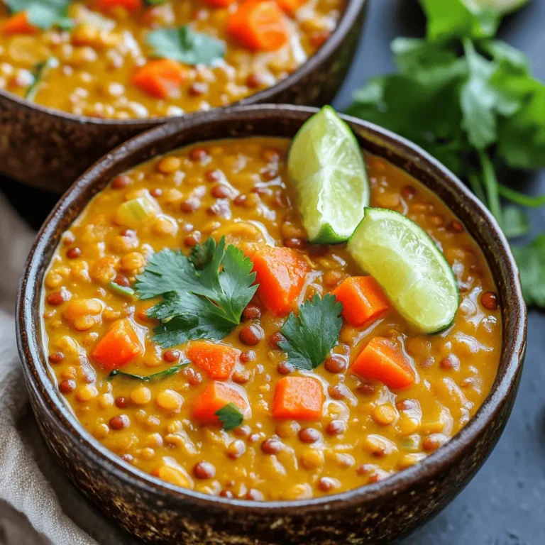 - 1 cup red lentils - 1 can full-fat coconut milk - Fresh vegetables: onion, garlic, ginger, carrot, and red bell pepper The main ingredient in this dish is red lentils. They cook fast and add a nice texture. I love using full-fat coconut milk for its rich flavor. It makes the curry creamy and thick. Fresh vegetables add color and nutrition. Onion, garlic, and ginger bring warmth to the dish. Carrots and red bell peppers add sweetness and crunch. - Curry powder and turmeric powder - Cumin seeds - Salt and black pepper Spices are key to flavor. I use curry powder and turmeric for a golden color. Cumin seeds add a warm, earthy taste. Salt and black pepper enhance all the flavors. These spices create a balanced and tasty curry that you will love. - Fresh cilantro and lime wedges - Suggestions for side dishes like rice or naan Garnishing the curry makes it look beautiful. Fresh cilantro adds a pop of green and a fresh taste. Lime wedges give a zesty kick. I suggest serving this curry with rice or naan. They soak up the creamy sauce well. You can find the full recipe [here]. Enjoy your cooking! 1. Heat the olive oil in a large pot over medium heat. 2. Add the cumin seeds and sauté them for 30 seconds. They will smell great! 3. Next, put in the chopped onion, minced garlic, and grated ginger. Stir them well. 4. Cook until the onion is soft and translucent, about 5 minutes. 5. Now, add the diced carrot and red bell pepper. Stir and cook for 5 more minutes. 1. Sprinkle in the curry powder and turmeric powder. Stir for one minute to toast the spices. 2. Add the rinsed red lentils, coconut milk, and vegetable broth to the pot. 3. Stir everything well to mix it all together. 4. Bring this mix to a gentle simmer. Cover the pot and let it cook for 20 minutes, stirring occasionally. 1. Once the lentils are tender, season the curry with salt and pepper. 2. If it’s too thick, add more vegetable broth or water to reach your desired texture. 3. Allow the pot to rest for a few minutes before serving. 4. Garnish with fresh cilantro and serve with lime wedges for extra flavor. For the full recipe, check out the detailed steps above! To make a great curry, start with your lentils. Rinse them well under cool water. This helps remove dust and any debris. Use a fine mesh strainer for the best results. Rinse until the water runs clear. For cooking, red lentils are quick. They cook in about 20 minutes. If you prefer a firmer texture, check a few minutes early. For softer lentils, let them simmer a bit longer. To boost flavor, consider adding spices. A pinch of cayenne brings heat. You might like adding fresh herbs like basil or cilantro. These can brighten the dish. If you want more heat, try fresh chilies or a dash of hot sauce. Adjust to your taste, but add just a little at a time. Remember, you can always add more! Presentation matters! Serve the creamy coconut lentil curry in warm bowls. Top it with fresh cilantro for a pop of color. You can also add lime wedges on the side. They add a zesty touch. Pair the curry with steaming rice or warm naan. This makes the meal complete. A beautiful plate makes the dish more inviting! For the full recipe, check out the link provided! {{image_4}} If you follow a vegan diet, you can enjoy this creamy coconut lentil curry without worry. All the ingredients are plant-based. For those needing gluten-free options, this dish is naturally free from gluten. You can swap lentils for other proteins like chickpeas or tofu for added texture. If you want to boost the veggies, consider adding spinach, zucchini, or sweet potatoes. Each choice brings new flavors and nutrients to your meal. Want to give your curry a global touch? You can add ingredients inspired by other cuisines. For a Thai twist, mix in some lemongrass and lime leaves. If you crave heat, toss in sliced jalapeños or chili flakes for a spicy kick. You could also turn to Caribbean flavors by adding pineapple chunks or mango for a touch of sweetness. Experimenting with these flavors keeps your dish exciting and fresh. Making a larger batch of creamy coconut lentil curry is a smart way to save time. You can freeze portions in airtight containers. This way, you have a quick meal ready for busy days. If you have leftovers, get creative! Try using the curry as a filling for tacos or a topping for baked potatoes. Mixing it into quinoa or rice can also add a new spin to your meals. Always keep food safety in mind and enjoy your curry in various ways. For the complete recipe, check out the Full Recipe. To store leftover creamy coconut lentil curry, use airtight containers. Glass containers work well. They keep the curry fresh and let you see what’s inside. For best results, cool the curry to room temperature before sealing. Store the containers in the refrigerator at 40°F (4°C) or below. For longer storage, place the curry in the freezer at 0°F (-18°C). Creamy coconut lentil curry can last in the fridge for up to 4 days. If you freeze it, the shelf life extends to about 3 months. Check for signs that the curry has gone bad. If you see mold, an off smell, or a change in color, it’s best to throw it away. Reheat the curry gently on the stove over low heat. Stir frequently to keep it from sticking. You can also use the microwave. Heat in short bursts, stirring in between. To enhance flavor after storage, add a splash of lime juice or fresh cilantro when reheating. This brings back the dish's bright taste. For the full recipe, click here. Yes, you can use different lentils in this recipe. Each type has its unique texture and flavor. - Red lentils: They cook fast and become soft. They blend well in curries. - Green lentils: These hold their shape better. They add a nice bite to your dish. - Brown lentils: They are chewy and have a mild flavor. They work well in thick curries. Experimenting with lentils can change the dish's feel and taste. Just adjust your cooking time. Absolutely! This curry is great for meal prep. You can cook a big batch and store it for later. - Storing: Use airtight containers for the best results. - Refrigerator: It will keep for about 4-5 days. - Freezer: You can freeze it for up to 3 months. Just thaw in the fridge before reheating. This makes it easy to enjoy a healthy meal anytime you want. If you like heat, there are easy ways to spice up your curry. - Chilies: Add fresh or dried chilies. Slice them and cook them with the onions. - Spices: Use cayenne pepper or chili powder. Just a pinch can add great heat. - Ginger: More grated ginger will also add warmth. Feel free to adjust the spice levels to suit your taste. Enjoy making this creamy coconut lentil curry your own! For the full recipe, check out the specific ingredients and instructions to get started. This creamy coconut lentil curry is filled with fresh veggies and spices. You’ve learned how to prepare a delicious meal, step by step. Use the tips to adjust flavors and create your unique twist. Don’t forget the storage tips, so you can enjoy leftovers later. Keep experimenting with different lentils and spices. Your meals can be healthy, easy, and tasty. Enjoy your cooking journey and make this recipe your go-to!