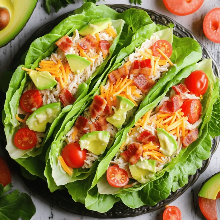 For these savory chicken club lettuce wraps, you need fresh and tasty ingredients. Here’s what you will use: - 2 cups cooked chicken breast, shredded - 1/2 cup cooked bacon, crumbled - 1 ripe avocado, sliced - 1 medium tomato, diced - 1/2 cup shredded cheddar cheese - 1/4 cup mayonnaise - 1 tablespoon Dijon mustard - 1 tablespoon fresh lemon juice - Salt and black pepper to taste - 12 large romaine or butter lettuce leaves - Fresh parsley, chopped (for garnish) These essentials create a strong flavor base. The chicken and bacon provide protein, while the avocado adds creaminess. You can make your wraps even better with some optional add-ins. Here are a few ideas: - Sliced cucumber for crunch - Pickles for tang - Red onion for a sharp bite - Jalapeños for heat - Fresh herbs like cilantro or basil Feel free to mix and match these add-ins. They can enhance the taste and texture of your wraps. Each wrap is not only tasty but also packs a nutritious punch. Here’s a rough breakdown per wrap: - Calories: 300-350 - Protein: 25g - Carbohydrates: 10g - Fat: 20g These wraps are low in carbs and high in protein, making them great for a healthy meal. You can enjoy them guilt-free while satisfying your hunger. For the full recipe, check out the Chicken Club Lettuce Wraps section. To make Chicken Club Lettuce Wraps, start with your ingredients. Gather 2 cups of cooked chicken breast, shredded. You can use leftover chicken or rotisserie chicken for ease. Next, crumble 1/2 cup of cooked bacon. Then, dice 1 medium tomato and slice 1 ripe avocado. You will also need 1/2 cup of shredded cheddar cheese. In a medium mixing bowl, combine the shredded chicken, crumbled bacon, diced tomato, and cheddar cheese. Stir gently to mix well. In a separate small bowl, whisk together 1/4 cup of mayonnaise, 1 tablespoon of Dijon mustard, and 1 tablespoon of fresh lemon juice. Add a pinch of salt and black pepper to taste. This dressing adds flavor and moisture to your wrap. Now, it’s time to assemble. Take 12 large romaine or butter lettuce leaves. Lay one leaf flat on a clean surface. Place about 1/4 cup of the chicken mixture in the center of the leaf. Add a few slices of avocado on top for creaminess. Next, fold the sides of the lettuce leaf over the filling. Roll it up tightly like a burrito. If you prefer, you can serve the wraps open-faced for a different look. Repeat this process until all wraps are ready. Arrange the finished wraps on a large platter. Garnish with freshly chopped parsley for color. You can also add extra slices of avocado and diced tomatoes around the wraps for a pretty presentation. Consider serving toothpicks with the wraps for easy eating. A small bowl of extra dressing on the side makes a great dipping option too. This adds a fun touch to your meal. For the full recipe, check this out: Chicken Club Lettuce Wraps 🥬. To keep your Chicken Club Lettuce Wraps fresh, store them in an airtight container. Make sure to separate the filling from the lettuce. This keeps the lettuce crisp. You can enjoy leftovers for up to three days. Just reheat the filling if needed. You can prepare the filling a day before serving. Mix the chicken, bacon, cheese, and veggies in a bowl. Cover it and store it in the fridge. When ready to serve, just cut the lettuce and assemble the wraps. This saves time on busy days. If you have dietary needs, you can easily adapt this recipe. For a lower-carb option, use turkey or tofu instead of chicken. You can also swap the mayo for Greek yogurt or avocado for a healthier twist. Always check for allergens in ingredients to stay safe. This recipe is all about making delicious food easy! For the full recipe, check out the details above. {{image_4}} You can swap the chicken for other proteins. Try turkey, shrimp, or even tofu. Each choice brings its own taste and texture. Ground beef or pork can also work well. They add a rich flavor that many love. Besides the classic mayo and mustard mix, you have many choices. A yogurt-based dressing can add a tangy twist. You could also use ranch or a spicy chipotle sauce. If you like it sweet, try a honey mustard. Each dressing changes the flavor and feel of the wrap. Add herbs or spices for an extra kick. Fresh cilantro or basil can brighten the dish. You might also sprinkle in some garlic powder or smoked paprika. For crunch, try adding sliced radishes or chopped nuts. Each boost can make your wraps even more exciting. Check out the Full Recipe for more ways to enjoy these wraps! Store any leftover chicken club lettuce wraps in an airtight container. Keep the wraps in the fridge for up to three days. If you want to keep the lettuce crisp, store the filling and lettuce separately. This way, your wraps stay fresh and crunchy. You can freeze the chicken mixture, but not the lettuce. Place the filling in a freezer-safe bag. Remove as much air as possible before sealing. This filling can last up to three months in the freezer. When ready to eat, thaw it overnight in the fridge. To keep your wraps fresh, assemble them just before serving. If you make them ahead, wrap each one tightly in plastic wrap. This helps avoid wilting. For extra flavor, prepare the dressing and store it separately. This keeps everything tasty and fresh. For the full recipe, check out the recipe section. To make Chicken Club Lettuce Wraps, start with cooked chicken. Shred two cups of chicken breast. Next, crumble half a cup of cooked bacon and dice one medium tomato. Combine these in a bowl with half a cup of shredded cheddar cheese. In another bowl, mix a quarter cup of mayonnaise, a tablespoon of Dijon mustard, and a tablespoon of fresh lemon juice. Add salt and pepper to taste. Pour this dressing over the chicken mix and stir well. Take a large lettuce leaf and place about a quarter cup of the mixture inside. Add avocado slices on top. Fold the sides and roll up. Repeat with the rest of the ingredients. This easy method ensures quick assembly and great taste. Yes, you can use other types of lettuce. While romaine and butter lettuce work best, you can try iceberg or green leaf lettuce. Each type offers a different crunch and flavor. Iceberg gives a crisp bite, while green leaf adds a tender touch. Just choose leaves that are large enough to hold the filling. The key is to pick fresh leaves for the best wraps. You can serve Chicken Club Lettuce Wraps with many sides. Fresh veggie sticks, like carrots and cucumbers, complement the wraps well. You could also add a light salad with a tangy dressing. For a fun twist, serve sweet potato fries or a fruit salad. These options balance the savory flavors of the wraps. You may also provide extra dressing for dipping. This creates a tasty and complete meal. This recipe for chicken club lettuce wraps is simple and very tasty. You start by gathering the ingredients. Here’s what you need: - 2 cups cooked chicken breast, shredded - 1/2 cup cooked bacon, crumbled - 1 ripe avocado, sliced - 1 medium tomato, diced - 1/2 cup shredded cheddar cheese - 1/4 cup mayonnaise - 1 tablespoon Dijon mustard - 1 tablespoon fresh lemon juice - Salt and black pepper to taste - 12 large romaine or butter lettuce leaves - Fresh parsley, chopped (for garnish) First, mix the chicken, bacon, tomato, and cheese in a medium bowl. Make sure you blend them well. In another bowl, whisk together the mayonnaise, mustard, lemon juice, salt, and pepper. This dressing adds great flavor. Next, pour the dressing over the chicken mixture. Toss it gently to coat everything. Now you can make the wraps! Take a lettuce leaf and put about 1/4 cup of the chicken mix in the center. Add some avocado slices on top for creaminess. Fold the sides of the lettuce leaf over the filling. Roll it up tightly, like a burrito. You can also serve the wraps open-faced if you prefer that style. Repeat this with the remaining ingredients until you have all your wraps ready. Once you finish, arrange the wraps on a platter. Garnish with fresh parsley for a nice touch. This dish is colorful and fun to eat. You can find the full recipe in the earlier sections. Enjoy your savory chicken club lettuce wraps! This blog post covers everything you need for Chicken Club Lettuce Wraps. We talked about key ingredients, step-by-step instructions, and helpful tips. You can choose protein, adjust dressings, and make ahead for easy meals. Storing leftovers can keep your wraps fresh. Remember to have fun with different flavors and options. With this guide, you can create tasty and healthy wraps your family will love. Enjoy the cooking process and feel proud of your delicious creation!