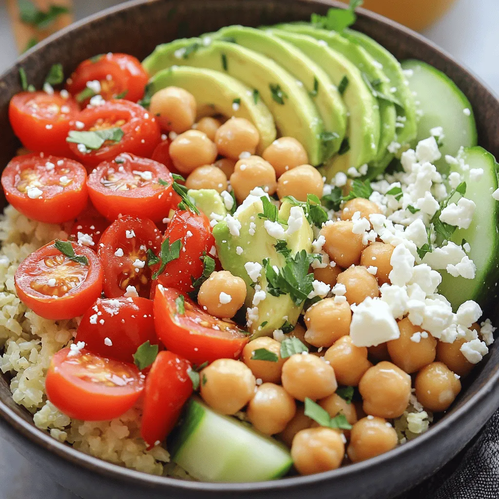 - Riced cauliflower options - You can use a medium head of cauliflower or 4 cups of pre-riced cauliflower. Fresh cauliflower offers great flavor and texture when riced at home. The pre-riced option saves time. - Fresh vegetables and proteins - Cherry tomatoes provide sweetness and color. Cooked chickpeas add protein and fiber. Diced red bell pepper and cucumber contribute crunch and freshness. You can also include avocado for creaminess and feta cheese for a tangy finish. - Seasonings and garnishes - Olive oil and fresh lemon juice enhance the taste. Garlic powder and ground cumin add depth. You can season with salt and black pepper to fit your taste. Fresh parsley makes a lovely garnish. - Suggestions for additional protein sources - Try adding grilled chicken, shrimp, or tofu for more protein. Nuts and seeds also work well. - Ideas for sauces or dressings - A tahini dressing or yogurt sauce adds creaminess. A splash of soy sauce or sriracha brings heat. - Flavor-enhancing herbs and spices - Consider fresh basil or cilantro for extra flavor. A sprinkle of smoked paprika or chili flakes can add warmth. For the complete recipe, check out the [Full Recipe]. To start, you can choose either fresh cauliflower or pre-riced cauliflower. If you pick a whole head, cut it into florets. Then use a food processor to rice it. Pulse until you have small, rice-sized pieces. This helps create a nice texture. Pre-riced cauliflower saves time and is just as good. Next, let's sauté the riced cauliflower for the best flavor. Heat 1 tablespoon of olive oil in a large skillet over medium heat. Once it's hot, add your riced cauliflower. Sprinkle in garlic powder, cumin, salt, and black pepper. Sauté for about 5-7 minutes. Stir occasionally until the cauliflower is tender but not mushy. It should still have a bit of bite. Once done, take it off the heat and set it aside. Now, it’s time to mix the veggies! In a large bowl, combine halved cherry tomatoes, cooked chickpeas, diced red bell pepper, and diced cucumber. These fresh ingredients bring great flavor and crunch. Drizzle the last tablespoon of olive oil and fresh lemon juice over the mix. Toss gently to coat everything well. Don't forget to season with salt and pepper. This step is key for boosting flavor. For the final touch, let's assemble your bowl. Start with a base of sautéed cauliflower rice in each serving bowl. This will be your hearty foundation. Next, top it with the vegetable medley you just mixed. Arrange avocado slices on one side to make it look pretty. Finally, sprinkle crumbled feta cheese over the top. This adds a creamy, salty flavor that pairs well with the veggies. To make your dish even more eye-catching, garnish with freshly chopped parsley. This small step adds color and freshness. You can serve your Cauliflower Rice Delight Bowl just like this, or add a handful of roasted nuts or seeds for extra crunch. Enjoy your beautiful meal! To avoid mushiness while cooking cauliflower rice, follow these steps: - Use fresh cauliflower: Always start with a fresh head. - Don't overcook: Sauté for just 5-7 minutes. You want it tender but firm. - Dry it out: After ricing, spread it on a towel to absorb extra moisture. - Use high heat: A hot pan helps keep the texture intact. To boost flavor, try these tips: - Season well: Salt and pepper enhance taste. - Add herbs: Fresh herbs like parsley or cilantro add freshness. - Use zesty flavors: A squeeze of lemon or lime brightens the dish. - Experiment with spices: Try smoked paprika or chili powder for a kick. Making bowls ahead of time is simple and smart. Here’s how: - Cook in bulk: Prepare multiple servings of cauliflower rice at once. - Mix veggies: Combine your favorite vegetables in advance. - Separate storage: Keep cauliflower rice and veggies in different containers. For leftovers, use these storage tips: - Use airtight containers: This keeps everything fresh longer. - Refrigerate promptly: Store leftovers within two hours of cooking. - Label and date: This helps you keep track of freshness. Pair your cauliflower rice bowl with proteins for a balanced meal. Here are some ideas: - Grilled chicken: Adds lean protein and flavor. - Chickpeas: Great for plant-based options. - Shrimp or fish: Quick-cooking and delicious. For presentation, follow these tips: - Layer it nicely: Start with cauliflower, then add veggies and protein. - Garnish carefully: Fresh herbs or nuts make a beautiful finish. - Serve in colorful bowls: Bright dishes make your food pop. Try creating your own version of the Cauliflower Rice Delight Bowl with the [Full Recipe]. {{image_4}} You can swap out vegetables based on what’s in season. If zucchini is fresh, use it instead of cucumber. For fall, try roasted butternut squash. These swaps add flavor and keep your bowl exciting. If you have dietary needs, consider alternatives like bell peppers for nightshades or shredded carrots for sweetness. This way, everyone can enjoy their meal! You can add protein to your bowl in many ways. For a vegan option, try marinated tofu. It soaks up flavors well. If you prefer meat, grilled chicken or shrimp works great. Both add a nice texture and taste. You can also use beans or lentils for a hearty option. Mix in chickpeas for extra protein and fiber! Finding the right sauce can elevate your bowl. A light tahini dressing or a zesty lemon vinaigrette pairs nicely with the fresh flavors. Homemade versions are often healthier and tastier. If you’re in a hurry, look for store-bought options with clean ingredients. A simple drizzle can make your bowl feel fancy and flavorful! To keep your cauliflower rice bowl fresh, store it properly. Place the assembled bowl in an airtight container. Use a container that fits the bowl snugly to avoid air exposure. Store it in the refrigerator for up to three days. If you want to keep it longer, freeze the bowl. However, I recommend not freezing any avocado or fresh toppings, as they do not freeze well. Instead, store those separately. When it’s time to enjoy leftovers, reheat them carefully. The best method is to use a skillet over medium heat. Add a splash of water or olive oil to keep the bowl moist. Stir occasionally until warmed through. This method helps maintain the texture of the cauliflower rice. Avoid using the microwave if possible. Microwaving can make the rice mushy and less enjoyable. For the best taste, enjoy your cauliflower rice bowl fresh! For the full recipe, check out the Cauliflower Rice Delight Bowl! A cauliflower rice bowl is a meal that uses cauliflower instead of regular rice. It offers a fresh, light, and healthy option for your plate. Cauliflower rice is made by grating or processing cauliflower into small, rice-like pieces. This dish is packed with flavor and nutrients. It is low in carbs and calories, making it perfect for many diets. You can enjoy it warm or cold, making it quite versatile. To make this recipe healthier, you can use less olive oil. Consider swapping feta cheese for a low-fat version. You can also add more vegetables like spinach or kale for extra vitamins. Use fresh herbs instead of salt to boost flavor without added sodium. If you want protein, try adding grilled chicken or tofu. These swaps keep the dish tasty while reducing calories. Yes! To make this recipe vegan, skip the feta cheese or use a plant-based alternative. You can add more veggies or legumes for protein. Use nutritional yeast for a cheesy flavor without dairy. Replace olive oil with vegetable broth for sautéing. These simple swaps make it easy to enjoy a vegan cauliflower rice bowl. Leftovers will last about three to four days in the fridge. If you keep the cauliflower rice and vegetables separate, they may last longer. Store them in airtight containers to keep them fresh. When ready to eat, reheat in a pan or microwave. Just don’t let them sit too long, or they may lose their flavor. Cauliflower rice offers many health benefits. It is low in calories and high in fiber. This can help with digestion and keep you feeling full. Cauliflower is rich in vitamins C and K. These vitamins are good for your immune system and bone health. Compared to white rice, cauliflower rice has fewer carbs, making it a great option for low-carb diets. You learned about making great cauliflower rice bowls, from choosing fresh ingredients to perfecting texture. These bowls offer a healthy and fun way to enjoy meals. You can mix and match flavors, proteins, and veggies to suit your taste. With meal prep tips and storage advice, you’ll enjoy these bowls all week. Remember, being creative with your ingredients can lead to tasty surprises. Try new combinations and share your favorites with friends! Enjoy your cooking journey with these vibrant, healthy meals.