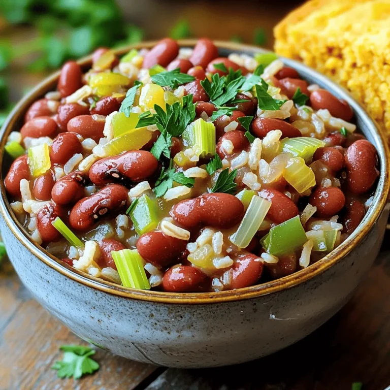 - 1 cup dried red kidney beans (or 2 cans, drained and rinsed) - 1 tablespoon olive oil - 1 medium onion, diced - 2 cloves garlic, minced - 1 green bell pepper, diced - 1 stalk celery, diced - 1 teaspoon smoked paprika - 1/2 teaspoon dried thyme - 1/2 teaspoon cayenne pepper (adjust to taste) - 1 bay leaf - 4 cups vegetable or chicken broth - 1 cup long-grain white rice - Salt and pepper to taste - Fresh parsley, chopped (for garnish) When I make red beans and rice, I love using dried kidney beans. They have a wonderful texture. If you are short on time, canned beans work just as well. Just be sure to rinse them well. The base of this dish is rich in flavor. I start with olive oil, onion, garlic, green bell pepper, and celery. These veggies bring a fresh taste and aroma. For seasoning, I add smoked paprika and dried thyme. They give the dish depth. Cayenne pepper adds a kick, while a bay leaf infuses the broth with flavor. For the liquid, use vegetable or chicken broth. It makes the dish hearty and satisfying. Don't forget the rice! Long-grain white rice is my go-to. It absorbs the flavors perfectly. Finally, I like to finish with salt, pepper, and fresh parsley. This adds a nice pop of color and taste. For the full recipe, check the link to create this comforting dish! 1. Rinse and soak dried beans overnight in a large bowl of water. This helps them soften. If you don’t have dried beans, use two cans of red kidney beans. 2. Drain and rinse the canned beans under cold water. This removes extra salt and helps with flavor. 3. In a large pot, heat one tablespoon of olive oil over medium heat. When hot, add the diced onion, minced garlic, diced green bell pepper, and diced celery. 4. Cook the mixture for about 5 to 7 minutes. The veggies will soften and smell great. 5. Stir in one teaspoon of smoked paprika, half a teaspoon of dried thyme, half a teaspoon of cayenne pepper, and one bay leaf. Cook for one minute to toast the spices. 6. Now, add the soaked beans and four cups of vegetable broth to the pot. If using canned beans, wait to add them later. Bring the mixture to a boil. 7. Once boiling, reduce the heat and let it simmer uncovered for about 30 minutes. This gives the beans time to soften and the flavors to blend. 8. Stir in one cup of long-grain white rice, cover the pot, and cook for 20 to 25 minutes. The rice will absorb most of the liquid and become tender. If you used canned beans, add them in the last five minutes to heat through. 9. When finished, taste the dish. Season with salt and pepper to your liking. Don’t forget to remove the bay leaf before serving. For the full recipe, check out the detailed instructions. To make your red beans tender, soak dried beans overnight. This softens them and helps them cook evenly. If you forget to soak, you can use canned beans instead. They save time and still taste great. When using cayenne pepper, start with a little. You can always add more if you like heat. Adjust it based on your spice comfort level. Everyone has different tastes, so find what works for you. For a pretty plate, ladle the beans and rice into bowls. Sprinkle chopped parsley on top for color. This simple step makes your dish look fancy without much work. Pair your red beans and rice with cornbread or a fresh salad. The cornbread adds a nice crunch, while the salad brings freshness. Together, these sides create a well-rounded meal. Use a heavy pot or Dutch oven for even cooking. These pots retain heat and help your beans cook perfectly. They also keep the flavors rich and deep. Helpful tools include a good knife for chopping and measuring cups. Accuracy in measuring spices and broth is key to great taste. These tools make cooking fun and easy! {{image_4}} You can easily make red beans and rice vegan. Just swap in vegetable broth for the chicken broth. This choice keeps the dish tasty and plant-based. You can also add more veggies like carrots, zucchini, or spinach. Each adds color and flavor. If you want plant-based protein, consider using lentils or chickpeas. They will make your meal filling and nutritious. Want more heat? Add jalapeños or your favorite hot sauce. This will spice things up! You can also play with spices. Try adding cumin or coriander. These spices will add depth to the flavor. Adjust the cayenne pepper to your taste, too. A little goes a long way, so taste as you go! Red beans and rice has roots in many cultures. You can bring in Caribbean flavors by adding coconut milk or spices like allspice. For a traditional New Orleans twist, include andouille sausage. Cut it into slices and sauté with the veggies. This addition makes the dish hearty and rich. Each variation gives you a chance to explore new tastes and traditions. To keep your red beans and rice fresh, store them in airtight containers. Let the dish cool to room temperature before sealing. Place the containers in the fridge. Use them within four days for the best taste. If you want to save some for later, freezing is a great option. - For freezing, divide the dish into single portions. - Use freezer-safe containers or bags to avoid freezer burn. - Label each container with the date for easy tracking. When you want to enjoy the leftovers, reheating is simple. You can use the microwave or stovetop. If using the microwave, place a portion in a bowl. Add a splash of water to keep it moist. Heat on medium power for about two to three minutes. Stir halfway through for even heating. On the stovetop, pour the beans and rice into a pan. Add a small amount of broth or water to help with moisture. Heat over medium-low, stirring often. This will keep the flavors and texture just right. Enjoy your meal again, just like the first time! Red beans and rice comes from Louisiana. It has deep roots in Creole and Cajun culture. The dish became popular in the 18th century. It often used leftover beans and rice from Sunday meals. Families would cook it on Mondays with the leftover ham from the weekend. This dish shows the resourcefulness of the people in New Orleans. It also reflects the mix of African, French, and Spanish influences in the region. Today, it's a staple in many homes and restaurants, bringing warmth and comfort to all who eat it. Yes, you can use other beans. While red kidney beans are classic, you can try black beans, pinto beans, or navy beans. Each bean adds a different taste and texture. If you want a creamier dish, navy beans work well. Black beans can add a nice color contrast. Pinto beans are also a good option for a similar flavor profile. Just make sure to adjust cooking times based on the bean you choose. To make red beans and rice gluten-free, pick the right broth. Use vegetable or chicken broth that says "gluten-free" on the label. Check all spice labels, as some might contain gluten. Avoid using any pre-made mixes that may have gluten. Ensure your rice is also gluten-free. Most long-grain white rice is safe, but it’s best to check. By following these steps, you can enjoy this dish without worry. For a complete recipe, check out the Full Recipe link. Red beans and rice combine simple ingredients for a delicious meal. We covered the recipe steps, from prepping beans to simmering the dish. Remember, spices and presentation make a difference. You can tweak this dish to suit your taste or diet. Store leftovers well and easily reheat to enjoy again. Red beans and rice is more than a meal; it’s tradition and comfort. I hope you feel inspired to create your version at home. Enjoy your cooking journey!