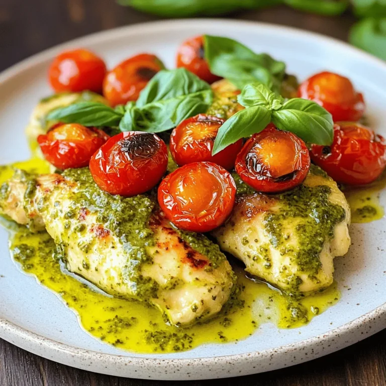 - 4 boneless, skinless chicken breasts - 1 cup homemade or high-quality store-bought pesto - 1 cup heavy cream - 1 cup cherry tomatoes, halved - 2 tablespoons extra virgin olive oil - 1 teaspoon garlic powder - Salt and freshly ground black pepper, to taste - ½ cup freshly grated Parmesan cheese - Fresh basil leaves for garnish To make this dish, you need some key kitchen tools. A sharp knife is great for slicing the tomatoes. Use a cutting board for safe chopping. A large skillet will help sear the chicken and mix the sauce. A baking sheet is essential for roasting the tomatoes. You also need measuring cups for the cream and pesto. For storage, have some airtight containers ready. After cooking, let the dish cool before placing it in the containers. This keeps it fresh for later use. Each serving of creamy pesto chicken with roasted tomatoes has about 500 calories. It contains around 30 grams of fat, 40 grams of protein, and 10 grams of carbs. This meal is rich in flavor and nutrition, making it a great choice for any dinner. If you want to know more about the full recipe, you can check the [Full Recipe]. Start by preheating your oven to 400°F (200°C). This heat is key for roasting the tomatoes. A hot oven helps them caramelize well, adding great flavor to your dish. In a large mixing bowl, toss together the halved cherry tomatoes, olive oil, garlic powder, salt, and pepper. Make sure each tomato gets coated nicely. This adds flavor and makes them taste great. Spread the seasoned tomatoes on a parchment-lined baking sheet in a single layer. This helps them roast evenly. Next, season both sides of the chicken breasts with salt and pepper. Heat a large skillet over medium-high heat and add a splash of olive oil. When the oil shimmers, carefully place the chicken in the skillet. Sear the chicken for about 5-7 minutes on each side until golden brown. Browning adds flavor and texture, but the chicken is not fully cooked yet. After browning the chicken, lower the heat to medium-low. Pour in the heavy cream followed by the pesto. Stir gently to mix well. Timing is important here. You want the sauce to blend smoothly without boiling. Cover the skillet and let it simmer for about 10-12 minutes. This ensures the chicken cooks through. Use a meat thermometer to check that the internal temperature reaches 165°F (75°C). This step is crucial for safe eating. Once the chicken is done, take it off the heat. Plate each chicken breast and drizzle the creamy pesto sauce over them. Don’t forget to add the roasted tomatoes on the side. For a lovely touch, garnish with fresh basil leaves. Serve with crusty bread or pasta for a complete meal. Enjoy the vibrant colors and flavors of this dish! For more details, check the Full Recipe. To boost the taste of your creamy pesto chicken, try adding a pinch of red pepper flakes. This small change will give your dish a nice kick. You can also mix in fresh lemon juice for a bright, zesty touch. If you love herbs, consider adding thyme or oregano. They work well with both chicken and pesto. Feel free to experiment with these spices to create your perfect flavor. One common mistake is overcooking the chicken. It can become dry and tough. Always check the internal temperature with a meat thermometer. Aim for 165°F (75°C) to ensure it’s safe and juicy. Another mistake is under-seasoning the dish. Make sure to taste and adjust the salt and pepper before serving. This small step can make a big difference in flavor. Finding high-quality pesto can elevate your dish. Look for local markets or specialty stores that offer fresh, homemade pesto. If you prefer store-bought, choose brands that use fresh basil and olive oil. For tomatoes, visit farmers' markets for the ripest, sweetest cherry tomatoes. Fresh ingredients will give your creamy pesto chicken the best taste. You can also check your local grocery store for organic options. {{image_4}} You can easily change this dish by adding more veggies or proteins. For a colorful twist, try adding: - Baby spinach - Zucchini slices - Bell pepper strips - Mushrooms You can also swap the chicken for other proteins. Consider using shrimp, salmon, or even tofu. Each option brings a unique flavor to the creamy pesto. If you need to make this dish gluten-free, choose gluten-free pasta or serve it without pasta. For a dairy-free version, replace heavy cream with coconut milk or a dairy-free cream. Use nutritional yeast instead of Parmesan cheese for added flavor without dairy. Pair this dish with fresh sides for a well-rounded meal. Here are some ideas: - Garlic bread or a crusty baguette - A crisp green salad with lemon vinaigrette - Roasted asparagus or green beans A nice white wine, like Pinot Grigio, complements the flavors well. For a non-alcoholic option, try sparkling water with a slice of lemon. Enjoy the delightful flavors of your creamy pesto chicken with roasted tomatoes! For the complete recipe, check out [Full Recipe]. To store leftovers, let the Creamy Pesto Chicken cool to room temperature. Then, place it in an airtight container. This helps keep it fresh. In the fridge, it stays good for about three days. Make sure to label the container with the date. This way, you know when to use it. If you want to keep your dish longer, freezing is a great option. First, cool the chicken completely. Then, wrap each piece in plastic wrap. After that, put them in a freezer-safe bag. Try to remove all the air from the bag. This helps prevent freezer burn. The chicken can last about three months in the freezer. To reheat, you want to keep the chicken juicy and tasty. One way is to use the oven. Preheat it to 350°F (175°C). Place the chicken in a baking dish and cover it with foil. Heat for about 20 minutes. You can also use a microwave. Just be careful not to overcook it. Heat in short bursts of 30 seconds, checking often. Enjoy it warm with the creamy sauce and roasted tomatoes from the Full Recipe. You can use half-and-half for a lighter option. It won’t be as thick but still gives a creamy taste. Coconut milk works too, but it adds a different flavor. If you want a low-fat choice, try Greek yogurt. Just mix it with a bit of milk to make it smoother. Each choice will change the dish's richness but will still taste good. Yes, you can use grilled chicken. Just make sure it is cooked and cut into pieces. Since it’s already cooked, you can skip the searing step. Simply add the grilled chicken to the sauce after mixing in the cream and pesto. Cook it until heated through, about five minutes. To serve more people, double the chicken and sauce ingredients. Use eight chicken breasts and two cups of cream and pesto. You may need a larger pan to cook it all. Keep an eye on cooking time, too. You may need a few extra minutes to ensure everything heats well. To reheat, place the chicken in a skillet over low heat. Add a splash of cream or water to keep it moist. Cover the skillet with a lid to hold in steam. Heat for about 10 minutes or until warm. You can also use the microwave, but do it in short bursts to avoid drying it out. Yes, this recipe is kid-friendly. Kids love the creamy sauce and tasty chicken. To make it even more appealing, serve it over pasta or rice. You can also add some veggies like peas or broccoli to the dish. This adds color and nutrition without changing the flavor much. For the full recipe, check out the Creamy Pesto Chicken with Roasted Tomatoes recipe. This recipe for Creamy Pesto Chicken is simple and tasty. You learned about the ingredients, preparation steps, and helpful tips. Cooking well doesn’t have to be hard. Remember to season your chicken and use fresh ingredients. Variations allow you to personalize the dish as needed. Follow storage tips to keep leftovers fresh. Whether for family or friends, this dish is sure to impress. Enjoy making it your own and sharing it with others. You’ll be glad you tried this recipe!