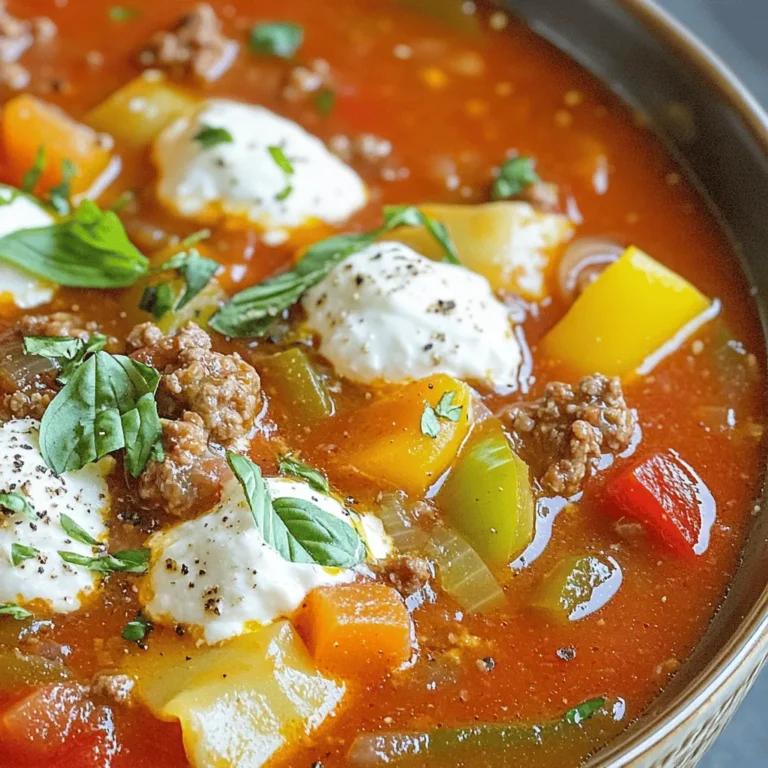 For this lasagna soup, you will need: - 1 lb ground beef or Italian sausage - 1 medium onion, diced - 3 cloves garlic, minced - 1 bell pepper, diced (any color) - 1 can (28 oz) crushed tomatoes - 4 cups beef broth - 8 oz lasagna noodles, broken into smaller pieces - 1 cup ricotta cheese - 1 cup shredded mozzarella cheese, plus an extra 1/2 cup for topping - 1/2 cup grated Parmesan cheese - Fresh basil or parsley, for garnish These key ingredients create layers of flavor and texture. The ground meat adds richness. The fresh veggies give a nice crunch. And the cheese components melt perfectly to create that comforting feel. You should also include: - 2 teaspoons Italian seasoning - 1 teaspoon dried basil - 1 teaspoon sugar - Salt and pepper, to taste The spices bring the soup to life. Italian seasoning gives it a classic taste. Dried basil adds a fresh note. Sugar balances the acidity of tomatoes. Salt and pepper enhance overall flavor. For the broth, use beef broth for a deep flavor. You can use low-sodium broth if you prefer. The crushed tomatoes are key. They create a thick and hearty base. This base ties all the ingredients together, making each bite feel warm and inviting. For the full recipe, be sure to check the detailed instructions. Enjoy making this delicious lasagna soup! 1. In a large pot over medium heat, add 1 lb of ground beef or Italian sausage. 2. Cook it for about 5-7 minutes, stirring often. Break it apart as it cooks. 3. If you see any extra fat, drain it from the pot. 4. Next, add 1 medium diced onion, 3 minced garlic cloves, and 1 diced bell pepper. 5. Sauté these for about 5 minutes until they are soft and smell great. 1. Pour in 1 can of crushed tomatoes and 4 cups of beef broth. 2. Stir in 2 teaspoons of Italian seasoning, 1 teaspoon of dried basil, and a teaspoon of sugar. 3. Add salt and pepper to taste. 4. Bring this mix to a rolling boil. 5. Once it boils, lower the heat and let it simmer for about 10 minutes. 1. Add 8 oz of broken lasagna noodles to the pot. 2. Cook for 10-12 minutes until the noodles are tender but still a bit firm. 3. In a separate bowl, mix 1 cup of ricotta cheese, 1/2 cup of shredded mozzarella, and 1/2 cup of grated Parmesan. 4. When the noodles are ready, ladle the soup into bowls. 5. Top each bowl with a generous scoop of the cheese mixture and sprinkle with more mozzarella. 6. Finish with fresh basil or parsley for a burst of color and flavor. This hearty dish combines rich flavors and warms your soul. For the full recipe, check out Lasagna Soup Delight . To make your lasagna soup shine, taste it as you cook. Adjust seasonings like salt and pepper to suit your taste. A little extra Italian seasoning can enhance the flavor too. Cooking the noodles to al dente is key. This means the noodles are firm but not hard. If you overcook them, they turn mushy. Remember, they will soften more in the soup. Fresh herbs make a beautiful garnish. I love using basil or parsley. They add color and a fresh taste. Just sprinkle a handful on top right before serving. For serving tips, use a large bowl. Ladle the soup generously, so it looks inviting. Add a dollop of cheese on top. This creates a nice contrast with the soup. Avoid overcooking the noodles. They can lose their texture and become mushy. Keep an eye on them while they cook. Using too much cheese can also be an issue. It may overpower the soup. On the flip side, not enough cheese leaves it bland. Aim for balance with your cheese portions. For the full recipe, check [Full Recipe]. {{image_4}} You can switch up the protein in your lasagna soup. Instead of ground beef or Italian sausage, try using chicken or turkey. This change makes the soup lighter but still tasty. Simply brown the meat as you would with beef. If you prefer a vegetarian option, use lentils or mushrooms. Lentils add protein while mushrooms bring a rich, earthy taste. Both choices make the soup hearty and satisfying. If you need a gluten-free version, don’t worry! You can swap traditional lasagna noodles for gluten-free pasta. Rice noodles or zucchini noodles work well. Just make sure to adjust the cooking time. You can also use different types of broth. Vegetable broth enhances the flavor without gluten. Chicken broth is another great option if you want more depth. Adding extra vegetables is a fun way to change your soup. Spinach, carrots, or zucchini can boost the nutrition and flavor. Just chop them small and add them in when you cook the meat. Experimenting with different herbs can also elevate your dish. Try using fresh oregano or thyme for a new twist. You can mix and match to find your favorite flavor combinations. For more details, check out the Full Recipe. After enjoying your lasagna soup, let it cool. This step helps keep it safe. Use airtight containers to store it. Make sure to fill them, but leave some space at the top. This allows for expansion. You can keep leftovers in the fridge for about 3-4 days. If you want to store it longer, freezing is a great option. When ready to eat your leftovers, the best method is the stove. Pour the soup into a pot and heat it over medium heat. Stir often to keep it from sticking. You can also use a microwave if you’re in a rush. Just heat in short bursts and stir in between. This way, you keep all the great flavors intact. To freeze your lasagna soup, let it cool completely first. Then, pour it into freezer-safe containers or bags. Remove as much air as possible to prevent freezer burn. Label the containers with the date. You can freeze it for about 3 months. When ready to eat, thaw it in the fridge overnight. For quick thawing, use the microwave. Reheat it gently on the stove to maintain the soup's texture. This method keeps it just as delicious as when you first made it. Making lasagna soup is quick and easy. It takes about 15 minutes to prep and 20 minutes to cook. You will have a warm, tasty dish in just 35 minutes. This makes it a great option for a busy weeknight meal. Yes, you can make lasagna soup ahead of time. Store it in an airtight container in the fridge for up to three days. To reheat, simply warm it on the stove over low heat. You might want to add a splash of broth to keep it creamy. For longer storage, freeze it for up to three months. Thaw in the fridge overnight before reheating. Lasagna soup pairs well with many sides. Here are some great options: - Garlic bread for dipping - A fresh garden salad for crunch - Cheese-stuffed breadsticks for extra flavor - Crisp vegetable sticks for a light touch These sides enhance the meal and make it more enjoyable. You can mix and match to find your favorite combinations. Lasagna soup combines savory ground meat, fresh veggies, and melted cheese for a delicious dish. Following the steps I outlined, you can create a flavorful, warm meal. Remember to taste your soup as you cook. This ensures you achieve the best flavor and texture. Don’t shy away from variations or garnishes to make it your own. With proper storage, this dish can be enjoyed later. Now, you have all the tools to make lasagna soup a family favorite!