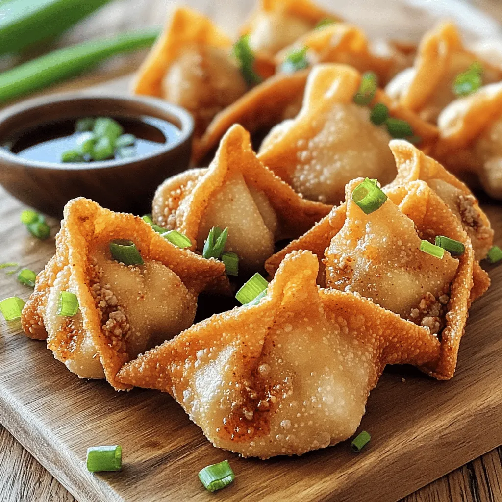 - Ground pork - Soy sauce - Sesame oil - Fresh ginger - Garlic - Chili paste - Green onions - Wonton wrappers - Egg - Salt - Pepper - Oil for frying or broth for boiling Gathering the right ingredients makes a big difference in your dish. Fresh ginger and garlic add great flavor. The chili paste gives your wontons that spicy kick. Use good quality ground pork for the best texture. Wonton wrappers are easy to find in stores. They help you create the perfect pockets for your filling. When mixing your ingredients, remember to balance the flavors. Some people like more heat, so feel free to adjust the chili paste. For a richer taste, sesame oil is key. It brings depth to the filling. If you prefer a lighter option, you can boil the wontons in broth instead of frying. This keeps them soft and delicious. Check out the Full Recipe for exact amounts and instructions to make these tasty spicy pork wontons. Enjoy the process, and don’t rush! Cooking should be fun. To make a great filling, mix 1 pound of ground pork with your seasonings. First, add 1 tablespoon each of soy sauce and sesame oil. Then, include 1 tablespoon of minced fresh ginger and 2 cloves of minced garlic. For heat, stir in 1 tablespoon of chili paste. Finally, add 2 finely chopped green onions, along with salt and pepper to taste. Use your hands to mix well until everything is blended. This balance of flavors makes the filling both tasty and exciting. Now it’s time to fill and seal your wonton wrappers. Take one wrapper and lay it flat. Spoon about 1 teaspoon of your pork filling into the center. Moisten the edges with a little water using your finger. Fold the wrapper in half to form a triangle and press the edges firmly. For a better seal, pinch the edges or fold the corners up to create a hat shape. Work quickly to keep the wontons covered with a damp towel to avoid drying out. You can choose to fry or boil your wontons. Each method has its perks. - <strong>Frying:</strong> Heat oil in a large skillet over medium heat. Once shimmering, add the wontons in batches. Fry them for 3-4 minutes on each side until they turn golden brown. Let them drain on paper towels to remove extra oil. – <strong>Boiling:</strong> Bring vegetable broth to a rolling boil. Drop in the wontons gently and cook for 3-4 minutes, until they float. Use a slotted spoon to remove them carefully. Both methods are delicious, so pick the one you like best! To make your spicy pork wontons even better, try adding more spices. You can use ground cumin for warmth or a pinch of five-spice powder for a unique twist. Fresh herbs like cilantro or basil can add bright notes to your filling. Adjust the spice level by adding more chili paste. If you like it hot, don’t hold back! Folding wontons can be fun. You can try different shapes, like the classic triangle or a cute pouch. For a great presentation, twist the top of the wonton to make it look fancy. To stop wontons from drying out, keep them covered with a damp cloth as you work. This helps keep the wrappers fresh and easy to seal. Pair your wontons with tasty sauces. Soy sauce is a classic choice, but a spicy dipping sauce can really enhance the flavor. You might like a mix of soy sauce, rice vinegar, and chili oil for a kick. For side dishes, serve them with steamed veggies or a light soup to balance the meal. These options make your dining experience even better. Don’t forget to check the Full Recipe for more tips! {{image_4}} You can change the filling in your spicy pork wontons. Here are some ideas: – <strong>Chicken</strong>: Swap ground pork for ground chicken. This choice offers a lighter taste. – <strong>Shrimp</strong>: Use chopped shrimp for a seafood twist. The sweetness of shrimp works well with spices. – <strong>Vegan option</strong>: Replace meat with tofu and mixed vegetables. Crumbled tofu absorbs flavors easily, making it a great choice. Add some mushrooms and bell peppers for texture and taste. You can cook your wontons in different ways: – <strong>Steaming</strong>: If you want a healthier option, steam the wontons. This keeps them moist and tender. Just place them in a steamer basket for about 8-10 minutes. – <strong>Baking</strong>: For a low-fat version, bake the wontons. Brush them with a bit of oil and bake at 400°F for 15-20 minutes. They will turn golden and crispy without frying. Wontons have many cultural versions: – <strong>Cultural takes</strong>: Different regions use unique ingredients and spices. For example, some add herbs like cilantro or use different sauces. – <strong>Chinese cuisine</strong>: In China, wontons can be served in broth or with dipping sauces. They are a popular snack and are often found in street food. To keep your wontons fresh, store any uncooked wontons in the fridge. Use an airtight container or wrap them tightly in plastic wrap. Make sure they don’t touch each other to prevent sticking. Uncooked wontons can stay fresh for about 2 days. For longer storage, freeze them. Place uncooked wontons in a single layer on a baking sheet. Once frozen, transfer them to a freezer bag. They can last up to 3 months in the freezer. Cooked wontons have a different storage method. Allow them to cool completely. Place them in an airtight container. They can stay in the fridge for up to 3 days. If you want to freeze cooked wontons, do so in a single layer first. Once frozen, transfer to a freezer bag. They can last for about a month. To keep your wontons crispy, the oven is your best friend. Preheat your oven to 350°F (175°C). Place the wontons on a baking sheet. Bake for about 10 minutes or until hot and crispy. If you prefer to use the microwave, place the wontons on a plate. Cover them with a damp paper towel to keep moisture in. Heat in short intervals, checking often. To maintain flavor during reheating, consider using a splash of broth. This step works well if you boiled your wontons. Just add a bit of broth to the plate when reheating in the microwave. Leftover wontons should be discarded after 3 days in the fridge. If they look slimy or smell bad, it’s time to toss them. Check for any discoloration on the wrappers or filling. Fresh wontons should look bright and smell pleasant. Remember, safety first! Enjoy your spicy pork wontons, but always be cautious with leftovers. For the full recipe, check out the cooking section above. Spicy pork wontons are small dumplings filled with seasoned ground pork. They come from Chinese cuisine. Wontons are popular for their rich flavors and tender texture. Many people enjoy them as appetizers or snacks. They hold a special place in Chinese culture, often served during celebrations. The spicy kick makes them even more exciting and fun to eat. Yes, you can prepare wontons in advance. Start by making the filling and wrapping them. Place the wrapped wontons on a tray. Make sure they don’t touch each other to avoid sticking. Cover the tray with a damp cloth. You can store them in the fridge for a few hours. For longer storage, freeze the wontons. Just remember to separate them with parchment paper. This helps keep them from freezing together. Dipping sauces bring out the flavors of wontons. Soy sauce is a classic choice. It adds a salty taste that complements the pork. For a spicy kick, try mixing soy sauce with chili oil. Another great option is a sweet and sour sauce. You can easily make your own by mixing vinegar, sugar, and soy sauce. For a fresh twist, a garlic and ginger sauce works well too. These sauces make your wonton experience even more enjoyable. Spicy pork wontons are delicious and fun to make. We covered all the basics: the ingredients, how to prepare the filling, and cooking methods like frying or boiling. I shared tips to enhance the flavor and make them look nice. And, we explored different fillings and how to store leftovers properly. These wontons are a great dish to try. With your own twist, they can be even better. Enjoy cooking, and share these tasty treats with family and friends!” /></p>
</p>
<h2>Variations</h2>
</p>
<h3>Alternative Fillings</h3>
<p>You can change the filling in your spicy pork wontons. Here are some ideas:</p>
</p>
<p>– <strong>Chicken</strong>: Swap ground pork for ground chicken. This choice offers a lighter taste.</p>
<p>– <strong>Shrimp</strong>: Use chopped shrimp for a seafood twist. The sweetness of shrimp works well with spices.</p>
<p>– <strong>Vegan option</strong>: Replace meat with tofu and mixed vegetables. Crumbled tofu absorbs flavors easily, making it a great choice. Add some mushrooms and bell peppers for texture and taste.</p>
</p>
<h3>Cooking Style Variations</h3>
<p>You can cook your wontons in different ways:</p>
</p>
<p>– <strong>Steaming</strong>: If you want a healthier option, steam the wontons. This keeps them moist and tender. Just place them in a steamer basket for about 8-10 minutes.</p>
<p>– <strong>Baking</strong>: For a low-fat version, bake the wontons. Brush them with a bit of oil and bake at 400°F for 15-20 minutes. They will turn golden and crispy without frying.</p>
</p>
<h3>Regional Adaptations</h3>
<p>Wontons have many cultural versions:</p>
</p>
<p>– <strong>Cultural takes</strong>: Different regions use unique ingredients and spices. For example, some add herbs like cilantro or use different sauces.</p>
<p>– <strong>Chinese cuisine</strong>: In China, wontons can be served in broth or with dipping sauces. They are a popular snack and are often found in street food.</p>
</p>
<h2>Storage Info</h2>
</p>
<h3>Storing Leftover Wontons</h3>
<p>To keep your wontons fresh, store any uncooked wontons in the fridge. Use an airtight container or wrap them tightly in plastic wrap. Make sure they don’t touch each other to prevent sticking. Uncooked wontons can stay fresh for about 2 days. For longer storage, freeze them. Place uncooked wontons in a single layer on a baking sheet. Once frozen, transfer them to a freezer bag. They can last up to 3 months in the freezer.</p>
</p>
<p>Cooked wontons have a different storage method. Allow them to cool completely. Place them in an airtight container. They can stay in the fridge for up to 3 days. If you want to freeze cooked wontons, do so in a single layer first. Once frozen, transfer to a freezer bag. They can last for about a month.</p>
</p>
<h3>Reheating Tips</h3>
<p>To keep your wontons crispy, the oven is your best friend. Preheat your oven to 350°F (175°C). Place the wontons on a baking sheet. Bake for about 10 minutes or until hot and crispy. If you prefer to use the microwave, place the wontons on a plate. Cover them with a damp paper towel to keep moisture in. Heat in short intervals, checking often.</p>
</p>
<p>To maintain flavor during reheating, consider using a splash of broth. This step works well if you boiled your wontons. Just add a bit of broth to the plate when reheating in the microwave.</p>
</p>
<h3>Shelf Life</h3>
<p>Leftover wontons should be discarded after 3 days in the fridge. If they look slimy or smell bad, it’s time to toss them. Check for any discoloration on the wrappers or filling. Fresh wontons should look bright and smell pleasant. Remember, safety first! Enjoy your spicy pork wontons, but always be cautious with leftovers. For the full recipe, check out the cooking section above.</p>
</p>
<h2>FAQs</h2>
</p>
<h3>What are Spicy Pork Wontons?</h3>
<p>Spicy pork wontons are small dumplings filled with seasoned ground pork. They come from Chinese cuisine. Wontons are popular for their rich flavors and tender texture. Many people enjoy them as appetizers or snacks. They hold a special place in Chinese culture, often served during celebrations. The spicy kick makes them even more exciting and fun to eat.</p>
</p>
<h3>Can I make wontons ahead of time?</h3>
<p>Yes, you can prepare wontons in advance. Start by making the filling and wrapping them. Place the wrapped wontons on a tray. Make sure they don’t touch each other to avoid sticking. Cover the tray with a damp cloth. You can store them in the fridge for a few hours. For longer storage, freeze the wontons. Just remember to separate them with parchment paper. This helps keep them from freezing together.</p>
</p>
<h3>What dipping sauces pair best with wontons?</h3>
<p>Dipping sauces bring out the flavors of wontons. Soy sauce is a classic choice. It adds a salty taste that complements the pork. For a spicy kick, try mixing soy sauce with chili oil. Another great option is a sweet and sour sauce. You can easily make your own by mixing vinegar, sugar, and soy sauce. For a fresh twist, a garlic and ginger sauce works well too. These sauces make your wonton experience even more enjoyable.</p>
</p>
<p>Spicy pork wontons are delicious and fun to make. We covered all the basics: the ingredients, how to prepare the filling, and cooking methods like frying or boiling. I shared tips to enhance the flavor and make them look nice. And, we explored different fillings and how to store leftovers properly.</p>
</p>
<p>These wontons are a great dish to try. With your own twist, they can be even better. Enjoy cooking, and share these tasty treats with family and friends!</p>
<div id=