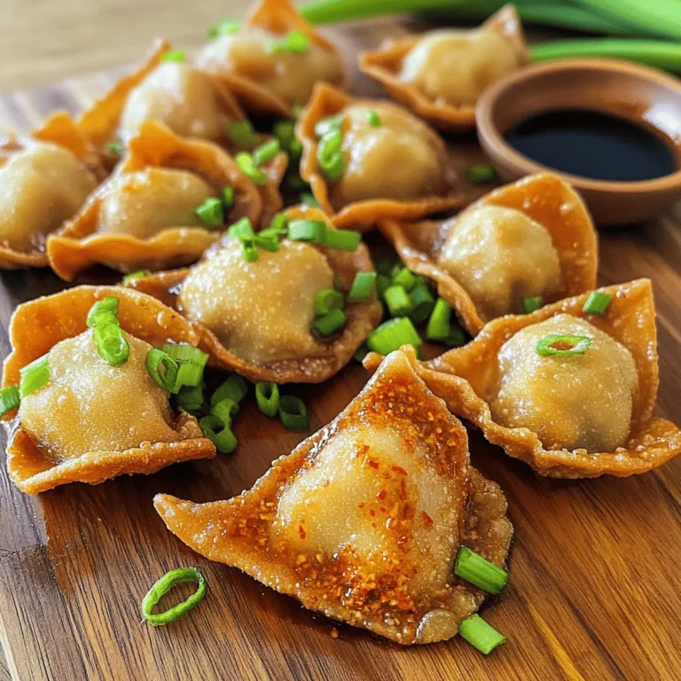 - Ground pork - Soy sauce - Sesame oil - Fresh ginger - Garlic - Chili paste - Green onions - Wonton wrappers - Egg - Salt - Pepper - Oil for frying or broth for boiling Gathering the right ingredients makes a big difference in your dish. Fresh ginger and garlic add great flavor. The chili paste gives your wontons that spicy kick. Use good quality ground pork for the best texture. Wonton wrappers are easy to find in stores. They help you create the perfect pockets for your filling. When mixing your ingredients, remember to balance the flavors. Some people like more heat, so feel free to adjust the chili paste. For a richer taste, sesame oil is key. It brings depth to the filling. If you prefer a lighter option, you can boil the wontons in broth instead of frying. This keeps them soft and delicious. Check out the Full Recipe for exact amounts and instructions to make these tasty spicy pork wontons. Enjoy the process, and don’t rush! Cooking should be fun. To make a great filling, mix 1 pound of ground pork with your seasonings. First, add 1 tablespoon each of soy sauce and sesame oil. Then, include 1 tablespoon of minced fresh ginger and 2 cloves of minced garlic. For heat, stir in 1 tablespoon of chili paste. Finally, add 2 finely chopped green onions, along with salt and pepper to taste. Use your hands to mix well until everything is blended. This balance of flavors makes the filling both tasty and exciting. Now it’s time to fill and seal your wonton wrappers. Take one wrapper and lay it flat. Spoon about 1 teaspoon of your pork filling into the center. Moisten the edges with a little water using your finger. Fold the wrapper in half to form a triangle and press the edges firmly. For a better seal, pinch the edges or fold the corners up to create a hat shape. Work quickly to keep the wontons covered with a damp towel to avoid drying out. You can choose to fry or boil your wontons. Each method has its perks. - Frying: Heat oil in a large skillet over medium heat. Once shimmering, add the wontons in batches. Fry them for 3-4 minutes on each side until they turn golden brown. Let them drain on paper towels to remove extra oil. - Boiling: Bring vegetable broth to a rolling boil. Drop in the wontons gently and cook for 3-4 minutes, until they float. Use a slotted spoon to remove them carefully. Both methods are delicious, so pick the one you like best! To make your spicy pork wontons even better, try adding more spices. You can use ground cumin for warmth or a pinch of five-spice powder for a unique twist. Fresh herbs like cilantro or basil can add bright notes to your filling. Adjust the spice level by adding more chili paste. If you like it hot, don’t hold back! Folding wontons can be fun. You can try different shapes, like the classic triangle or a cute pouch. For a great presentation, twist the top of the wonton to make it look fancy. To stop wontons from drying out, keep them covered with a damp cloth as you work. This helps keep the wrappers fresh and easy to seal. Pair your wontons with tasty sauces. Soy sauce is a classic choice, but a spicy dipping sauce can really enhance the flavor. You might like a mix of soy sauce, rice vinegar, and chili oil for a kick. For side dishes, serve them with steamed veggies or a light soup to balance the meal. These options make your dining experience even better. Don't forget to check the Full Recipe for more tips! {{image_4}} You can change the filling in your spicy pork wontons. Here are some ideas: - Chicken: Swap ground pork for ground chicken. This choice offers a lighter taste. - Shrimp: Use chopped shrimp for a seafood twist. The sweetness of shrimp works well with spices. - Vegan option: Replace meat with tofu and mixed vegetables. Crumbled tofu absorbs flavors easily, making it a great choice. Add some mushrooms and bell peppers for texture and taste. You can cook your wontons in different ways: - Steaming: If you want a healthier option, steam the wontons. This keeps them moist and tender. Just place them in a steamer basket for about 8-10 minutes. - Baking: For a low-fat version, bake the wontons. Brush them with a bit of oil and bake at 400°F for 15-20 minutes. They will turn golden and crispy without frying. Wontons have many cultural versions: - Cultural takes: Different regions use unique ingredients and spices. For example, some add herbs like cilantro or use different sauces. - Chinese cuisine: In China, wontons can be served in broth or with dipping sauces. They are a popular snack and are often found in street food. To keep your wontons fresh, store any uncooked wontons in the fridge. Use an airtight container or wrap them tightly in plastic wrap. Make sure they don't touch each other to prevent sticking. Uncooked wontons can stay fresh for about 2 days. For longer storage, freeze them. Place uncooked wontons in a single layer on a baking sheet. Once frozen, transfer them to a freezer bag. They can last up to 3 months in the freezer. Cooked wontons have a different storage method. Allow them to cool completely. Place them in an airtight container. They can stay in the fridge for up to 3 days. If you want to freeze cooked wontons, do so in a single layer first. Once frozen, transfer to a freezer bag. They can last for about a month. To keep your wontons crispy, the oven is your best friend. Preheat your oven to 350°F (175°C). Place the wontons on a baking sheet. Bake for about 10 minutes or until hot and crispy. If you prefer to use the microwave, place the wontons on a plate. Cover them with a damp paper towel to keep moisture in. Heat in short intervals, checking often. To maintain flavor during reheating, consider using a splash of broth. This step works well if you boiled your wontons. Just add a bit of broth to the plate when reheating in the microwave. Leftover wontons should be discarded after 3 days in the fridge. If they look slimy or smell bad, it's time to toss them. Check for any discoloration on the wrappers or filling. Fresh wontons should look bright and smell pleasant. Remember, safety first! Enjoy your spicy pork wontons, but always be cautious with leftovers. For the full recipe, check out the cooking section above. Spicy pork wontons are small dumplings filled with seasoned ground pork. They come from Chinese cuisine. Wontons are popular for their rich flavors and tender texture. Many people enjoy them as appetizers or snacks. They hold a special place in Chinese culture, often served during celebrations. The spicy kick makes them even more exciting and fun to eat. Yes, you can prepare wontons in advance. Start by making the filling and wrapping them. Place the wrapped wontons on a tray. Make sure they don't touch each other to avoid sticking. Cover the tray with a damp cloth. You can store them in the fridge for a few hours. For longer storage, freeze the wontons. Just remember to separate them with parchment paper. This helps keep them from freezing together. Dipping sauces bring out the flavors of wontons. Soy sauce is a classic choice. It adds a salty taste that complements the pork. For a spicy kick, try mixing soy sauce with chili oil. Another great option is a sweet and sour sauce. You can easily make your own by mixing vinegar, sugar, and soy sauce. For a fresh twist, a garlic and ginger sauce works well too. These sauces make your wonton experience even more enjoyable. Spicy pork wontons are delicious and fun to make. We covered all the basics: the ingredients, how to prepare the filling, and cooking methods like frying or boiling. I shared tips to enhance the flavor and make them look nice. And, we explored different fillings and how to store leftovers properly. These wontons are a great dish to try. With your own twist, they can be even better. Enjoy cooking, and share these tasty treats with family and friends!