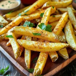 To make crispy oven-baked French fries, you need a few simple ingredients. These will help you create the perfect snack. Here’s what you’ll need: - 4 large russet potatoes - 2 tablespoons olive oil - 1 teaspoon garlic powder - 1 teaspoon onion powder - 1 teaspoon paprika - ½ teaspoon sea salt - ½ teaspoon freshly ground black pepper - ½ teaspoon dried rosemary (optional) - Fresh parsley, finely chopped, for garnish (optional) These ingredients work together to give the fries great flavor. Russet potatoes are key for crispiness. The olive oil helps them brown nicely. Garlic powder, onion powder, and paprika add depth to each bite. Sea salt and black pepper bring out the taste. If you like, add dried rosemary for a hint of earthiness. Finally, fresh parsley makes a nice touch when you serve them. You can find the full recipe for these tasty fries easily. Enjoy making them! - Preheat oven to 425°F (220°C). - Prepare a baking sheet with parchment paper. - Rinse each russet potato under cold water. - Peel the potatoes using a vegetable peeler. - Slice the potatoes into 1/4-inch thick fries. - Place the fries in a large bowl of cold water. - Soak the fries for 30 minutes. Soaking is key. It removes extra starch, making fries crispier. This step helps you achieve that perfect crunch. - Drain the fries and dry them with a kitchen towel. - In a bowl, mix the fries with olive oil and spices. - Spread the fries in a single layer on the baking sheet. - Bake for 25-30 minutes, flipping halfway. Flipping the fries helps them brown evenly. They should turn a lovely golden color. Watch them closely as they bake! Soaking potatoes is key for crispy fries. It removes excess starch. This helps fries get crispy when baked. After cutting, soak them in cold water for at least 30 minutes. This step is simple but crucial. Drying the potatoes is just as important. Use a clean towel to pat them dry. The less moisture left, the crunchier the fries will be. If you skip this step, your fries may turn out soggy. Avoid overcrowding on the baking sheet. If fries touch, they steam instead of crisp. Leave space between each fry. This helps hot air flow and creates that crispy texture we love. Flipping fries halfway through baking is vital. It ensures even cooking and browning. Use a spatula to turn them carefully. This simple trick keeps all sides crispy. Bake the fries for 25-30 minutes at 425°F (220°C). This temperature works best for crispy results. Check your fries halfway through. They should turn a nice golden brown. Signs of perfectly baked fries include a crisp texture and a golden color. If they look and feel right, they are ready. Enjoy your delicious fries hot from the oven! {{image_4}} You can spice up your fries in fun ways. For a kick, add cayenne pepper. This gives your fries some heat. Mix it in with your seasonings for a tasty twist. You might also like herb variations. Try adding thyme or oregano for a fresh taste. These herbs can brighten up your fries. They add depth and make them more exciting. Want to switch things up? You can use an air fryer! Preheat it to 400°F (200°C). Spread the seasoned fries in a single layer. Cook for about 15-20 minutes, shaking halfway. This method gives you crispy fries faster. If you love grilling, you can try that too! Place the fries in a grill basket. Toss them with your seasonings and grill over medium heat. This adds a smoky flavor that is hard to beat. Dipping sauces can take your fries to the next level. Classic ketchup works great, but try aioli for something special. You can also mix flavors to make your own unique sauce. Pair your fries with burgers or sandwiches for a full meal. They complement many main dishes well. For a fun touch, serve them with a sprinkle of cheese or bacon bits. Enjoy your delicious crispy oven-baked French fries right away! To store your cooked fries, let them cool completely first. Place the fries in an airtight container. Use a container that is not too big, as excess air can make them soggy. I recommend using glass or BPA-free plastic containers for best results. When it comes to reheating, the oven is the best choice. Preheat your oven to 400°F (200°C) and spread the fries out on a baking sheet. Bake for about 10 minutes. This method helps them stay crispy. The microwave can make them soft and chewy. If you must use the microwave, place a paper towel under the fries to absorb moisture. You can freeze your fries before or after cooking. If freezing raw, cut the fries and soak them as usual. Drain and dry well, then spread them on a baking sheet in a single layer. Freeze until solid, then transfer them to a freezer bag. If freezing after cooking, let them cool first. Store them in a bag or container. Frozen fries can last up to three months. For the best taste, use them within one month. To make your fries crispy, soak the cut potatoes in cold water for at least 30 minutes. This step removes excess starch. After soaking, dry them thoroughly with a towel. Less moisture leads to crispier fries. Also, bake at a high temperature and avoid overcrowding on the baking sheet. Flipping them halfway through baking helps as well. Yes, you can use other types of potatoes, but russet potatoes work best. They have a high starch content, which makes for fluffier insides and crispier outsides. Yukon Golds are another good option if you prefer a creamier texture. Just remember to cut them evenly for best results. If you don’t have olive oil, you can use canola oil or vegetable oil. Both oils have a high smoke point, which is great for baking. You can also try melted coconut oil for a unique flavor. Just ensure you use enough oil to coat the fries well for crispiness. Crispy oven-baked French fries can last about 3 to 5 days in the fridge. Store them in an airtight container to keep them fresh. However, the fries may lose some of their crispiness over time, so it's best to enjoy them right away. Absolutely! This recipe is already vegan. Just use the ingredients listed and you’re good to go. You can also explore adding vegan-friendly seasonings or dips to enhance the flavor. The best way to cut potatoes for fries is to slice them into uniform 1/4-inch thick pieces. This size helps them cook evenly. Start by cutting the potato in half lengthwise, then slice each half into strips. Use a sharp knife for clean cuts. For a fun twist, try using a crinkle cutter for wavy fries! In this blog post, we covered making crispy oven-baked French fries from scratch. You learned the key ingredients, preparation steps, and cooking tips to achieve that perfect crunch. Explore various flavor options, storage methods, and reheating tips to enjoy your fries later. These simple steps will make your fries a hit. By following this guide, you can create delicious fries that everyone loves. Now, it's time to gather your ingredients and start frying!