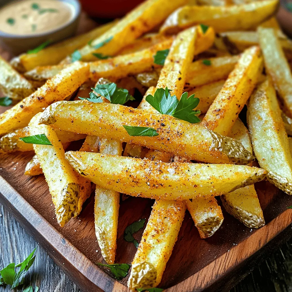 To make crispy oven-baked French fries, you need a few simple ingredients. These will help you create the perfect snack. Here’s what you’ll need: - 4 large russet potatoes - 2 tablespoons olive oil - 1 teaspoon garlic powder - 1 teaspoon onion powder - 1 teaspoon paprika - ½ teaspoon sea salt - ½ teaspoon freshly ground black pepper - ½ teaspoon dried rosemary (optional) - Fresh parsley, finely chopped, for garnish (optional) These ingredients work together to give the fries great flavor. Russet potatoes are key for crispiness. The olive oil helps them brown nicely. Garlic powder, onion powder, and paprika add depth to each bite. Sea salt and black pepper bring out the taste. If you like, add dried rosemary for a hint of earthiness. Finally, fresh parsley makes a nice touch when you serve them. You can find the full recipe for these tasty fries easily. Enjoy making them! - Preheat oven to 425°F (220°C). - Prepare a baking sheet with parchment paper. - Rinse each russet potato under cold water. - Peel the potatoes using a vegetable peeler. - Slice the potatoes into 1/4-inch thick fries. - Place the fries in a large bowl of cold water. - Soak the fries for 30 minutes. Soaking is key. It removes extra starch, making fries crispier. This step helps you achieve that perfect crunch. - Drain the fries and dry them with a kitchen towel. - In a bowl, mix the fries with olive oil and spices. - Spread the fries in a single layer on the baking sheet. - Bake for 25-30 minutes, flipping halfway. Flipping the fries helps them brown evenly. They should turn a lovely golden color. Watch them closely as they bake! Soaking potatoes is key for crispy fries. It removes excess starch. This helps fries get crispy when baked. After cutting, soak them in cold water for at least 30 minutes. This step is simple but crucial. Drying the potatoes is just as important. Use a clean towel to pat them dry. The less moisture left, the crunchier the fries will be. If you skip this step, your fries may turn out soggy. Avoid overcrowding on the baking sheet. If fries touch, they steam instead of crisp. Leave space between each fry. This helps hot air flow and creates that crispy texture we love. Flipping fries halfway through baking is vital. It ensures even cooking and browning. Use a spatula to turn them carefully. This simple trick keeps all sides crispy. Bake the fries for 25-30 minutes at 425°F (220°C). This temperature works best for crispy results. Check your fries halfway through. They should turn a nice golden brown. Signs of perfectly baked fries include a crisp texture and a golden color. If they look and feel right, they are ready. Enjoy your delicious fries hot from the oven! {{image_4}} You can spice up your fries in fun ways. For a kick, add cayenne pepper. This gives your fries some heat. Mix it in with your seasonings for a tasty twist. You might also like herb variations. Try adding thyme or oregano for a fresh taste. These herbs can brighten up your fries. They add depth and make them more exciting. Want to switch things up? You can use an air fryer! Preheat it to 400°F (200°C). Spread the seasoned fries in a single layer. Cook for about 15-20 minutes, shaking halfway. This method gives you crispy fries faster. If you love grilling, you can try that too! Place the fries in a grill basket. Toss them with your seasonings and grill over medium heat. This adds a smoky flavor that is hard to beat. Dipping sauces can take your fries to the next level. Classic ketchup works great, but try aioli for something special. You can also mix flavors to make your own unique sauce. Pair your fries with burgers or sandwiches for a full meal. They complement many main dishes well. For a fun touch, serve them with a sprinkle of cheese or bacon bits. Enjoy your delicious crispy oven-baked French fries right away! To store your cooked fries, let them cool completely first. Place the fries in an airtight container. Use a container that is not too big, as excess air can make them soggy. I recommend using glass or BPA-free plastic containers for best results. When it comes to reheating, the oven is the best choice. Preheat your oven to 400°F (200°C) and spread the fries out on a baking sheet. Bake for about 10 minutes. This method helps them stay crispy. The microwave can make them soft and chewy. If you must use the microwave, place a paper towel under the fries to absorb moisture. You can freeze your fries before or after cooking. If freezing raw, cut the fries and soak them as usual. Drain and dry well, then spread them on a baking sheet in a single layer. Freeze until solid, then transfer them to a freezer bag. If freezing after cooking, let them cool first. Store them in a bag or container. Frozen fries can last up to three months. For the best taste, use them within one month. To make your fries crispy, soak the cut potatoes in cold water for at least 30 minutes. This step removes excess starch. After soaking, dry them thoroughly with a towel. Less moisture leads to crispier fries. Also, bake at a high temperature and avoid overcrowding on the baking sheet. Flipping them halfway through baking helps as well. Yes, you can use other types of potatoes, but russet potatoes work best. They have a high starch content, which makes for fluffier insides and crispier outsides. Yukon Golds are another good option if you prefer a creamier texture. Just remember to cut them evenly for best results. If you don’t have olive oil, you can use canola oil or vegetable oil. Both oils have a high smoke point, which is great for baking. You can also try melted coconut oil for a unique flavor. Just ensure you use enough oil to coat the fries well for crispiness. Crispy oven-baked French fries can last about 3 to 5 days in the fridge. Store them in an airtight container to keep them fresh. However, the fries may lose some of their crispiness over time, so it's best to enjoy them right away. Absolutely! This recipe is already vegan. Just use the ingredients listed and you’re good to go. You can also explore adding vegan-friendly seasonings or dips to enhance the flavor. The best way to cut potatoes for fries is to slice them into uniform 1/4-inch thick pieces. This size helps them cook evenly. Start by cutting the potato in half lengthwise, then slice each half into strips. Use a sharp knife for clean cuts. For a fun twist, try using a crinkle cutter for wavy fries! In this blog post, we covered making crispy oven-baked French fries from scratch. You learned the key ingredients, preparation steps, and cooking tips to achieve that perfect crunch. Explore various flavor options, storage methods, and reheating tips to enjoy your fries later. These simple steps will make your fries a hit. By following this guide, you can create delicious fries that everyone loves. Now, it's time to gather your ingredients and start frying!