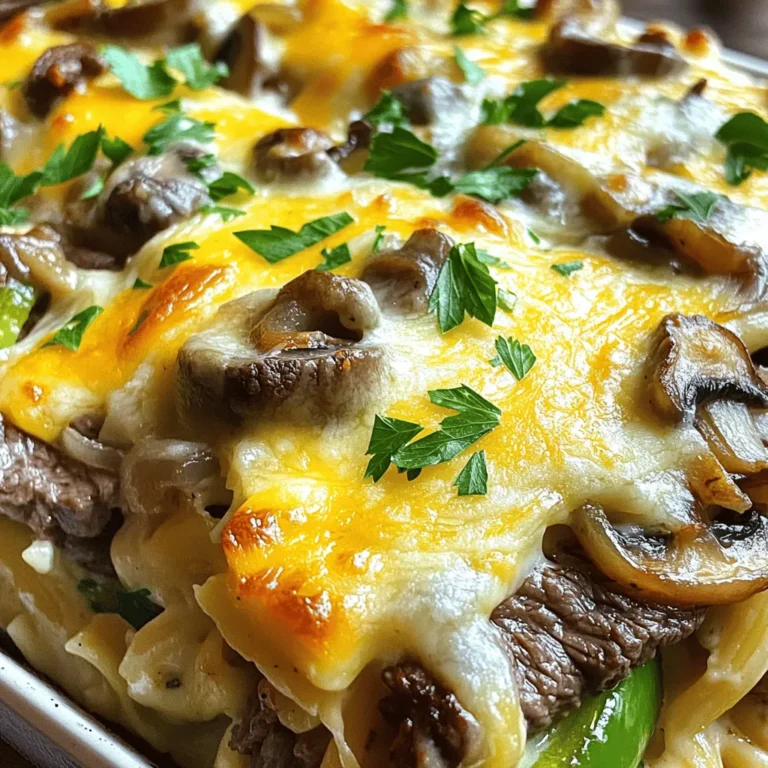 - 1 lb beef steak (ribeye or sirloin), thinly sliced - 1 medium onion, thinly sliced - 1 green bell pepper, thinly sliced - 1 cup mushrooms, sliced - 3 cups cooked pasta (such as penne or rotini) - 2 cups provolone cheese, shredded - 1 cup cream cheese, softened - 1 cup beef broth - 1 tablespoon Worcestershire sauce - 2 tablespoons olive oil - Salt and pepper, to taste - Fresh parsley, chopped (for garnish)