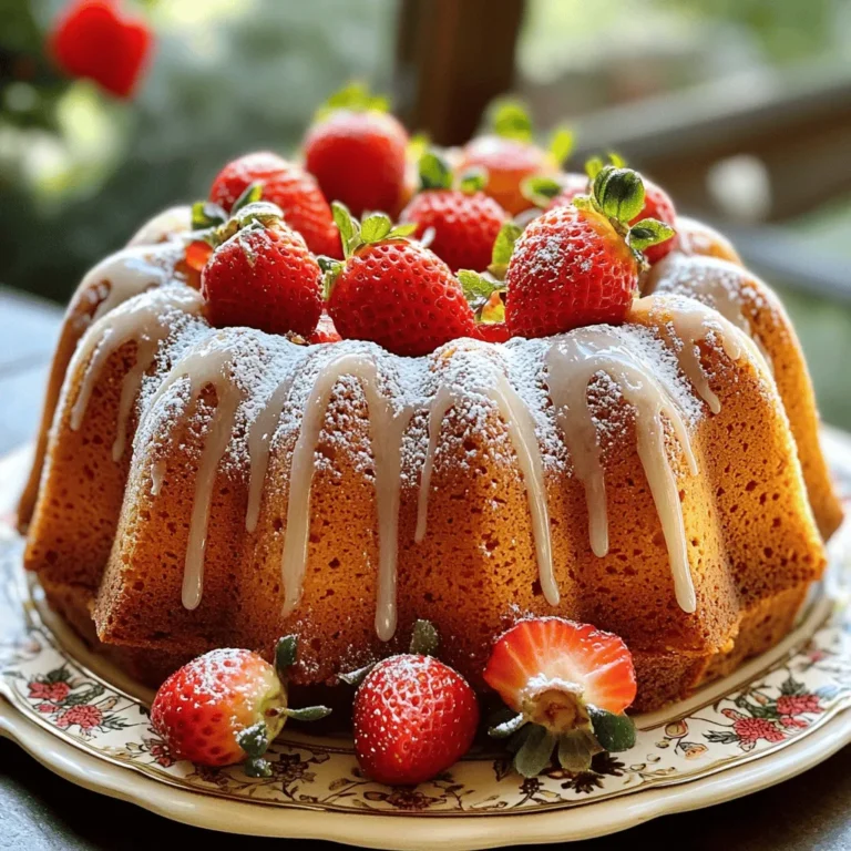 To create a moist and tasty Strawberry Bundt Cake, you need these simple ingredients: - 2 cups all-purpose flour - 1 ½ teaspoons baking powder - ½ teaspoon baking soda - ¼ teaspoon salt - ½ cup unsalted butter, softened - 1 cup granulated sugar - 2 large eggs - 1 teaspoon pure vanilla extract - 1 cup buttermilk - 1 ½ cups fresh strawberries, hulled and chopped - ½ cup powdered sugar (for glaze) - 2 tablespoons milk (for glaze) - Whole fresh strawberries (for garnish) Each ingredient plays a key role in achieving the best flavor and texture. The flour gives structure, while the baking powder and baking soda help it rise. The butter adds richness and moisture, creating a soft crumb. Eggs bind the mixture and provide stability. Vanilla extract adds warmth, and buttermilk gives a slight tang that balances the sweetness. Fresh strawberries are the star of this cake, offering bursts of flavor in every bite. The glaze, made from powdered sugar and milk, adds a sweet finish that complements the fruit. Don't forget to garnish with whole strawberries for a beautiful look. For the full recipe, follow along as we dive into the step-by-step instructions to create this delightful treat. First, set your oven to 350°F (175°C). This temperature helps the cake bake evenly. Next, generously grease and flour a 10-cup Bundt pan. This step is key to ensure the cake releases easily after it bakes. In a medium bowl, mix the dry ingredients together. Combine 2 cups of all-purpose flour, 1 ½ teaspoons of baking powder, ½ teaspoon of baking soda, and ¼ teaspoon of salt. Set this mixture aside. In a large bowl, cream together ½ cup of softened butter and 1 cup of granulated sugar. Use an electric mixer on medium speed. Beat for about 3-4 minutes until it’s light and fluffy. Next, add 2 large eggs one by one, mixing well after each. Finally, mix in 1 teaspoon of pure vanilla extract until it's just combined. Now, slowly add the dry ingredients and 1 cup of buttermilk to the butter mixture. Start with one-third of the flour, then half of the buttermilk. Repeat this twice, ending with the flour mixture. Mix just until combined—do not overmix. Using a spatula, gently fold in 1 ½ cups of chopped fresh strawberries. Make sure they are well distributed without crushing them. Carefully pour the batter into your prepared Bundt pan. Use a spatula to smooth the top. Place the pan in the preheated oven and bake for 45-50 minutes. To check if it’s done, insert a toothpick into the center. It should come out clean when ready. After baking, let the cake cool in the pan for about 10-15 minutes. Then, carefully invert the pan onto a wire rack. This allows the cake to cool completely. To make the glaze, whisk together ½ cup of powdered sugar and 2 tablespoons of milk in a small bowl. Keep whisking until smooth and creamy. If you'd like a thinner glaze, add a little more milk until you reach the right consistency. Once the cake has cooled, drizzle the glaze over the top. Let it cascade down the sides for a beautiful look. For a lovely finish, garnish with whole fresh strawberries before serving. You can find the Full Recipe for this delightful Strawberry Bundt Cake Bliss for more details. To get the best texture in your Strawberry Bundt cake, pay close attention to the temperature of your ingredients. Use room temperature butter and eggs. This helps them blend well and creates a light cake. If your butter is too cold, it won't mix properly, leading to a dense cake. Avoid overmixing when you combine the wet and dry ingredients. Mix just until you see no dry flour. Overmixing can make the cake tough. Remember, a few lumps are okay. They will bake out and keep your cake soft. You can enhance the flavor of your cake by substituting ingredients. If you want a richer taste, try using brown sugar instead of granulated sugar. This will add a lovely caramel note. Adding lemon zest can brighten the flavor. Just a teaspoon will do. You can also add almond extract for a nutty twist. Just remember to adjust your vanilla amount if you add more flavors. Serving your Strawberry Bundt cake is key to its appeal. Place it on a pretty platter to catch the eye. Add a sprig of fresh mint for a pop of color. This small touch makes a big impact. For a delightful finish, dust the cake with powdered sugar before serving. It’s a simple way to make your cake look fancy. You can also arrange whole fresh strawberries around the cake for a beautiful display. This makes the cake even more inviting. Enjoy crafting your Strawberry Bundt cake bliss with these tips! For more details, check the Full Recipe. {{image_4}} You can change the flavor of your Strawberry Bundt Cake by using different fruits. Blueberries and raspberries are great options. They add a nice burst of color and taste. Just swap the strawberries for the same amount of another berry. For a tropical twist, try mango or pineapple. These fruits give a fun, sunny vibe to your cake. If you want a gluten-free version, use a gluten-free flour blend. Many blends work well as a direct substitute. You may need to adjust the wet ingredients to keep the cake moist. Start with a little less buttermilk or add a touch more if needed. For a vegan version, replace eggs and butter with plant-based options. Use flax eggs or applesauce for the eggs. Coconut oil or vegan butter can replace regular butter. Instead of buttermilk, use almond milk or soy milk with a splash of vinegar. This keeps your cake moist and tasty while being animal-friendly. For the complete recipe, check the Full Recipe. To keep your Strawberry Bundt Cake fresh, you have two main options: room temperature or refrigeration. If you plan to eat the cake within a few days, storing it at room temperature works well. Wrap it tightly in plastic wrap or foil. This helps seal in moisture and keeps it soft. If you want to store the cake for longer, the fridge is a better choice. It will stay fresh for about a week. Just make sure to wrap it well. You can also place it in an airtight container. This helps prevent it from drying out or absorbing other smells from the fridge. Freezing is a great way to keep your cake for later. To freeze the cake, wait until it cools completely. Then, wrap it tightly in plastic wrap. After that, put it in a freezer-safe bag or container. This keeps it fresh for about three months. When you're ready to enjoy it, take the cake out of the freezer. Let it thaw in the fridge overnight. If you're in a hurry, you can leave it at room temperature for a few hours. Just be careful not to rush it, as this can change the cake's texture. Enjoy your cake when it’s perfectly thawed! To check if your Bundt cake is done, use a toothpick. Insert it into the center of the cake. If it comes out clean, your cake is ready. If there are wet crumbs, bake a little longer. Remember, the baking time is about 45 to 50 minutes. Make sure to check often after the 40-minute mark. Yes, but they will change the cake's texture. Frozen strawberries release more juice. This can make the cake moister, but it may also be denser. If using frozen strawberries, make sure to thaw and drain them first. This helps keep your cake light and fluffy. You can easily make buttermilk at home. Mix one cup of milk with one tablespoon of lemon juice or vinegar. Let it sit for about 5 minutes. This mixture will work just like buttermilk. You can also use plain yogurt or sour cream mixed with some water. To make the glaze thicker, add more powdered sugar. For a thinner glaze, add more milk. Start with one tablespoon at a time. Mix well after each addition until you reach your desired consistency. A thicker glaze stays on top, while a thinner glaze drizzles down beautifully. This blog post walks you through a tasty Bundt cake recipe. You learned the key ingredients, from flour to fresh strawberries. I detailed step-by-step instructions to make baking easy. Plus, I shared tips for a perfect texture and flavor. You also discovered fun variations, including gluten-free and vegan options. Lastly, I covered storage and answered common questions. With this guide, you're ready to create a delicious Bundt cake. Enjoy baking and sharing your treat!