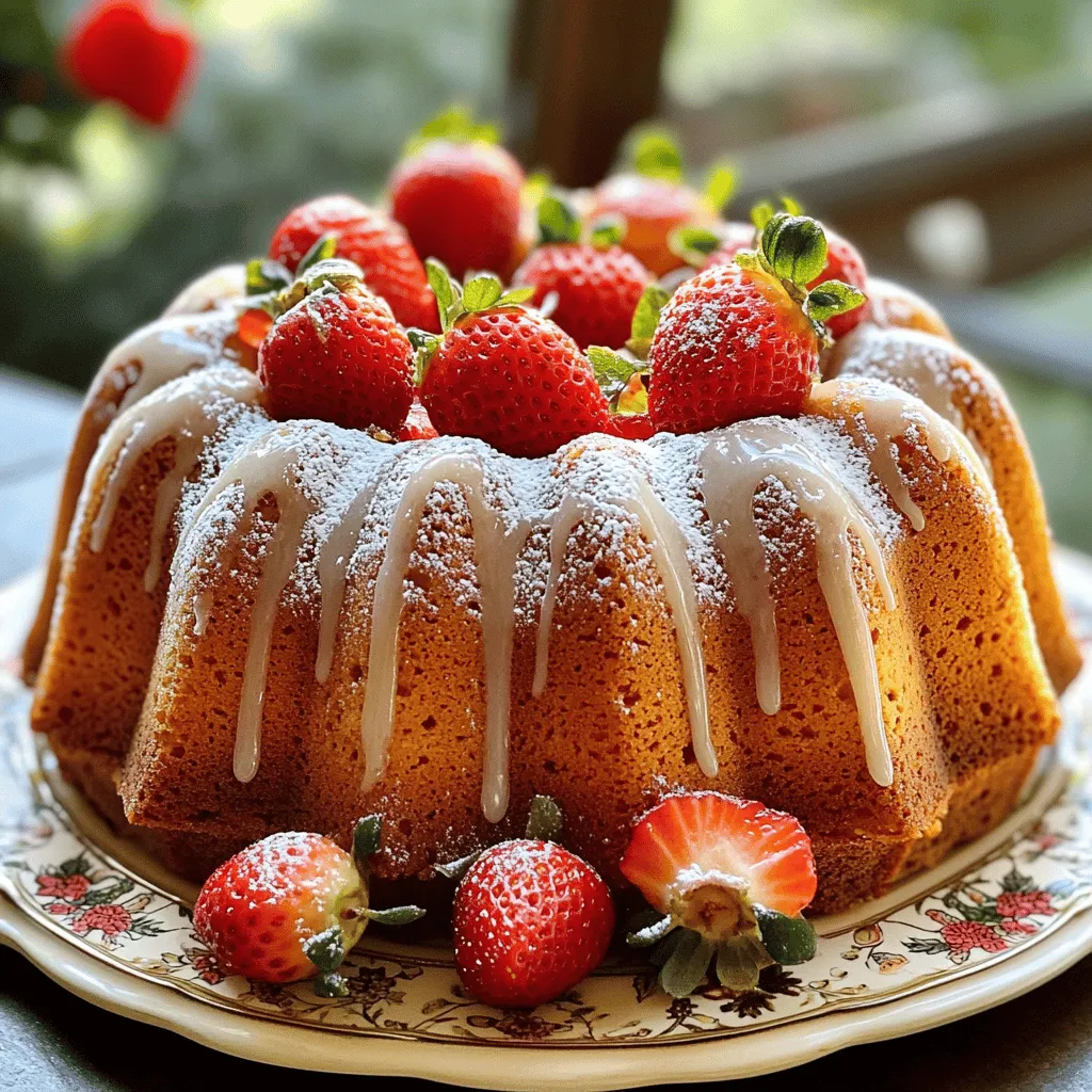 To create a moist and tasty Strawberry Bundt Cake, you need these simple ingredients: - 2 cups all-purpose flour - 1 ½ teaspoons baking powder - ½ teaspoon baking soda - ¼ teaspoon salt - ½ cup unsalted butter, softened - 1 cup granulated sugar - 2 large eggs - 1 teaspoon pure vanilla extract - 1 cup buttermilk - 1 ½ cups fresh strawberries, hulled and chopped - ½ cup powdered sugar (for glaze) - 2 tablespoons milk (for glaze) - Whole fresh strawberries (for garnish) Each ingredient plays a key role in achieving the best flavor and texture. The flour gives structure, while the baking powder and baking soda help it rise. The butter adds richness and moisture, creating a soft crumb. Eggs bind the mixture and provide stability. Vanilla extract adds warmth, and buttermilk gives a slight tang that balances the sweetness. Fresh strawberries are the star of this cake, offering bursts of flavor in every bite. The glaze, made from powdered sugar and milk, adds a sweet finish that complements the fruit. Don't forget to garnish with whole strawberries for a beautiful look. For the full recipe, follow along as we dive into the step-by-step instructions to create this delightful treat. First, set your oven to 350°F (175°C). This temperature helps the cake bake evenly. Next, generously grease and flour a 10-cup Bundt pan. This step is key to ensure the cake releases easily after it bakes. In a medium bowl, mix the dry ingredients together. Combine 2 cups of all-purpose flour, 1 ½ teaspoons of baking powder, ½ teaspoon of baking soda, and ¼ teaspoon of salt. Set this mixture aside. In a large bowl, cream together ½ cup of softened butter and 1 cup of granulated sugar. Use an electric mixer on medium speed. Beat for about 3-4 minutes until it’s light and fluffy. Next, add 2 large eggs one by one, mixing well after each. Finally, mix in 1 teaspoon of pure vanilla extract until it's just combined. Now, slowly add the dry ingredients and 1 cup of buttermilk to the butter mixture. Start with one-third of the flour, then half of the buttermilk. Repeat this twice, ending with the flour mixture. Mix just until combined—do not overmix. Using a spatula, gently fold in 1 ½ cups of chopped fresh strawberries. Make sure they are well distributed without crushing them. Carefully pour the batter into your prepared Bundt pan. Use a spatula to smooth the top. Place the pan in the preheated oven and bake for 45-50 minutes. To check if it’s done, insert a toothpick into the center. It should come out clean when ready. After baking, let the cake cool in the pan for about 10-15 minutes. Then, carefully invert the pan onto a wire rack. This allows the cake to cool completely. To make the glaze, whisk together ½ cup of powdered sugar and 2 tablespoons of milk in a small bowl. Keep whisking until smooth and creamy. If you'd like a thinner glaze, add a little more milk until you reach the right consistency. Once the cake has cooled, drizzle the glaze over the top. Let it cascade down the sides for a beautiful look. For a lovely finish, garnish with whole fresh strawberries before serving. You can find the Full Recipe for this delightful Strawberry Bundt Cake Bliss for more details. To get the best texture in your Strawberry Bundt cake, pay close attention to the temperature of your ingredients. Use room temperature butter and eggs. This helps them blend well and creates a light cake. If your butter is too cold, it won't mix properly, leading to a dense cake. Avoid overmixing when you combine the wet and dry ingredients. Mix just until you see no dry flour. Overmixing can make the cake tough. Remember, a few lumps are okay. They will bake out and keep your cake soft. You can enhance the flavor of your cake by substituting ingredients. If you want a richer taste, try using brown sugar instead of granulated sugar. This will add a lovely caramel note. Adding lemon zest can brighten the flavor. Just a teaspoon will do. You can also add almond extract for a nutty twist. Just remember to adjust your vanilla amount if you add more flavors. Serving your Strawberry Bundt cake is key to its appeal. Place it on a pretty platter to catch the eye. Add a sprig of fresh mint for a pop of color. This small touch makes a big impact. For a delightful finish, dust the cake with powdered sugar before serving. It’s a simple way to make your cake look fancy. You can also arrange whole fresh strawberries around the cake for a beautiful display. This makes the cake even more inviting. Enjoy crafting your Strawberry Bundt cake bliss with these tips! For more details, check the Full Recipe. {{image_4}} You can change the flavor of your Strawberry Bundt Cake by using different fruits. Blueberries and raspberries are great options. They add a nice burst of color and taste. Just swap the strawberries for the same amount of another berry. For a tropical twist, try mango or pineapple. These fruits give a fun, sunny vibe to your cake. If you want a gluten-free version, use a gluten-free flour blend. Many blends work well as a direct substitute. You may need to adjust the wet ingredients to keep the cake moist. Start with a little less buttermilk or add a touch more if needed. For a vegan version, replace eggs and butter with plant-based options. Use flax eggs or applesauce for the eggs. Coconut oil or vegan butter can replace regular butter. Instead of buttermilk, use almond milk or soy milk with a splash of vinegar. This keeps your cake moist and tasty while being animal-friendly. For the complete recipe, check the Full Recipe. To keep your Strawberry Bundt Cake fresh, you have two main options: room temperature or refrigeration. If you plan to eat the cake within a few days, storing it at room temperature works well. Wrap it tightly in plastic wrap or foil. This helps seal in moisture and keeps it soft. If you want to store the cake for longer, the fridge is a better choice. It will stay fresh for about a week. Just make sure to wrap it well. You can also place it in an airtight container. This helps prevent it from drying out or absorbing other smells from the fridge. Freezing is a great way to keep your cake for later. To freeze the cake, wait until it cools completely. Then, wrap it tightly in plastic wrap. After that, put it in a freezer-safe bag or container. This keeps it fresh for about three months. When you're ready to enjoy it, take the cake out of the freezer. Let it thaw in the fridge overnight. If you're in a hurry, you can leave it at room temperature for a few hours. Just be careful not to rush it, as this can change the cake's texture. Enjoy your cake when it’s perfectly thawed! To check if your Bundt cake is done, use a toothpick. Insert it into the center of the cake. If it comes out clean, your cake is ready. If there are wet crumbs, bake a little longer. Remember, the baking time is about 45 to 50 minutes. Make sure to check often after the 40-minute mark. Yes, but they will change the cake's texture. Frozen strawberries release more juice. This can make the cake moister, but it may also be denser. If using frozen strawberries, make sure to thaw and drain them first. This helps keep your cake light and fluffy. You can easily make buttermilk at home. Mix one cup of milk with one tablespoon of lemon juice or vinegar. Let it sit for about 5 minutes. This mixture will work just like buttermilk. You can also use plain yogurt or sour cream mixed with some water. To make the glaze thicker, add more powdered sugar. For a thinner glaze, add more milk. Start with one tablespoon at a time. Mix well after each addition until you reach your desired consistency. A thicker glaze stays on top, while a thinner glaze drizzles down beautifully. This blog post walks you through a tasty Bundt cake recipe. You learned the key ingredients, from flour to fresh strawberries. I detailed step-by-step instructions to make baking easy. Plus, I shared tips for a perfect texture and flavor. You also discovered fun variations, including gluten-free and vegan options. Lastly, I covered storage and answered common questions. With this guide, you're ready to create a delicious Bundt cake. Enjoy baking and sharing your treat!
