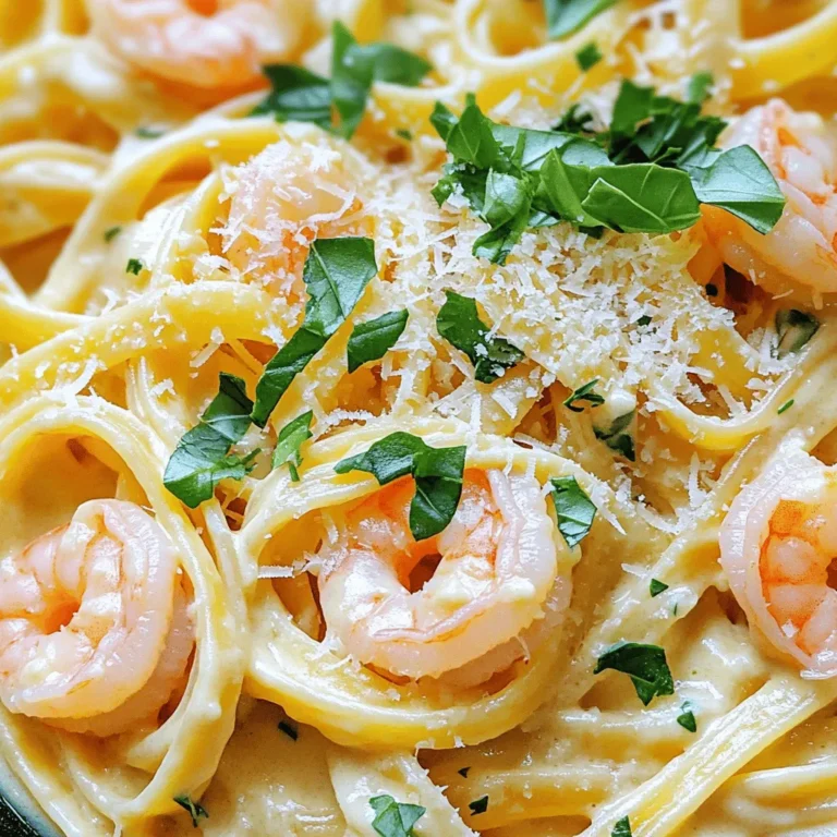 To make this tasty dish, you'll need these main ingredients: - 8 oz fettuccine pasta - 1 lb large shrimp, peeled and deveined - 2 tablespoons extra virgin olive oil - 3 cloves garlic, finely minced - 1 cup heavy cream - 1 cup shredded mozzarella cheese - 1/2 cup fresh basil leaves, chopped - 1/4 teaspoon red pepper flakes (optional for heat) - Salt and freshly ground black pepper to taste - Fresh parsley, chopped, for garnish - Grated Parmesan cheese for serving These ingredients create a creamy and rich base for the dish. The shrimp adds a nice protein boost, while the mozzarella brings a delightful creaminess. You can boost the flavor with these optional ingredients: - Lemon zest for a zesty kick - Sun-dried tomatoes for a touch of sweetness - Spinach for extra nutrients and color - Peas for a pop of sweetness and texture Adding these extras can make your dish even more exciting. Try mixing and matching to find your favorite flavors. To prepare this dish, gather these tools: - Large pot for boiling pasta - Skillet for sautéing shrimp and making the sauce - Measuring cups and spoons for accurate portions - Wooden spoon or spatula for mixing - Colander for draining pasta Having the right tools makes cooking smoother and more enjoyable. This way, you can focus on creating your delicious meal without fuss. For the full recipe, check out the detailed steps. Start by boiling water in a big pot. Make sure to add salt to the water. Once the water is at a rolling boil, add the fettuccine. Cook it according to the package directions, usually about 8-10 minutes. The pasta should be firm but tender, known as al dente. After you cook it, drain the pasta in a colander. Remember to save about half a cup of the pasta water for later. This water helps to make the sauce creamy. In a large skillet, warm two tablespoons of extra virgin olive oil over medium heat. Add three cloves of finely minced garlic. Sauté the garlic for about one minute until it smells great but does not brown. Next, toss in one pound of peeled and deveined shrimp. Cook the shrimp for around 2-3 minutes on each side. They should turn pink and opaque when done. After cooking, take the shrimp out of the skillet and set them aside on a plate. Using the same skillet, pour in one cup of heavy cream. Stir it well to mix with the garlic oil. Bring the mixture to a gentle simmer. This step is key to making the sauce creamy. Lower the heat to keep the sauce warm without boiling. Then, gradually add one cup of shredded mozzarella cheese. Whisk it in until the cheese melts fully. If the sauce gets too thick, add small amounts of reserved pasta water until it reaches the right consistency. Once the sauce is creamy, return the sautéed shrimp to the skillet. Next, add the drained fettuccine. Gently toss everything together, ensuring the pasta and shrimp are well coated in the sauce. Fold in half a cup of chopped fresh basil. Season to taste with salt, freshly ground black pepper, and red pepper flakes if you like a bit of heat. Transfer the creamy shrimp pasta onto serving plates. To make it look nice, sprinkle some chopped parsley on top. Finish with a generous amount of grated Parmesan cheese. Serve this dish right away for the best flavor, and enjoy every bite of this creamy mozzarella shrimp pasta. For the complete recipe, refer to the Full Recipe section. To make a smooth cream sauce, start with low heat. High heat can curdle the cream. After adding the cream, stir gently. This keeps the sauce silky. Add the mozzarella gradually. If the sauce gets too thick, mix in a bit of pasta water. This helps you control the consistency. Season with salt and pepper, but taste as you go. If you have dietary restrictions, don’t worry! You can swap out the heavy cream for a plant-based milk. Almond or coconut milk works well. For a lighter option, use Greek yogurt. You can also change the cheese. Try goat cheese or a dairy-free alternative. If shrimp isn’t your thing, substitute with chicken or tofu for protein. To save time, prep all your ingredients first. Chop the garlic and basil before you cook. Cook the pasta while you sauté the shrimp. This way, everything finishes at the same time. Keep your skillet on low heat while you mix the sauce. This helps you manage the cooking process without rushing. For the full recipe, check out the Creamy Mozzarella Shrimp Pasta. {{image_4}} You can easily boost the nutrition in your creamy mozzarella shrimp pasta. Adding vegetables not only adds color but also flavor. Consider using spinach, cherry tomatoes, or bell peppers. Just sauté them with the garlic before adding the shrimp. For spinach, cook it until wilted. For cherry tomatoes, add them until they burst. Bell peppers should be soft but still crunchy. This will give you a dish full of vitamins and minerals. If you love heat, try making a spicy version. You can add more red pepper flakes to the sauce. Start with one teaspoon instead of just a pinch. For an extra kick, toss in sliced jalapeños or diced serrano peppers when cooking the shrimp. This will give your pasta a fiery twist. Just remember to balance the spice with more cream or cheese. You can make a lighter version of this dish if you want to eat healthier. Swap out the heavy cream for half-and-half or Greek yogurt. You can also use zucchini noodles instead of fettuccine. This keeps the dish low in carbs. Reducing the amount of mozzarella cheese can also help cut calories. These small changes can make a big difference while still keeping the meal tasty. For the complete cooking process, check out the Full Recipe. After enjoying your creamy mozzarella shrimp pasta, store leftovers in an airtight container. Make sure to let the pasta cool down first. This helps keep it fresh. Place it in the fridge if you plan to eat it within three days. For longer storage, consider freezing it. When you reheat creamy pasta, do it gently. Use a skillet over low heat. Add a splash of water or cream to keep it moist. Stir often to prevent sticking. If using a microwave, cover the dish to trap steam. Heat in short bursts, stirring in between. To freeze your creamy shrimp pasta, first let it cool completely. Portion it into smaller containers for easier thawing. Seal tightly to avoid freezer burn. It can last up to three months in the freezer. When ready to eat, thaw in the fridge overnight and reheat as described above. For the full recipe, check out the Creamy Mozzarella Shrimp Pasta details. Yes, you can use other pasta types. I suggest penne or spaghetti. Both work well with the creamy sauce. Just cook them according to the package. Make sure they are al dente for the best texture. If you don’t have mozzarella, try using provolone or fontina cheese. They melt nicely and give a great flavor. You can also use a dairy-free cheese if you want a vegan option. Just ensure it melts well to keep that creamy texture. This dish takes about 25 minutes total. You’ll spend about 10 minutes prepping and 15 minutes cooking. It’s quick and perfect for busy weeknights. Absolutely! You can easily double or triple the recipe. Just make sure you have a big enough pot and skillet. Adjust cooking times slightly for larger amounts, but keep the same flavors. You can make the pasta and sauce ahead of time. Just store them separately in the fridge. When you’re ready to eat, mix and heat them together. The dish tastes best fresh, but it still holds up well. Check the full recipe for tips on storage. In this blog post, we explored the key ingredients and steps for making creamy mozzarella shrimp pasta. You learned how to cook the fettuccine, sauté shrimp, and create a rich sauce. We also discussed helpful tips and variations to suit your taste. Remember, this dish is flexible; feel free to swap ingredients or adjust spice levels. With the right techniques, you can make a delicious meal your friends and family will love. Now, gather your ingredients and start cooking! Enjoy your culinary adventure!