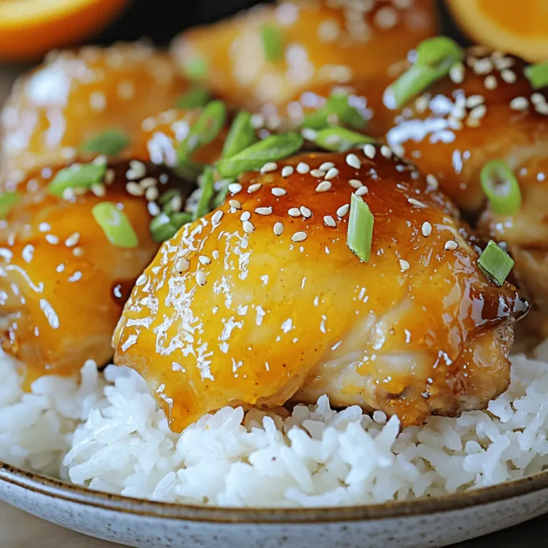 - Boneless Chicken Thighs - Orange Marmalade - Soy Sauce The main ingredients for this quick orange chicken dish are simple yet flavorful. First, you need boneless chicken thighs. They cook quickly and stay juicy. Next, orange marmalade gives a sweet and tangy taste. It adds a bright flavor that pairs perfectly with chicken. Lastly, soy sauce brings a savory note to the dish. Together, these three ingredients create a tasty meal in no time. - Large Mixing Bowl - Skillet or Frying Pan - Meat Thermometer To make this dish, you will need some basic kitchen tools. A large mixing bowl helps you combine the chicken and sauce easily. A skillet or frying pan is best for cooking the chicken. You want it to get nice and golden. A meat thermometer is important too. It ensures your chicken is cooked safely to 165°F (75°C). These tools make the cooking process smooth and fun. For the full recipe, check out the [Full Recipe]. - Cutting the Chicken Thighs Start by taking one pound of boneless chicken thighs. Cut them into bite-sized pieces. This makes them easy to cook and eat. Make sure each piece is uniform in size for even cooking. - Mixing the Sauce In a separate bowl, combine one cup of orange marmalade with two tablespoons of soy sauce. Stir well until the mixture is smooth. This sauce will bring sweet and salty flavors to the chicken. - Marinating the Chicken Pour the sauce over the chicken pieces in the mixing bowl. Toss gently to coat each piece well. Let it marinate for 15 to 20 minutes. This step is key. It allows the chicken to soak up all the tasty flavors. - Sizzling & Stir-Frying Heat a skillet over medium-high heat. Once it's hot, add the marinated chicken along with any leftover sauce. Cook for 8 to 10 minutes, stirring often. This helps the chicken cook through and caramelize a bit. Use a meat thermometer to check that the chicken reaches 165°F (75°C). - Transfer to Serving Dish After cooking, remove the chicken from the heat. Carefully transfer it to a serving dish. - Garnishing Suggestions For a beautiful touch, serve the chicken over fluffy white rice. Add sliced green onions and sesame seeds on top. This not only adds color but also enhances the dish's flavor. - Ensuring Proper Cooking Temperature Start by heating your skillet over medium-high heat. This helps the chicken cook evenly. Use a meat thermometer to check if the chicken reaches 165°F (75°C). This ensures it is safe to eat. - Achieving the Right Caramelization Cooking the chicken until it caramelizes is key. Stir it gently to avoid burning. The sugar in the orange marmalade helps create a nice brown color. This adds flavor and makes the dish look great. - Accompanying Side Dishes Serve your orange chicken with white rice. The rice soaks up the flavorful sauce well. You can also add steamed veggies, like broccoli or snap peas. They add color and nutrients to your meal. - Pairing with Drinks A light drink pairs well with this dish. Try iced tea or a citrus soda. For adults, a crisp white wine can complement the flavors nicely. Choose drinks that won’t overpower the sweet taste of the chicken. {{image_4}} Switching chicken for tofu can make this dish vegan-friendly. Tofu absorbs flavors well. Use firm or extra-firm tofu. Cut it into cubes, just like the chicken. Marinate it in the same orange-marmalade mix for 15-20 minutes. This will help it soak up the zest. Using other citrus marmalades can add a twist. Try lemon or grapefruit marmalade. Each type brings a unique taste. You can mix and match based on what you have at home. This keeps your meal exciting and fresh. Adding garlic or ginger can boost the flavor. Both ingredients add warmth and depth. Mince one clove of garlic or a small piece of ginger. Mix them into the orange-marmalade sauce. This extra step will enhance the dish's aroma and taste. Incorporating vegetables makes the meal more colorful and healthy. You can add bell peppers, broccoli, or snap peas. Chop them into bite-sized pieces and stir-fry with the chicken. This not only adds nutrition but also brightens the dish. For the full recipe, refer to the earlier section. Enjoy your cooking adventure! How to Store Leftovers After enjoying your meal, let any leftovers cool down first. Place the orange chicken in a shallow dish. Cover it tightly with plastic wrap or a lid. This helps keep the chicken fresh. You can store it in the fridge for up to three days. Recommended Storage Containers Use airtight containers for best results. Glass or plastic containers work well. Choose a size that fits your portion needs. If you plan to freeze, use freezer-safe bags. This will prevent freezer burn. Best Methods to Reheat Orange Chicken To reheat, you have a few options. The microwave is quick and easy. Place the chicken in a microwave-safe dish. Cover it with a damp paper towel to keep moisture in. Heat in short bursts, stirring in between. You can also use the stovetop. Heat a skillet on medium heat, adding the chicken. Stir until hot. Avoiding Dryness To avoid drying out the chicken, add a splash of water or broth. This creates steam and keeps it moist. For the microwave, you can add a little orange juice for extra flavor. Always check that it’s heated to 165°F (75°C) to ensure safety. Yes, you can use frozen chicken. Just make sure to thaw it first. Thawing helps the chicken cook evenly. You can leave it in the fridge overnight or use the microwave for quick thawing. After thawing, cut it into bite-sized pieces as usual. You can store leftover orange chicken for up to three days in the fridge. Place the chicken in an airtight container to keep it fresh. Make sure it cools down before you seal it. This will help prevent condensation and sogginess. Absolutely! You can marinate the chicken a few hours before cooking. This allows the chicken to soak up the flavors. You can also cook it in advance and store it in the fridge. Just reheat it when you are ready to serve. For a gluten-free option, try using tamari sauce. Tamari is similar to soy sauce but made without wheat. You can also use coconut aminos for a sweeter taste. Both options work well in this orange chicken recipe. Yes! To add heat, include red pepper flakes or sriracha in the sauce mix. Start with a small amount and adjust to your taste. You can also add fresh ginger for a spicy kick. Enjoy experimenting with flavors! For the full recipe, check out the zesty 3-ingredient orange chicken recipe. This blog post covers how to make a tasty orange chicken dish. We discussed key ingredients, the right equipment, and step-by-step instructions. You learned cooking tips, serving ideas, and variations for this recipe. Storing and reheating tips are also shared. Now you can confidently cook this dish and impress everyone. Enjoy making your orange chicken, and don't forget to have fun!