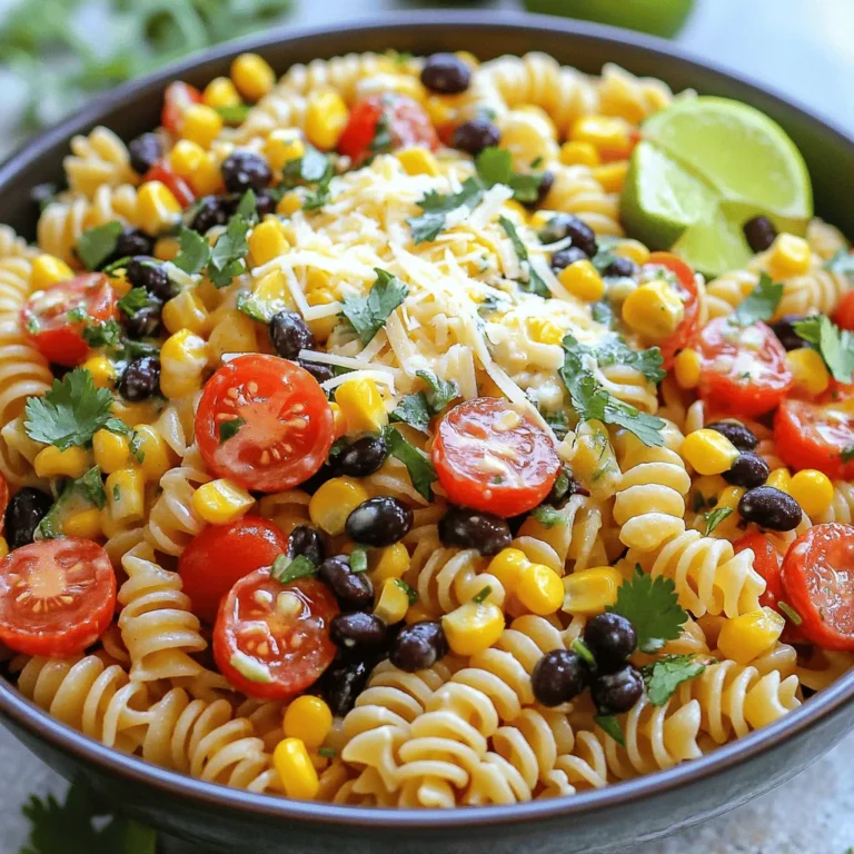 - 8 oz rotini pasta - 1 cup cherry tomatoes - 1 cup sweet corn - 1 red bell pepper - 1 cup black beans - 1/2 cup red onion - 1/4 cup ranch dressing - 2 tablespoons lime juice - Salt and pepper to taste Cowboy Pasta Salad is colorful and full of flavor. Each ingredient adds a special touch. First, the rotini pasta forms the base. It holds the dressing well and gives a nice bite. Cherry tomatoes add sweetness, while sweet corn brings a crunchy texture. Next, the red bell pepper adds a crisp and fresh taste. Black beans give the salad protein and fiber. Red onion brings a sharp bite, balancing the other flavors. For the dressing, ranch dressing is creamy and zesty. Lime juice adds brightness, making the salad lively. Don't forget to season with salt and pepper to enhance all these tasty elements. These ingredients come together beautifully in the full recipe. Enjoy preparing this fun and easy dish! 1. Start by boiling a large pot of salted water. Make sure it’s rolling before you add anything. 2. Add 8 oz of rotini pasta to the boiling water. Cook it until it is al dente. This usually takes about 7-9 minutes. 3. Once the pasta is cooked, drain it in a colander. Rinse it under cold water right away. This helps stop the cooking and cools it down quickly. 1. In a big mixing bowl, combine your cooled pasta with the other ingredients. 2. Add in 1 cup of halved cherry tomatoes, 1 cup of cooked sweet corn, 1 diced red bell pepper, and 1 cup of rinsed black beans. 3. Next, toss in 1/2 cup of finely chopped red onion and 1/2 cup of crumbled bacon if you want that smoky flavor. 4. Stir everything gently to mix. Be careful not to mash the ingredients. 1. Grab a small bowl and whisk together your dressing. Combine 1/4 cup of ranch dressing with 2 tablespoons of freshly squeezed lime juice. 2. Add a pinch of salt and a sprinkle of black pepper to the bowl. Whisk until everything is blended. 3. Pour the dressing over the pasta mixture. Gently toss everything together until it's well coated. You can find the full recipe for Cowboy Pasta Salad in this article. Enjoy every bite! For a great presentation, serve your Cowboy Pasta Salad in a large bowl. The bright colors of the ingredients make it look fun and fresh. To add a special touch, garnish the top with extra chopped cilantro and a sprinkle of shredded cheddar cheese. Place lime wedges around the bowl for a pop of color and a zesty kick. You can adjust the flavors to suit your taste. Start by tasting the salad once it’s mixed. If you want it saltier, add more salt. If you want more spice, add black pepper. You can also adjust the acidity by adding more lime juice. This will brighten the dish and enhance the flavors. To cool your pasta quickly, rinse it under cold water right after cooking. This stops the cooking process and helps it cool fast. You can also prep your ingredients ahead of time. Chop your veggies and cook the bacon the day before. This makes it easy to mix everything when you are ready to serve. {{image_4}} You can easily change the pasta shape in this salad. Try penne or farfalle for a fun twist. The different shapes add texture and make the dish more fun to eat. For protein, add grilled chicken or shrimp. Both options boost the salad's heartiness. You can also use diced ham or even tofu for a different taste. To make this salad vegetarian, skip the bacon and add more veggies. You could use zucchini or diced avocado for creaminess. This keeps the taste rich without meat. For gluten-free options, use gluten-free pasta. Many brands make great alternatives. They cook just like regular pasta and taste delicious too. You can spice up this salad with fresh herbs. Try adding basil or parsley for a fresh taste. A hint of cumin or smoked paprika adds a nice kick. Different dressings can change the flavor too. Instead of ranch, use Italian or a creamy avocado dressing. Each dressing brings its own unique flair to the salad. Explore these variations to make your Cowboy Pasta Salad your own. For the full recipe, check out the details above. To store your Cowboy Pasta Salad, use airtight containers. Glass or plastic containers work well. This salad lasts for about 3 to 5 days in the fridge. Just make sure it stays cold before serving. You can freeze Cowboy Pasta Salad, but it may change texture. If you choose to freeze it, store it in freezer-safe bags or containers. Remove as much air as possible. When you're ready to eat it, thaw it in the fridge overnight. For reheating, the best method is to use the microwave. Heat it in short bursts and stir often. This helps keep your salad moist. Avoid reheating more than once. If you notice any ingredients looking off, it’s best not to reheat. Enjoy your meal fresh for the best taste! Cowboy Pasta Salad is a fun and vibrant dish. It mixes pasta with fresh veggies and beans. This salad has roots in the American West. It reflects the hearty and bold flavors of cowboy culture. The dish often uses ingredients that are easy to find. You will see lots of colors and textures in this salad. The combination of ranch dressing and lime gives it a zesty kick. It’s perfect for picnics, potlucks, or just a family meal. Yes, you can make Cowboy Pasta Salad ahead of time. It tastes even better after sitting for a while. To prepare, follow the recipe steps, but stop before adding the cheese and cilantro. Cover the salad tightly with plastic wrap and store it in the fridge. You can make it up to a day in advance. When you're ready to serve, stir in the cheese and cilantro for freshness. This way, the flavors blend well, and it stays crunchy. Cowboy Pasta Salad pairs well with many dishes. You can serve it with grilled chicken for a hearty meal. It also goes great with burgers or hot dogs at a cookout. For lighter options, try it with a vegetable platter or fresh fruit. If you want something simple, serve it with crusty bread. This salad is versatile and adds a colorful touch to any meal. This blog post covers the tasty Cowboy Pasta Salad. We explored its key ingredients, step-by-step cooking instructions, helpful tips, and fun variations. You can tweak this salad to suit your taste and dietary needs. In summary, make it your own with swaps and add-ins. Enjoy serving it at parties or simple dinners. This salad shines with its fresh flavors and easy prep. Try it out and impress your friends and family!