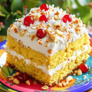 To make a Tropical Paradise Poke Cake, you need these main items: - 1 box yellow cake mix - 3 large eggs - 1/2 cup unsalted butter, melted - 1 cup coconut milk These ingredients create a soft and moist base for your cake. The yellow cake mix gives it flavor, while eggs and butter add richness. Coconut milk adds a tropical twist that enhances the taste. For the filling, gather the following: - 1 cup crushed pineapple, drained - 1 package (3 oz) instant coconut cream pudding mix - 1/4 cup milk (for the pudding) The crushed pineapple adds a juicy burst. The pudding mix provides creaminess, making every bite special. The milk helps the pudding thicken and blend well with the pineapple. For the finishing touches, you’ll need: - 1 container (8 oz) whipped topping - 1/2 cup sweetened shredded coconut - 1/2 cup maraschino cherries, drained - 1/4 cup chopped macadamia nuts (optional) Whipped topping gives a light and fluffy layer. Shredded coconut adds texture and a sweet taste. Cherries on top make it look lovely, while macadamia nuts offer a crunchy surprise. For the full recipe, check out the Tropical Paradise Poke Cake section. Enjoy delighting your friends and family with this easy, fun dessert! 1. First, preheat your oven to 350°F (175°C). This helps the cake bake evenly. 2. Next, grease and flour a 9x13-inch baking pan. This step keeps the cake from sticking. 3. In a large bowl, mix together the yellow cake mix, eggs, melted butter, and coconut milk. 4. Use an electric mixer to beat the mixture for about two minutes. You want it smooth and well combined. 1. Pour the batter into the prepared baking pan. Use a spatula to spread it evenly. 2. Bake the cake for 25-30 minutes. Check if it's done by inserting a toothpick. It should come out clean. 3. After baking, let the cake cool in the pan for about 10 minutes. 4. Once it cools a bit, take a wooden spoon and poke holes in the cake. Space them about two inches apart. 1. In a separate bowl, whisk the instant coconut cream pudding mix with 1/4 cup of milk. Make sure it thickens well. 2. Now, fold in the drained crushed pineapple until it mixes evenly. 3. Carefully pour this mixture over the cake. Make sure it fills the holes well. 4. Finally, cover the cake and chill it in the refrigerator for at least two hours. This helps the flavors blend nicely. For the complete recipe, check the [Full Recipe]. To make a perfect poke cake, focus on a few key details. First, ensure your cake is baked well. Use a toothpick to check doneness. If it comes out clean, your cake is ready. This step is crucial for the right texture. Next, poke holes evenly for the best flavor. I suggest using the handle of a wooden spoon. Space the holes about two inches apart. This spacing allows the filling to soak in well, adding moisture and taste. Serving temperature matters for poke cakes. I recommend serving it chilled. This enhances the flavors and makes it refreshing. If you let it sit at room temperature, the cake may lose some of its coolness. For garnishing, think about fun and colorful toppings. You can add fresh fruit, like sliced strawberries or a sprinkle of nuts. A cherry on top always adds a nice touch. Serve each piece on a bright plate for a cheerful presentation. Experimenting with flavors can elevate your poke cake. Try mixing different cake flavors, like chocolate or lemon. You can also use various pudding flavors to change things up. For an extra treat, think about adding toppings. Consider crushed cookies, fresh fruit, or even a drizzle of chocolate sauce. These options can transform your cake into a unique dessert. For a great starting point, check out the Full Recipe for Tropical Paradise Poke Cake. It offers a delightful mix of flavors that can inspire your next baking adventure. {{image_4}} Poke cakes are fun and easy to make. You can change them up in many ways. Here are some ideas to help you create your own delicious poke cake. - Chocolate poke cake recipe: Start with a chocolate cake mix. After baking, poke holes and fill them with chocolate pudding. Top with whipped cream and chocolate shavings for a rich treat. - Strawberry poke cake recipe: Use a vanilla or strawberry cake mix. Fill the holes with strawberry puree or Jell-O. Top with fresh strawberries and whipped cream for a refreshing dessert. - Lemon poke cake recipe: Choose a lemon cake mix. Poke holes and fill them with lemon curd. Finish with whipped cream and lemon zest for a bright flavor. - Gluten-free cake mix options: Many brands offer gluten-free cake mixes. Look for ones made with rice flour or almond flour. This allows those with gluten issues to enjoy poke cakes too. - Dairy-free alternatives for toppings: You can use coconut whipped cream or almond-based yogurt instead of regular whipped cream. These options are great for those who can't have dairy. - Fall-themed poke cake ideas: Use pumpkin spice cake mix for a cozy fall flavor. Fill it with cinnamon pudding and top with whipped cream and crushed graham crackers. - Holiday recipes for festive occasions: For Christmas, try a red velvet cake mix. Poke it with cream cheese filling and top with festive sprinkles for a cheerful look. These variations will make your poke cake exciting and perfect for any occasion. You can find the Full Recipe for a Tropical Paradise Poke Cake to get started on your next baking adventure! To store your poke cake in the refrigerator, cover it well. Use plastic wrap or foil to keep it fresh. Place it on a flat surface to avoid spills. If you have leftovers, you can freeze them. Cut the cake into squares and wrap each piece. Use freezer-safe bags or containers for best results. How long does the cake last in the fridge? A well-stored poke cake lasts about 3 to 5 days in the fridge. Make sure to check for freshness after a few days. Signs your poke cake has gone bad include a sour smell or mold on the surface. If you notice any of these signs, it’s best to toss it. When reheating your poke cake, the best method is to use the microwave. Heat it for about 10 to 15 seconds. This warms it without drying it out. You can also enjoy it cold, straight from the fridge. For serving suggestions, try adding a drizzle of chocolate sauce or a scoop of ice cream on the side. This adds a fun twist to your poke cake experience. For the full recipe and more details, check out the Tropical Paradise Poke Cake. To make a poke cake, follow these steps: 1. Prep the Cake: Preheat your oven to 350°F. Grease a 9x13-inch pan. 2. Make the Cake Batter: Mix yellow cake mix, eggs, melted butter, and coconut milk in a bowl. Beat for two minutes. 3. Bake the Cake: Pour the batter into the pan. Bake for 25-30 minutes. Check with a toothpick. 4. Poke the Cake: Let the cake cool for 10 minutes. Use a wooden spoon handle to poke holes in it. 5. Prepare the Filling: Whisk pudding mix with 1/4 cup of milk. Mix in the crushed pineapple. 6. Fill the Holes: Pour the pudding mixture over the cake. Spread it evenly. 7. Chill the Cake: Cover and refrigerate for at least 2 hours. 8. Top with Whipped Cream: Spread whipped topping on the cake. Add coconut, cherries, and nuts. 9. Serve and Enjoy: Cut into squares and serve chilled or at room temperature. Yes, you can use many cake mixes for poke cake. Here are some fun ideas: - Chocolate Cake Mix: For a rich, chocolatey twist, use chocolate cake mix. - Strawberry Cake Mix: Strawberry adds a fruity flavor and pairs well with cream. - Lemon Cake Mix: This gives a bright, zesty taste, perfect for summer. Feel free to experiment with different flavors. Each mix brings its unique taste to your poke cake. Toppings can make your poke cake shine. Here are great options: - Whipped Cream: A classic choice that adds creaminess. - Fresh Fruit: Strawberries, blueberries, or bananas add freshness. - Nuts: Chopped nuts like pecans or walnuts add a nice crunch. - Chocolate Sauce: Drizzle for extra sweetness and flavor. - Caramel Sauce: This adds a rich, buttery taste. Mix and match these toppings to make your poke cake even more delightful. You can find the full recipe for a Tropical Paradise Poke Cake with these ideas! You now have all the tools to make a great poke cake. We covered key ingredients, easy steps, and helpful tips. Plus, you learned about different flavors and how to store your cake. A poke cake is simple, fun, and can wow any crowd. Experiment with flavors and enjoy your tasty results. Happy baking!