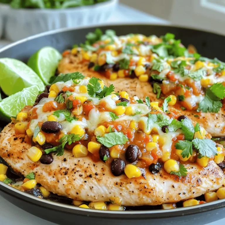 - 4 boneless, skinless chicken breasts - 1 cup fresh salsa - 1 cup corn - 1 cup black beans - 1 tablespoon extra-virgin olive oil - 1 teaspoon ground cumin - 1 teaspoon chili powder - Sea salt and freshly cracked black pepper - Fresh cilantro for garnish - Lime wedges for serving When I make Salsa Fresca Chicken, I love the fresh taste of the ingredients. First, I choose good-quality chicken breasts. They should be boneless and skinless for a quick cook. Next, I add fresh salsa. You can buy it or make your own. Use ripe tomatoes, onions, and cilantro for the best flavor. Corn gives a nice crunch and sweetness to the dish. I often use frozen corn for ease. Black beans add protein and fiber, making the meal filling. I always rinse them well to remove excess salt. For the seasonings, ground cumin and chili powder bring warmth and depth. I like to use sea salt and freshly cracked black pepper for better taste. Fresh cilantro is a must for garnish. It adds color and flavor. Finally, lime wedges on the side give a bright, zesty touch. They balance the rich flavors of the chicken and salsa. If you want the full recipe, you can check it out [here](insert link). - Preheat oven to 375°F (190°C). - In a bowl, mix fresh salsa, corn, black beans, cumin, chili powder, salt, and pepper. Start by preheating your oven. A hot oven helps cook the chicken evenly. As you wait, gather your ingredients. Mixing fresh salsa, corn, black beans, and spices creates a vibrant base. This salsa mix adds flavor and color to your dish. - Heat olive oil in a skillet over medium-high heat. - Season chicken breasts with salt and pepper and sear until golden brown. Next, heat olive oil in a skillet. Searing the chicken gives it a nice crust. Season both sides with salt and pepper. When the oil is hot, add chicken breasts. Cook for about 4-5 minutes on each side. Look for a golden brown color; it means it's ready for the next step. - Pour salsa mixture over chicken and sprinkle cheese. - Bake for 20-25 minutes until cooked through. Once the chicken is seared, pour the salsa mixture over it. Make sure each piece is covered. Now, sprinkle shredded Monterey Jack cheese on top. Transfer the skillet to your preheated oven. Bake for 20-25 minutes. To check if it’s done, use a meat thermometer. The chicken should reach 165°F (74°C). After baking, let it rest for 5 minutes. This helps keep the chicken juicy. Enjoy this easy yet delicious Salsa Fresca Chicken! - Always let your chicken sit out for 15 to 30 minutes before cooking. This helps cook it evenly. Cold chicken can take longer to cook and may not brown well. - To check if your chicken is done, use a meat thermometer. Insert it into the thickest part. The chicken should reach 165°F (74°C). This ensures it’s safe to eat. - Want to kick up the flavor? Add spices like smoked paprika or garlic powder. Fresh herbs like parsley or oregano also work well. They add a nice touch. - Making homemade salsa is easy and fun. Just chop fresh tomatoes, onions, and jalapeños. Mix them with lime juice and cilantro. This salsa adds a fresh zing to the chicken. You can find the full recipe in the Full Recipe section. {{image_4}} You can easily switch some ingredients in Salsa Fresca Chicken. If you don’t have black beans, try pinto beans or chickpeas instead. They both add great texture and flavor. For corn, you can use diced bell peppers or zucchini. These swaps keep the dish fresh and exciting. When it comes to cheese, Monterey Jack is tasty, but you can use cheddar or pepper jack. Each cheese will give a different flavor. If you want a dairy-free option, try using vegan cheese. Just make sure it melts well for the best taste. Salsa Fresca Chicken pairs well with many side dishes. Serve it with fluffy rice for a filling meal. You can also use warm tortillas to scoop up the chicken and salsa mix. It's fun and tasty! To elevate the dish, add creamy avocado slices or a dollop of sour cream. Both add richness that balances the zing from the salsa. You might even sprinkle extra cilantro for a fresh touch. These additions make every bite delicious! To store leftover Salsa Fresca Chicken, let it cool first. Place it in an airtight container. It can last in the fridge for three to four days. When you're ready to eat, reheat it gently. Use a skillet over low heat for even warmth. This method keeps the chicken moist. You can also microwave it. Cover the dish with a damp paper towel to prevent drying out. If you want to freeze Salsa Fresca Chicken, ensure it is fully cooled first. Use a freezer-safe container or heavy-duty freezer bags. Remove as much air as possible. The chicken can stay good for up to three months. When you're ready to enjoy it, thaw it in the fridge overnight. For quicker thawing, place the bag in cold water. After thawing, reheat it as mentioned before for the best taste. What can I substitute for chicken breasts? You can use chicken thighs instead of breasts. Thighs stay moist and add flavor. You could also try turkey cutlets or even tofu for a plant-based option. Remember, cooking times may change with different meats. How do I ensure my chicken is juicy? To keep chicken juicy, do not overcook it. Use a meat thermometer to check for 165°F (74°C). Brining your chicken for a couple of hours before cooking can also help lock in moisture. Can I use store-bought salsa? Yes, store-bought salsa works great! It saves time and adds flavor. Just choose a salsa you enjoy, as it will affect the overall taste of your dish. How long will leftovers last in the fridge? Leftovers will last for about 3 to 4 days in the fridge. Make sure to store them in an airtight container. Reheat gently to keep the chicken moist. Is this recipe suitable for meal prep? Yes, this recipe is perfect for meal prep. You can make it ahead of time and portion it out for the week. Just reheat portions in the microwave or oven. Can I make this dish dairy-free? Absolutely! You can skip the cheese or use a dairy-free cheese alternative. This way, you can still enjoy the great flavors without the dairy. This blog post lays out a simple and tasty recipe for Salsa Fresca Chicken. We covered the main ingredients, step-by-step cooking instructions, and helpful tips for success. Variations allow you to make it your own, while storage info ensures you can enjoy leftovers. Cook this dish with confidence to impress anyone at your table. With fresh flavors and easy steps, you will make a meal everyone loves. So, grab your ingredients and get started!