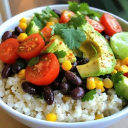 - 1 medium head of cauliflower, riced - 1 tablespoon extra virgin olive oil - 1 teaspoon garlic powder - 1 teaspoon smoked paprika - Salt and freshly ground black pepper to taste - 1 cup canned black beans, rinsed and drained - 1 cup corn (use fresh, frozen, or canned) - 1 red bell pepper, diced into small pieces - 1 ripe avocado, diced - 1 cup cherry tomatoes, halved - Juice of 1 lime - Fresh cilantro, finely chopped, for garnish