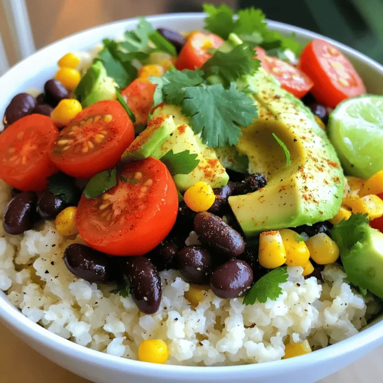 - 1 medium head of cauliflower, riced - 1 tablespoon extra virgin olive oil - 1 teaspoon garlic powder - 1 teaspoon smoked paprika - Salt and freshly ground black pepper to taste - 1 cup canned black beans, rinsed and drained - 1 cup corn (use fresh, frozen, or canned) - 1 red bell pepper, diced into small pieces - 1 ripe avocado, diced - 1 cup cherry tomatoes, halved - Juice of 1 lime - Fresh cilantro, finely chopped, for garnish