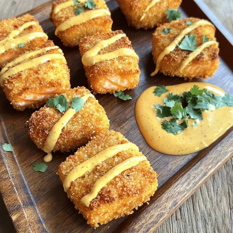 To make these tasty bites, gather these main ingredients: - 1 lb salmon fillet, skinless, cut into bite-sized pieces - 1 cup panko breadcrumbs - ½ cup all-purpose flour - 2 large eggs, beaten - Oil for frying (vegetable or canola) These ingredients form the base of your salmon bites. The salmon gives a rich flavor, while the panko breadcrumbs create that perfect crispy crust. Next, we need some spices to add flavor: - 1 teaspoon garlic powder - 1 teaspoon paprika - ½ teaspoon salt - ¼ teaspoon black pepper These seasonings complement the salmon well. Garlic powder adds depth, and paprika gives a nice color and mild heat. Now, let's make the Bang Bang sauce that brings it all together. You will need: - ⅓ cup mayonnaise - 2 tablespoons sweet chili sauce - 1 tablespoon sriracha (or adjust to taste for desired heat) - 1 teaspoon lime juice This sauce is creamy with a kick. Adjust the sriracha based on how spicy you want it. The lime juice adds a zesty touch. For the full recipe, please refer to the complete instructions. Start by cutting the salmon fillet into bite-sized pieces. Each piece should be about 1-2 inches. This size helps them cook evenly. Next, pat the salmon dry with paper towels. Dry salmon will fry up crispier. It also helps the coating stick better. Now, let’s prepare your breading station. Get three bowls and line them up. In the first bowl, mix the all-purpose flour, garlic powder, paprika, salt, and black pepper. Stir it until well combined. In the second bowl, add the beaten eggs. The last bowl will hold the panko breadcrumbs. Make sure everything is ready to go. Heat a deep skillet or frying pan. Pour in enough oil to cover the bottom by about ½ inch. Turn the heat to medium-high and wait until it shimmers. This means it’s hot enough. Test the oil by dropping in a small piece of bread. If it sizzles, you’re ready. Carefully add a few salmon bites to the hot oil but don’t overcrowd them. Fry for about 3-4 minutes on each side. Look for a golden brown color. Once done, use a slotted spoon to move them to a plate lined with paper towels. In a small bowl, mix the mayonnaise, sweet chili sauce, sriracha, and lime juice. Use a whisk to blend it all together. Taste the sauce. If you want more heat, add more sriracha. This sauce is key to the dish, so make it just how you like. Now, let’s serve your crispy salmon bites. Arrange them on a nice plate. You can drizzle the Bang Bang sauce over the top or serve it on the side. Don’t forget to add fresh cilantro for garnish. It adds a nice touch and flavor. Serve with lime wedges for a zesty kick. For the full recipe, check out the complete guide. To make your salmon bites super crispy, start by drying the salmon pieces well. Use paper towels to remove moisture. This step helps the coating stick better and fry up crunchy. When you bread the salmon, coat it in flour first. This helps the egg and breadcrumbs stick. Use panko breadcrumbs instead of regular ones. Panko gives a light, airy crunch. Fry the salmon in hot oil, around 350°F (175°C). Avoid crowding the pan. Fry in batches if needed. This keeps the oil temperature high, allowing the bites to crisp up perfectly. You’ll need a few tools to make these salmon bites easy and fun: - A sharp knife for cutting the salmon - A cutting board for prep work - Three bowls for breading (one for flour, one for eggs, one for panko) - A deep skillet or frying pan for frying - A slotted spoon for removing the salmon from oil - Paper towels for draining excess oil Having the right tools helps you work quickly and efficiently. Many people make a few common mistakes when cooking salmon bites. One mistake is not drying the salmon properly. If it’s wet, the coating won't stick well. Another mistake is overcrowding the pan. This can lower the oil's temperature and result in soggy bites. Always fry in small batches. Finally, don’t skip the resting time on paper towels. This step removes excess oil, keeping your bites crispy. Following these tips will lead to delicious, crispy salmon bites every time. For the full recipe, check out the detailed instructions. {{image_4}} You can swap the salmon for other fish like cod or tilapia. If you're looking for a vegetarian option, try using firm tofu. For a gluten-free version, use almond flour instead of all-purpose flour. If you want to bake the salmon bites, preheat your oven to 425°F (220°C). Place the coated salmon on a baking sheet lined with parchment paper. Bake for about 12 to 15 minutes, or until golden brown. For air frying, set your air fryer to 400°F (200°C). Cook the bites in batches for about 8 to 10 minutes, flipping halfway through. You can easily change the Bang Bang sauce. Add more lime juice for a zesty kick. For a sweeter sauce, mix in honey or maple syrup. If you want a garlic flavor, add minced garlic to the sauce. Mixing in fresh herbs, like basil or dill, can also create a tasty twist. For a smoky touch, try adding smoked paprika. Each variation can give your dish a new life. For more ideas, check out the Full Recipe and explore different ways to enjoy these salmon bites! To keep your crispy salmon bites fresh, place them in an airtight container. You can layer parchment paper between the bites to avoid sticking. Store them in the fridge for up to three days. If you plan to eat them later, this method preserves taste and texture. When you want to enjoy your salmon bites again, use the oven for best results. Preheat the oven to 350°F (175°C). Place the bites on a baking sheet and heat for about 10-12 minutes. This ensures they regain some crispiness. You can also use an air fryer. Just heat them at 350°F for 5-7 minutes. Avoid the microwave, as it can make them soggy. Freezing is a great option if you want to save some salmon bites for later. Lay them flat on a baking sheet and freeze until solid. Once frozen, transfer them to a freezer-safe bag. Remove as much air as possible. They can last in the freezer for about two months. When you’re ready to eat, thaw in the fridge overnight and reheat as mentioned above. For more details, don’t forget to check the full recipe! The best salmon for this recipe is sockeye or king salmon. These types have rich flavor and firm texture. They hold up well during frying. You can also use Atlantic salmon if you prefer. Always choose fresh, high-quality fish for the best taste. Yes, you can make this recipe gluten-free. Simply swap the all-purpose flour with a gluten-free flour blend. Use gluten-free panko breadcrumbs instead of regular ones. This way, you keep the crunchy texture. Enjoy this dish without worry! To make the sauce less spicy, reduce the amount of sriracha. Start with just half a tablespoon. You can also use a milder chili sauce instead. Adding more mayonnaise will also tone down the heat. Taste as you go to find your perfect balance. These salmon bites pair well with many sides. Serve them with a fresh salad for a light meal. You can also add steamed rice or quinoa for a filling option. Consider a side of crunchy veggies or slaw for extra texture. To check if the salmon is cooked through, look for a golden brown crust. The inside should be opaque and flake easily with a fork. If you have a food thermometer, the internal temperature should reach 145°F (63°C). This ensures it is safe to eat. In this post, we explored how to make crispy Bang Bang Salmon Bites. We covered the essential ingredients, step-by-step instructions, and helpful tips for the best results. Remember to adjust your seasonings and follow the frying technique for a perfect crunch. Don't hesitate to try different ingredients or cooking methods. Enjoy these bites as a snack or meal. With the right care, they'll impress any guest. Happy cooking!