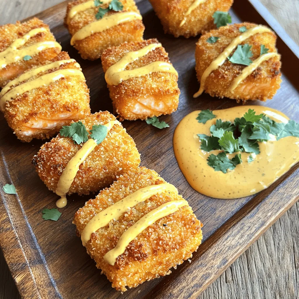 To make these tasty bites, gather these main ingredients: - 1 lb salmon fillet, skinless, cut into bite-sized pieces - 1 cup panko breadcrumbs - ½ cup all-purpose flour - 2 large eggs, beaten - Oil for frying (vegetable or canola) These ingredients form the base of your salmon bites. The salmon gives a rich flavor, while the panko breadcrumbs create that perfect crispy crust. Next, we need some spices to add flavor: - 1 teaspoon garlic powder - 1 teaspoon paprika - ½ teaspoon salt - ¼ teaspoon black pepper These seasonings complement the salmon well. Garlic powder adds depth, and paprika gives a nice color and mild heat. Now, let's make the Bang Bang sauce that brings it all together. You will need: - ⅓ cup mayonnaise - 2 tablespoons sweet chili sauce - 1 tablespoon sriracha (or adjust to taste for desired heat) - 1 teaspoon lime juice This sauce is creamy with a kick. Adjust the sriracha based on how spicy you want it. The lime juice adds a zesty touch. For the full recipe, please refer to the complete instructions. Start by cutting the salmon fillet into bite-sized pieces. Each piece should be about 1-2 inches. This size helps them cook evenly. Next, pat the salmon dry with paper towels. Dry salmon will fry up crispier. It also helps the coating stick better. Now, let’s prepare your breading station. Get three bowls and line them up. In the first bowl, mix the all-purpose flour, garlic powder, paprika, salt, and black pepper. Stir it until well combined. In the second bowl, add the beaten eggs. The last bowl will hold the panko breadcrumbs. Make sure everything is ready to go. Heat a deep skillet or frying pan. Pour in enough oil to cover the bottom by about ½ inch. Turn the heat to medium-high and wait until it shimmers. This means it’s hot enough. Test the oil by dropping in a small piece of bread. If it sizzles, you’re ready. Carefully add a few salmon bites to the hot oil but don’t overcrowd them. Fry for about 3-4 minutes on each side. Look for a golden brown color. Once done, use a slotted spoon to move them to a plate lined with paper towels. In a small bowl, mix the mayonnaise, sweet chili sauce, sriracha, and lime juice. Use a whisk to blend it all together. Taste the sauce. If you want more heat, add more sriracha. This sauce is key to the dish, so make it just how you like. Now, let’s serve your crispy salmon bites. Arrange them on a nice plate. You can drizzle the Bang Bang sauce over the top or serve it on the side. Don’t forget to add fresh cilantro for garnish. It adds a nice touch and flavor. Serve with lime wedges for a zesty kick. For the full recipe, check out the complete guide. To make your salmon bites super crispy, start by drying the salmon pieces well. Use paper towels to remove moisture. This step helps the coating stick better and fry up crunchy. When you bread the salmon, coat it in flour first. This helps the egg and breadcrumbs stick. Use panko breadcrumbs instead of regular ones. Panko gives a light, airy crunch. Fry the salmon in hot oil, around 350°F (175°C). Avoid crowding the pan. Fry in batches if needed. This keeps the oil temperature high, allowing the bites to crisp up perfectly. You’ll need a few tools to make these salmon bites easy and fun: - A sharp knife for cutting the salmon - A cutting board for prep work - Three bowls for breading (one for flour, one for eggs, one for panko) - A deep skillet or frying pan for frying - A slotted spoon for removing the salmon from oil - Paper towels for draining excess oil Having the right tools helps you work quickly and efficiently. Many people make a few common mistakes when cooking salmon bites. One mistake is not drying the salmon properly. If it’s wet, the coating won't stick well. Another mistake is overcrowding the pan. This can lower the oil's temperature and result in soggy bites. Always fry in small batches. Finally, don’t skip the resting time on paper towels. This step removes excess oil, keeping your bites crispy. Following these tips will lead to delicious, crispy salmon bites every time. For the full recipe, check out the detailed instructions. {{image_4}} You can swap the salmon for other fish like cod or tilapia. If you're looking for a vegetarian option, try using firm tofu. For a gluten-free version, use almond flour instead of all-purpose flour. If you want to bake the salmon bites, preheat your oven to 425°F (220°C). Place the coated salmon on a baking sheet lined with parchment paper. Bake for about 12 to 15 minutes, or until golden brown. For air frying, set your air fryer to 400°F (200°C). Cook the bites in batches for about 8 to 10 minutes, flipping halfway through. You can easily change the Bang Bang sauce. Add more lime juice for a zesty kick. For a sweeter sauce, mix in honey or maple syrup. If you want a garlic flavor, add minced garlic to the sauce. Mixing in fresh herbs, like basil or dill, can also create a tasty twist. For a smoky touch, try adding smoked paprika. Each variation can give your dish a new life. For more ideas, check out the Full Recipe and explore different ways to enjoy these salmon bites! To keep your crispy salmon bites fresh, place them in an airtight container. You can layer parchment paper between the bites to avoid sticking. Store them in the fridge for up to three days. If you plan to eat them later, this method preserves taste and texture. When you want to enjoy your salmon bites again, use the oven for best results. Preheat the oven to 350°F (175°C). Place the bites on a baking sheet and heat for about 10-12 minutes. This ensures they regain some crispiness. You can also use an air fryer. Just heat them at 350°F for 5-7 minutes. Avoid the microwave, as it can make them soggy. Freezing is a great option if you want to save some salmon bites for later. Lay them flat on a baking sheet and freeze until solid. Once frozen, transfer them to a freezer-safe bag. Remove as much air as possible. They can last in the freezer for about two months. When you’re ready to eat, thaw in the fridge overnight and reheat as mentioned above. For more details, don’t forget to check the full recipe! The best salmon for this recipe is sockeye or king salmon. These types have rich flavor and firm texture. They hold up well during frying. You can also use Atlantic salmon if you prefer. Always choose fresh, high-quality fish for the best taste. Yes, you can make this recipe gluten-free. Simply swap the all-purpose flour with a gluten-free flour blend. Use gluten-free panko breadcrumbs instead of regular ones. This way, you keep the crunchy texture. Enjoy this dish without worry! To make the sauce less spicy, reduce the amount of sriracha. Start with just half a tablespoon. You can also use a milder chili sauce instead. Adding more mayonnaise will also tone down the heat. Taste as you go to find your perfect balance. These salmon bites pair well with many sides. Serve them with a fresh salad for a light meal. You can also add steamed rice or quinoa for a filling option. Consider a side of crunchy veggies or slaw for extra texture. To check if the salmon is cooked through, look for a golden brown crust. The inside should be opaque and flake easily with a fork. If you have a food thermometer, the internal temperature should reach 145°F (63°C). This ensures it is safe to eat. In this post, we explored how to make crispy Bang Bang Salmon Bites. We covered the essential ingredients, step-by-step instructions, and helpful tips for the best results. Remember to adjust your seasonings and follow the frying technique for a perfect crunch. Don't hesitate to try different ingredients or cooking methods. Enjoy these bites as a snack or meal. With the right care, they'll impress any guest. Happy cooking!