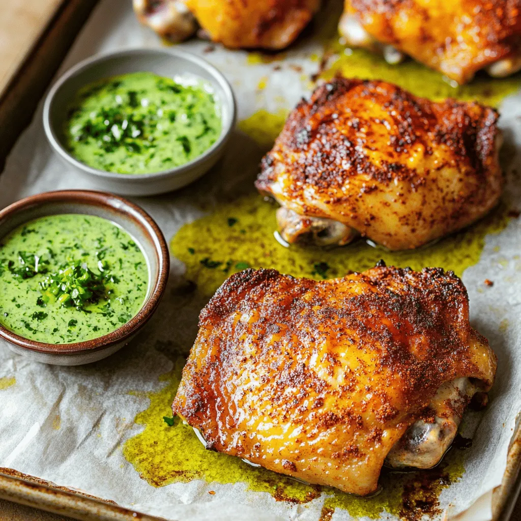 - 4 bone-in, skin-on chicken thighs - 2 tablespoons olive oil - 2 teaspoons ground cumin - 2 teaspoons smoked paprika - 1 cup fresh cilantro leaves - 1/2 cup mayonnaise - 1/4 cup creamy Greek yogurt - 1 jalapeño pepper - 1 teaspoon garlic powder - 1 teaspoon onion powder - Salt and freshly ground black pepper - 2 tablespoons freshly squeezed lime juice Gather these ingredients for a flavorful meal. The chicken thighs give great taste and texture, while the green sauce adds a fresh kick. I love how the olive oil helps the spices stick to the chicken. Ground cumin and smoked paprika bring warmth and depth to the dish. For the sauce, fresh cilantro is key. It gives that bright, herbaceous flavor. Mayonnaise and Greek yogurt create a creamy base. Plus, the jalapeño adds just the right amount of heat. Don’t forget the seasoning! Garlic powder and onion powder enhance the chicken's flavor. And lime juice balances everything nicely. This combo of ingredients makes for a dish that is not only tasty but also fun to make. You can find the full recipe for even more details on preparation and cooking. First, gather your chicken thighs. In a large bowl, mix the olive oil, cumin, smoked paprika, garlic powder, onion powder, salt, and black pepper. Whisk them together until smooth. Add the chicken thighs to this mix. Use your hands to cover each piece well. This helps the flavors soak in. Cover the bowl with plastic wrap. Place it in the fridge for at least 1 hour. For the best flavor, marinate overnight. Next, grab your food processor. Add the cilantro, mayonnaise, Greek yogurt, jalapeño, lime juice, minced garlic, and a pinch of salt. Pulse this mixture until smooth and creamy. Take a taste and adjust the seasoning. You might need more salt or lime juice. Once you're happy with it, transfer the sauce to a bowl. Cover tightly and chill it in the fridge until serving time. Now it's time to cook! Preheat your oven to 425°F (220°C). Line a baking sheet with parchment paper. This makes cleanup easy. Place the marinated chicken thighs on the sheet, skin-side up. Bake them for 35 to 40 minutes. You want the skin to be golden and crispy. Check that the chicken reaches 165°F (75°C) in the thickest part. This step-by-step guide ensures you enjoy a tasty Peruvian chicken with green sauce. For the full recipe, check the complete instructions above. To get that perfect crispy skin, make sure the chicken skin is dry. Pat it with a paper towel before marinating. The skin needs to be exposed to the heat for it to crisp up. If you want a different method, try grilling the chicken instead of baking. Grilling also gives it a nice smoky flavor. To take your green sauce to the next level, add more herbs like parsley or mint. These herbs will brighten the sauce. You can also spice it up by adding different peppers. Try a serrano or a habanero for extra heat. Just be sure to adjust the amount to your taste! For sides, serve this dish with rice, beans, or roasted vegetables. These pair well with the chicken’s rich flavors. You can also add a fresh salad for a crisp contrast. When serving, garnish the chicken with cilantro and lime wedges. This makes your dish look even more appealing! {{image_4}} You can switch things up by grilling the chicken. Grilling gives a nice smoky flavor. Start by marinating the chicken as you would in the oven method. Then, heat your grill to medium-high. Place the marinated chicken thighs on the grill. Cook them for about 6-8 minutes on each side. Look for those lovely grill marks. The key is to reach an internal temperature of 165°F. For extra flavor, add a squeeze of lime right before serving. Not into chicken? No problem! You can make a tasty vegetarian version. Use plant-based proteins like tofu or tempeh. Press and marinate them just like the chicken. Grill or bake the tofu for crispiness. You can even use hearty veggies like portobello mushrooms. The key is to ensure they soak in all the delicious flavors from the marinade. The green sauce pairs perfectly with these options, too. While the green sauce is a star, you have options. Try a spicy peanut sauce for a different kick. Blend peanut butter with soy sauce, lime juice, and a bit of garlic. Another option is a tangy yogurt sauce with lime and herbs. Mix plain yogurt, lime juice, and fresh dill or parsley. You can even serve the chicken with a simple chimichurri sauce for a fresh twist. Each sauce brings its unique flavor and makes the dish exciting. For more ways to enjoy Peruvian chicken, check the Full Recipe. To keep your leftover chicken fresh, place it in an airtight container. Make sure the chicken is cooled before sealing. Store it in the refrigerator. The chicken stays good for about 3 to 4 days. If you want to keep it longer, consider freezing it. Frozen chicken can last up to 4 months. For the green sauce, use a clean jar or container. Seal it tightly to keep air out. Store it in the fridge. The sauce stays fresh for about 1 week. If you want to save it longer, you can freeze it. Pour the sauce into ice cube trays. This way, you can use small amounts later. Just pop out a cube when needed. When reheating chicken, the oven is a great choice. Preheat the oven to 350°F (175°C). Place the chicken on a baking sheet and cover it with foil. Heat for about 15-20 minutes. For the green sauce, use a small pot. Heat it gently over low heat. Stir often to keep it from burning. These methods keep your chicken juicy and your sauce creamy. Peruvian chicken, or Pollo a la Brasa, is a spiced roast chicken. It is famous for its smoky flavor and crispy skin. The green sauce, known as aji verde, is a spicy, creamy mix made with cilantro and jalapeños. This dish comes from Peru and reflects its rich culinary culture. People enjoy this meal at family gatherings and restaurants across the country. Yes, you can make this recipe ahead of time. Marinate the chicken the night before for better flavor. You can also prepare the green sauce in advance. Store it in the fridge, and it will stay fresh for up to a week. Just remember to give the sauce a good stir before serving. Many sides go well with Peruvian chicken. Here are some ideas: - Rice: White or fried rice complements the chicken nicely. - Beans: Black beans add protein and flavor. - Salad: A fresh salad with lime dressing brightens the meal. - Plantains: Sweet fried plantains add a tasty contrast. To make the green sauce less spicy, you can reduce the jalapeño amount. Remove the seeds and white parts for milder heat. You can also add more mayonnaise or Greek yogurt to tone down the spice. Adjust lime juice to balance the flavor as needed. You can find authentic Peruvian chicken at local Peruvian restaurants or food trucks. Look for places that focus on traditional dishes. Check online reviews for recommendations. You may also find food festivals featuring Peruvian cuisine near you. In this post, we've explored how to make delicious Peruvian chicken with a flavorful green sauce. You learned about the key ingredients, step-by-step cooking instructions, and helpful tips for the best results. We also covered tasty variations and storage options. Embrace this recipe for a fun and satisfying meal. Don't shy away from trying different sides or sauces to make it your own. Enjoy the bold flavors and share with friends for a true culinary delight!