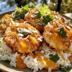 To make Coconut Chicken with Apricot Sauce, gather these ingredients: - 2 boneless, skinless chicken breasts - 1 cup unsweetened coconut flakes - 1 cup all-purpose flour - 2 large eggs, beaten - 1 teaspoon garlic powder - 1/2 teaspoon salt - 1/2 teaspoon freshly ground black pepper - 1 tablespoon olive oil - 1 cup apricot preserves - 1 tablespoon Dijon mustard - 1 tablespoon apple cider vinegar - Fresh cilantro leaves, for garnish These ingredients come together to create a dish full of flavor. You can customize this recipe to suit your taste. Here are some optional ingredients: - Chili flakes for heat - Lime zest for a citrus kick - Chopped green onions for freshness - Toasted nuts for crunch Feel free to mix and match these options to make the dish yours! If you need to make substitutions, here are some ideas: - Use coconut flour instead of all-purpose flour for a gluten-free option. - Swap apricot preserves with peach or mango preserves for a different fruit flavor. - Replace olive oil with coconut oil for an extra coconut taste. - Use maple syrup instead of Dijon mustard for sweetness. These substitutions can change the dish and keep it exciting. For more details, check the Full Recipe. Start by patting the chicken breasts dry. This helps the breading stick better. Slice each breast in half to make thinner cutlets. These will cook evenly and quickly. Next, set up your breading station. Use three shallow bowls. In the first bowl, mix flour, garlic powder, salt, and pepper. In the second bowl, add the beaten eggs. In the third bowl, put the coconut flakes. This setup makes breading simple and neat. Now it’s time to cook. Heat olive oil in a large skillet over medium heat. When the oil is hot, add the breaded chicken cutlets. Cook for about 4-5 minutes on each side. You want them golden brown and fully cooked. Adjust the heat if needed. This keeps the chicken from burning. While the chicken cooks, let’s prepare the apricot sauce. In a small saucepan, mix apricot preserves, Dijon mustard, and apple cider vinegar. Heat this over low. Stir until it’s warm and smooth. This should take about 3-4 minutes. If the sauce is too thick, add a splash of water. Once everything is ready, plate the chicken and drizzle the warm apricot sauce on top. Enjoy this tasty dish! For the full recipe, check out the details above. To make sure your chicken turns out great, follow these tips: - Use thin cutlets: This helps the chicken cook evenly. Slice the breasts in half for faster cooking. - Preheat the skillet: Heating the oil until it shimmers is key. This gives you a nice golden brown crust. - Don’t overcrowd the pan: Cook in batches if needed. This helps the chicken fry rather than steam. When serving coconut chicken, you want to create a feast for the eyes and the palate: - Serve on rice: A fluffy bed of jasmine rice is perfect. It soaks up the apricot sauce well. - Add fresh veggies: Steamed broccoli or a light salad balances the meal. The crunch adds nice texture. - Pair with a drink: A light iced tea or a fruity mocktail complements the dish well. Making your meal look good is easy with a few simple touches: - Use fresh herbs: Cilantro sprigs add color and freshness. They also give a nice aroma. - Sprinkle toasted coconut: This adds crunch and enhances the coconut flavor. It also looks beautiful. - Add lime wedges: A pop of green makes the plate vibrant. Plus, a squeeze of lime brightens the flavors. For more details, check the Full Recipe for Coconut Chicken with Apricot Sauce. {{image_4}} You can try different sauces with coconut chicken. For a spicy kick, use mango salsa. It adds a fresh burst of flavor. If you like savory, try a soy sauce mix with honey and ginger. This gives a nice Asian twist. Barbecue sauce also works well, adding a smoky touch. You can bake the chicken if you want a healthier option. Preheat your oven to 400°F. Place breaded chicken on a lined baking sheet. Bake for about 20 minutes, flipping halfway. This method keeps the chicken juicy. If you prefer frying, use medium heat. Fry until golden brown, about 4-5 minutes per side. Both methods yield delicious results! You can swap ingredients to fit your needs. For a gluten-free option, use almond flour instead of all-purpose flour. Coconut flakes are naturally gluten-free. If you want a vegan dish, replace chicken with tofu. Use unsweetened coconut yogurt for the sauce. This keeps the flavors while fitting different diets. Check the [Full Recipe] for all the details. After enjoying your coconut chicken, let it cool first. Place the leftover chicken in an airtight container. This keeps it fresh. Store it in the fridge for up to three days. Make sure to separate the apricot sauce if you want to keep it fresh longer. To reheat coconut chicken, use the oven for the best results. Preheat your oven to 350°F (175°C). Place the chicken on a baking sheet and cover it with foil. Heat it for about 15 minutes. This warms it evenly without drying it out. You can also use a microwave. Heat it in short bursts, checking often so it doesn’t get too hot. If you want to save some coconut chicken for later, freezing is a great option. Wrap each piece in plastic wrap tightly. Then, place them in a freezer-safe bag. This will prevent freezer burn. You can freeze the chicken for up to three months. Remember to label the bag with the date. When you’re ready to eat, thaw it overnight in the fridge before reheating. For the apricot sauce, store it in a small container in the fridge or freeze it in ice cube trays for easy use. To make Coconut Chicken with Apricot Sauce gluten-free, swap the all-purpose flour for gluten-free flour. Many brands offer good options. You can also use almond flour or coconut flour for a nutty flavor. Ensure all your sauces, like the apricot preserves and Dijon mustard, are gluten-free. Check labels, as some brands may contain gluten. Yes, you can use other meats. Turkey cutlets work well and have a similar texture. Pork chops are another tasty option. Just remember to adjust cooking times. For fish, try firm white fish like cod or halibut. These options will add different flavors while keeping the dish enjoyable. This dish shines with simple sides. Try steamed jasmine rice for a fluffy base. Quinoa adds a nutty flavor and extra protein. Roasted vegetables like broccoli or asparagus complement the sweetness of the sauce. A light salad with citrus dressing can also balance the meal. These sides will enhance your dining experience! For the full recipe, check out the detailed instructions above. In this blog post, we explored how to make Coconut Chicken with Apricot Sauce. We covered the ingredients, cooking steps, and helpful tips. You learned how to customize the dish and adapt it for special diets. Remember, this dish is flexible. Use your best ingredients and enjoy the process. Try different sauces or cooking methods to match your taste. With these ideas, you'll impress your family and friends. Get ready to serve up a delicious meal!