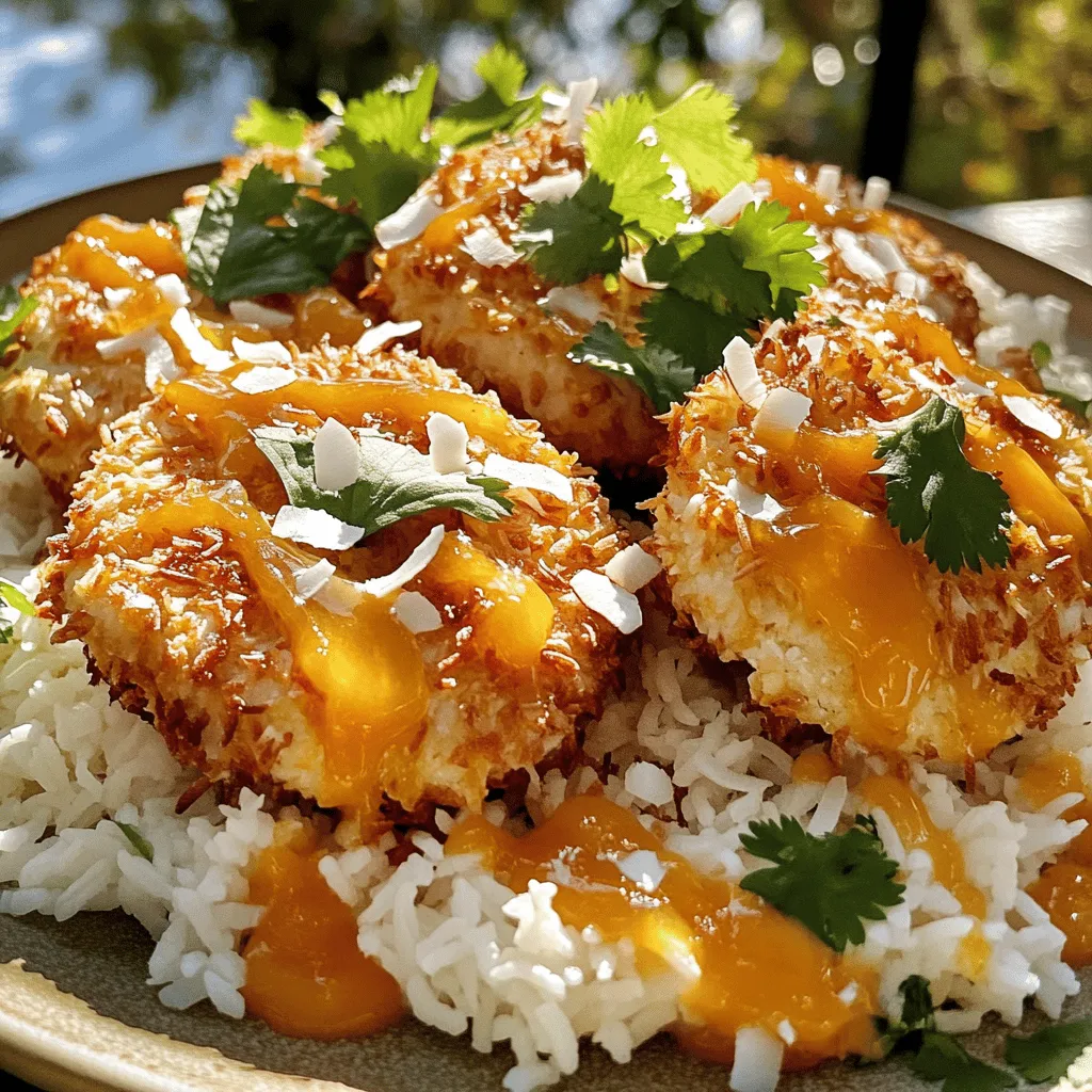 To make Coconut Chicken with Apricot Sauce, gather these ingredients: - 2 boneless, skinless chicken breasts - 1 cup unsweetened coconut flakes - 1 cup all-purpose flour - 2 large eggs, beaten - 1 teaspoon garlic powder - 1/2 teaspoon salt - 1/2 teaspoon freshly ground black pepper - 1 tablespoon olive oil - 1 cup apricot preserves - 1 tablespoon Dijon mustard - 1 tablespoon apple cider vinegar - Fresh cilantro leaves, for garnish These ingredients come together to create a dish full of flavor. You can customize this recipe to suit your taste. Here are some optional ingredients: - Chili flakes for heat - Lime zest for a citrus kick - Chopped green onions for freshness - Toasted nuts for crunch Feel free to mix and match these options to make the dish yours! If you need to make substitutions, here are some ideas: - Use coconut flour instead of all-purpose flour for a gluten-free option. - Swap apricot preserves with peach or mango preserves for a different fruit flavor. - Replace olive oil with coconut oil for an extra coconut taste. - Use maple syrup instead of Dijon mustard for sweetness. These substitutions can change the dish and keep it exciting. For more details, check the Full Recipe. Start by patting the chicken breasts dry. This helps the breading stick better. Slice each breast in half to make thinner cutlets. These will cook evenly and quickly. Next, set up your breading station. Use three shallow bowls. In the first bowl, mix flour, garlic powder, salt, and pepper. In the second bowl, add the beaten eggs. In the third bowl, put the coconut flakes. This setup makes breading simple and neat. Now it’s time to cook. Heat olive oil in a large skillet over medium heat. When the oil is hot, add the breaded chicken cutlets. Cook for about 4-5 minutes on each side. You want them golden brown and fully cooked. Adjust the heat if needed. This keeps the chicken from burning. While the chicken cooks, let’s prepare the apricot sauce. In a small saucepan, mix apricot preserves, Dijon mustard, and apple cider vinegar. Heat this over low. Stir until it’s warm and smooth. This should take about 3-4 minutes. If the sauce is too thick, add a splash of water. Once everything is ready, plate the chicken and drizzle the warm apricot sauce on top. Enjoy this tasty dish! For the full recipe, check out the details above. To make sure your chicken turns out great, follow these tips: - Use thin cutlets: This helps the chicken cook evenly. Slice the breasts in half for faster cooking. - Preheat the skillet: Heating the oil until it shimmers is key. This gives you a nice golden brown crust. - Don’t overcrowd the pan: Cook in batches if needed. This helps the chicken fry rather than steam. When serving coconut chicken, you want to create a feast for the eyes and the palate: - Serve on rice: A fluffy bed of jasmine rice is perfect. It soaks up the apricot sauce well. - Add fresh veggies: Steamed broccoli or a light salad balances the meal. The crunch adds nice texture. - Pair with a drink: A light iced tea or a fruity mocktail complements the dish well. Making your meal look good is easy with a few simple touches: - Use fresh herbs: Cilantro sprigs add color and freshness. They also give a nice aroma. - Sprinkle toasted coconut: This adds crunch and enhances the coconut flavor. It also looks beautiful. - Add lime wedges: A pop of green makes the plate vibrant. Plus, a squeeze of lime brightens the flavors. For more details, check the Full Recipe for Coconut Chicken with Apricot Sauce. {{image_4}} You can try different sauces with coconut chicken. For a spicy kick, use mango salsa. It adds a fresh burst of flavor. If you like savory, try a soy sauce mix with honey and ginger. This gives a nice Asian twist. Barbecue sauce also works well, adding a smoky touch. You can bake the chicken if you want a healthier option. Preheat your oven to 400°F. Place breaded chicken on a lined baking sheet. Bake for about 20 minutes, flipping halfway. This method keeps the chicken juicy. If you prefer frying, use medium heat. Fry until golden brown, about 4-5 minutes per side. Both methods yield delicious results! You can swap ingredients to fit your needs. For a gluten-free option, use almond flour instead of all-purpose flour. Coconut flakes are naturally gluten-free. If you want a vegan dish, replace chicken with tofu. Use unsweetened coconut yogurt for the sauce. This keeps the flavors while fitting different diets. Check the [Full Recipe] for all the details. After enjoying your coconut chicken, let it cool first. Place the leftover chicken in an airtight container. This keeps it fresh. Store it in the fridge for up to three days. Make sure to separate the apricot sauce if you want to keep it fresh longer. To reheat coconut chicken, use the oven for the best results. Preheat your oven to 350°F (175°C). Place the chicken on a baking sheet and cover it with foil. Heat it for about 15 minutes. This warms it evenly without drying it out. You can also use a microwave. Heat it in short bursts, checking often so it doesn’t get too hot. If you want to save some coconut chicken for later, freezing is a great option. Wrap each piece in plastic wrap tightly. Then, place them in a freezer-safe bag. This will prevent freezer burn. You can freeze the chicken for up to three months. Remember to label the bag with the date. When you’re ready to eat, thaw it overnight in the fridge before reheating. For the apricot sauce, store it in a small container in the fridge or freeze it in ice cube trays for easy use. To make Coconut Chicken with Apricot Sauce gluten-free, swap the all-purpose flour for gluten-free flour. Many brands offer good options. You can also use almond flour or coconut flour for a nutty flavor. Ensure all your sauces, like the apricot preserves and Dijon mustard, are gluten-free. Check labels, as some brands may contain gluten. Yes, you can use other meats. Turkey cutlets work well and have a similar texture. Pork chops are another tasty option. Just remember to adjust cooking times. For fish, try firm white fish like cod or halibut. These options will add different flavors while keeping the dish enjoyable. This dish shines with simple sides. Try steamed jasmine rice for a fluffy base. Quinoa adds a nutty flavor and extra protein. Roasted vegetables like broccoli or asparagus complement the sweetness of the sauce. A light salad with citrus dressing can also balance the meal. These sides will enhance your dining experience! For the full recipe, check out the detailed instructions above. In this blog post, we explored how to make Coconut Chicken with Apricot Sauce. We covered the ingredients, cooking steps, and helpful tips. You learned how to customize the dish and adapt it for special diets. Remember, this dish is flexible. Use your best ingredients and enjoy the process. Try different sauces or cooking methods to match your taste. With these ideas, you'll impress your family and friends. Get ready to serve up a delicious meal!