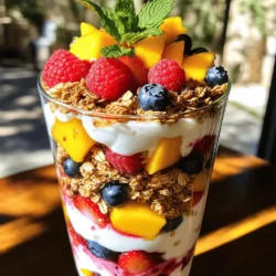 To make a Spring Berry Parfait, gather the following ingredients: - 2 cups Greek yogurt (vanilla for sweetness or plain for a tart taste) - 1 cup granola (choose any kind you like) - 1 cup mixed berries (strawberries, blueberries, and raspberries) - 1 ripe mango (diced into small cubes for added sweetness) - 2 tablespoons honey or maple syrup (optional, for extra sweetness) - Fresh mint leaves (for a bright garnish) These ingredients create a mix of flavors and textures. The yogurt gives a creamy base, while the granola adds crunch. The berries and mango bring fresh fruitiness. Honey or maple syrup can sweeten it up if you prefer. Fresh mint makes it look pretty and adds a nice pop of flavor. With this list, you are ready to make your parfait. For the full recipe, follow the detailed instructions to layer these delicious ingredients into a beautiful dish. Start by rinsing the mixed berries under cool water. For strawberries, remove the green tops and slice them into small pieces. You can use any mix of berries you like, such as blueberries and raspberries. Once rinsed and cut, set the berries aside for layering. Grab a tall glass or parfait cup. Spoon a layer of Greek yogurt into the bottom. This creates a smooth base for your parfait. Next, sprinkle a layer of granola on top of the yogurt. This gives a nice crunch. Now, add a layer of mixed berries and diced mango. For added sweetness, you can drizzle honey or maple syrup over the fruit. Repeat these layers until the glass is full. Make sure the last layer shows off colorful berries on top. To finish, add a dollop of Greek yogurt on the top layer. Decorate with a few berries and a fresh mint sprig. This makes your parfait look bright and inviting. If you have time, chill the parfaits in the fridge for 10-15 minutes. This helps the flavors mix together well. For the full recipe, check out the detailed steps above! Using clear cups makes your parfait look great. You can see all the colorful layers inside. This adds a fun touch to any table. Serve your parfaits on a bright platter. Scatter fresh mint leaves around it for a lively look. This creates a garden vibe that feels fresh and inviting. Greek yogurt is a star in this parfait. It packs protein, calcium, and probiotics. These help keep your gut happy and healthy. Mixed berries are also fantastic. They are full of vitamins and antioxidants. They help you stay healthy and feel good. This parfait is perfect for spring. Fresh berries are in season, making them taste their best. Eating seasonal fruit is smart. It supports local farms and gives you the best flavor. Enjoy this Spring Berry Parfait for a sweet, healthy treat! For the full recipe, you can refer to the instructions above. {{image_4}} You can switch up the berries in your parfait for fun. Try using peaches, cherries, or kiwi. You can even mix in tropical fruits like pineapple or banana. Each fruit adds its own taste. When it comes to yogurt, you have options. You can use flavored yogurts like coconut or strawberry. These add a sweet twist. Plain yogurt gives you a nice tart taste. It’s all about what you like most! Want a vegan parfait? Use plant-based yogurt made from almond, soy, or coconut. These yogurts taste great and keep the parfait creamy. You won’t miss the dairy at all. If you need gluten-free options, look for gluten-free granola. Many great brands make tasty blends. You can also use nuts or seeds for crunch. They provide a healthy option that works well in your parfait. For more ideas, check out the Full Recipe. Enjoy your delicious and colorful creation! To keep your Spring Berry Parfait fresh, store it in the fridge. Use an airtight container. This helps lock in moisture and flavor. Avoid mixing the layers before storage. Keep yogurt, granola, and fruit separate if possible. This method keeps the granola crunchy. If you notice some sogginess, try adding fresh granola before serving. You can make parfaits in advance. Layer them in jars for easy grab-and-go meals. Use glass jars or plastic containers with lids. These containers keep the parfaits safe and fresh. Prepare them the night before to save time in the morning. Just grab and enjoy! For best taste, eat within two days. Making a Spring Berry Parfait is simple and fun. Start by rinsing your berries. For strawberries, slice them into smaller pieces. Next, grab a tall glass or a parfait cup. Begin layering with Greek yogurt for a creamy base. Add a sprinkle of granola for crunch, then top with your mixed berries and diced mango. You can drizzle honey or maple syrup if you want extra sweetness. Repeat these layers until your glass is full. Finish with a dollop of yogurt, some berries, and a mint leaf on top. This recipe is quick and takes only 15 minutes to prepare. Tips for beginners: - Use fresh berries for the best taste. - Choose a clear glass to show off the layers. - Don’t rush the layering; take your time for a pretty look. Yes, you can use frozen berries! They are a great option when fresh berries are not available. Frozen berries are often picked at their peak ripeness. This means they can taste just as good as fresh ones. However, frozen berries may be softer when thawed. This can change the texture of your parfait. Pros of frozen berries: - Convenient and easy to store. - Usually cheaper than fresh. Cons of frozen berries: - They can be mushy when thawed. - They may not look as vibrant in your parfait. A parfait can last about 2 to 3 days in the fridge. To keep it fresh, store it in an airtight container. This helps prevent the granola from getting soggy. Best practices: - Layer the granola just before serving. - Keep the parfait covered to avoid drying out. If you want to switch up your parfait, there are many alternatives to granola. You can try nuts, seeds, or even puffed rice. These options can add crunch without the sweetness of granola. Alternative toppings: - Chopped nuts like almonds or walnuts. - Seeds like chia or sunflower seeds. - Oats for a chewy texture. Feel free to experiment with different toppings to find your perfect flavor! For the full Spring Berry Parfait recipe, check out the [Full Recipe]. This blog post explored how to craft a delicious Spring Berry Parfait. We covered key ingredients like Greek yogurt, granola, and fresh fruits. You learned simple steps for prepping and layering each component to create a stunning dish. Tips for presentation and health benefits highlighted why this parfait is a great choice. You can mix flavors and store leftovers easily. Overall, this parfait not only tastes great but also boosts nutrition. Enjoy making your own variations and sharing this treat with others!