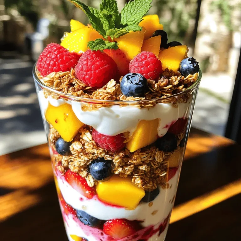 To make a Spring Berry Parfait, gather the following ingredients: - 2 cups Greek yogurt (vanilla for sweetness or plain for a tart taste) - 1 cup granola (choose any kind you like) - 1 cup mixed berries (strawberries, blueberries, and raspberries) - 1 ripe mango (diced into small cubes for added sweetness) - 2 tablespoons honey or maple syrup (optional, for extra sweetness) - Fresh mint leaves (for a bright garnish) These ingredients create a mix of flavors and textures. The yogurt gives a creamy base, while the granola adds crunch. The berries and mango bring fresh fruitiness. Honey or maple syrup can sweeten it up if you prefer. Fresh mint makes it look pretty and adds a nice pop of flavor. With this list, you are ready to make your parfait. For the full recipe, follow the detailed instructions to layer these delicious ingredients into a beautiful dish. Start by rinsing the mixed berries under cool water. For strawberries, remove the green tops and slice them into small pieces. You can use any mix of berries you like, such as blueberries and raspberries. Once rinsed and cut, set the berries aside for layering. Grab a tall glass or parfait cup. Spoon a layer of Greek yogurt into the bottom. This creates a smooth base for your parfait. Next, sprinkle a layer of granola on top of the yogurt. This gives a nice crunch. Now, add a layer of mixed berries and diced mango. For added sweetness, you can drizzle honey or maple syrup over the fruit. Repeat these layers until the glass is full. Make sure the last layer shows off colorful berries on top. To finish, add a dollop of Greek yogurt on the top layer. Decorate with a few berries and a fresh mint sprig. This makes your parfait look bright and inviting. If you have time, chill the parfaits in the fridge for 10-15 minutes. This helps the flavors mix together well. For the full recipe, check out the detailed steps above! Using clear cups makes your parfait look great. You can see all the colorful layers inside. This adds a fun touch to any table. Serve your parfaits on a bright platter. Scatter fresh mint leaves around it for a lively look. This creates a garden vibe that feels fresh and inviting. Greek yogurt is a star in this parfait. It packs protein, calcium, and probiotics. These help keep your gut happy and healthy. Mixed berries are also fantastic. They are full of vitamins and antioxidants. They help you stay healthy and feel good. This parfait is perfect for spring. Fresh berries are in season, making them taste their best. Eating seasonal fruit is smart. It supports local farms and gives you the best flavor. Enjoy this Spring Berry Parfait for a sweet, healthy treat! For the full recipe, you can refer to the instructions above. {{image_4}} You can switch up the berries in your parfait for fun. Try using peaches, cherries, or kiwi. You can even mix in tropical fruits like pineapple or banana. Each fruit adds its own taste. When it comes to yogurt, you have options. You can use flavored yogurts like coconut or strawberry. These add a sweet twist. Plain yogurt gives you a nice tart taste. It’s all about what you like most! Want a vegan parfait? Use plant-based yogurt made from almond, soy, or coconut. These yogurts taste great and keep the parfait creamy. You won’t miss the dairy at all. If you need gluten-free options, look for gluten-free granola. Many great brands make tasty blends. You can also use nuts or seeds for crunch. They provide a healthy option that works well in your parfait. For more ideas, check out the Full Recipe. Enjoy your delicious and colorful creation! To keep your Spring Berry Parfait fresh, store it in the fridge. Use an airtight container. This helps lock in moisture and flavor. Avoid mixing the layers before storage. Keep yogurt, granola, and fruit separate if possible. This method keeps the granola crunchy. If you notice some sogginess, try adding fresh granola before serving. You can make parfaits in advance. Layer them in jars for easy grab-and-go meals. Use glass jars or plastic containers with lids. These containers keep the parfaits safe and fresh. Prepare them the night before to save time in the morning. Just grab and enjoy! For best taste, eat within two days. Making a Spring Berry Parfait is simple and fun. Start by rinsing your berries. For strawberries, slice them into smaller pieces. Next, grab a tall glass or a parfait cup. Begin layering with Greek yogurt for a creamy base. Add a sprinkle of granola for crunch, then top with your mixed berries and diced mango. You can drizzle honey or maple syrup if you want extra sweetness. Repeat these layers until your glass is full. Finish with a dollop of yogurt, some berries, and a mint leaf on top. This recipe is quick and takes only 15 minutes to prepare. Tips for beginners: - Use fresh berries for the best taste. - Choose a clear glass to show off the layers. - Don’t rush the layering; take your time for a pretty look. Yes, you can use frozen berries! They are a great option when fresh berries are not available. Frozen berries are often picked at their peak ripeness. This means they can taste just as good as fresh ones. However, frozen berries may be softer when thawed. This can change the texture of your parfait. Pros of frozen berries: - Convenient and easy to store. - Usually cheaper than fresh. Cons of frozen berries: - They can be mushy when thawed. - They may not look as vibrant in your parfait. A parfait can last about 2 to 3 days in the fridge. To keep it fresh, store it in an airtight container. This helps prevent the granola from getting soggy. Best practices: - Layer the granola just before serving. - Keep the parfait covered to avoid drying out. If you want to switch up your parfait, there are many alternatives to granola. You can try nuts, seeds, or even puffed rice. These options can add crunch without the sweetness of granola. Alternative toppings: - Chopped nuts like almonds or walnuts. - Seeds like chia or sunflower seeds. - Oats for a chewy texture. Feel free to experiment with different toppings to find your perfect flavor! For the full Spring Berry Parfait recipe, check out the [Full Recipe]. This blog post explored how to craft a delicious Spring Berry Parfait. We covered key ingredients like Greek yogurt, granola, and fresh fruits. You learned simple steps for prepping and layering each component to create a stunning dish. Tips for presentation and health benefits highlighted why this parfait is a great choice. You can mix flavors and store leftovers easily. Overall, this parfait not only tastes great but also boosts nutrition. Enjoy making your own variations and sharing this treat with others!