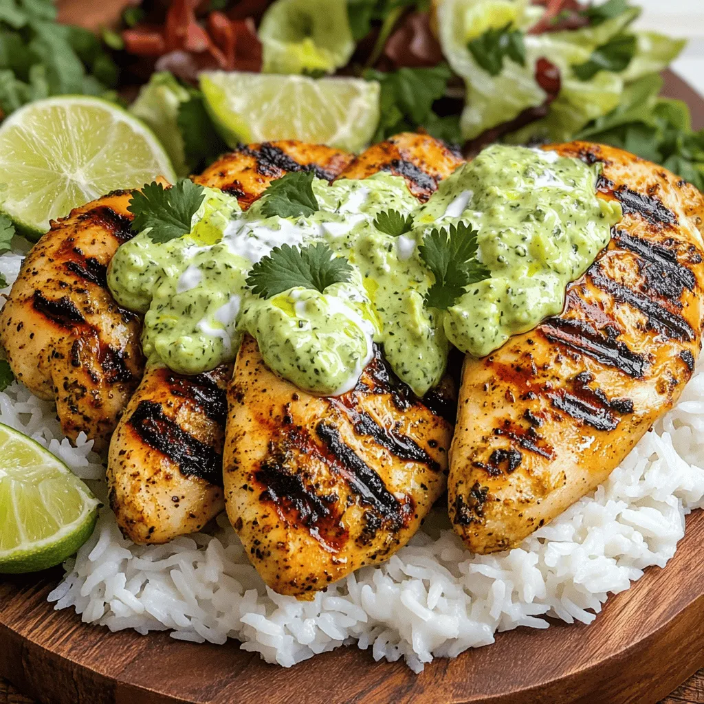 - 4 boneless, skinless chicken breasts - 2 tablespoons olive oil - Salt and pepper, to taste - 1 teaspoon paprika - 1 teaspoon ground cumin - 1 tablespoon garlic powder - Juice of 1 lime The star of this recipe is the chicken. You want it to be tender and juicy. Olive oil adds moisture and flavor. The spices give it a nice kick. - 1 cup fresh cilantro leaves, tightly packed - 1 jalapeño pepper, seeds removed - 2 tablespoons fresh lime juice - 1 ripe avocado, pitted and peeled - 1/2 cup Greek yogurt - 2 tablespoons mayonnaise - 1 garlic clove, minced - Salt, to taste The creamy green sauce is where the magic happens. Fresh cilantro and jalapeño create a bright taste. Avocado and Greek yogurt make it rich and smooth. This sauce pairs perfectly with the grilled chicken. - Use a dry measuring cup for solid ingredients like avocado and cilantro. - Use a liquid measuring cup for liquids like lime juice and olive oil. - If you have allergies, substitute Greek yogurt with dairy-free options like coconut yogurt. Measuring well ensures your dish comes out just right. Keep everything fresh and flavorful for the best results. For allergen-friendly cooking, always check ingredient labels. Start by making the marinade. In a medium bowl, mix together: - 2 tablespoons olive oil - Salt and pepper, to taste - 1 teaspoon paprika - 1 teaspoon ground cumin - 1 tablespoon garlic powder - Juice of 1 lime Whisk it all together until smooth. Next, coat each chicken breast with the marinade. Make sure every inch is covered. Cover the bowl with plastic wrap. Let the chicken sit in the fridge for 30 minutes. This lets all the flavors soak in. Now, it’s time to grill. Preheat your grill or grill pan over medium-high heat. You want it nice and hot. Once hot, place the marinated chicken on the grill. Cook each side for about 6-7 minutes. Use a meat thermometer to check. The chicken needs to reach 165°F (75°C) to be safe. After cooking, let the chicken rest for 5 minutes before slicing. While the chicken grills, make the creamy green sauce. In a food processor, add: - 1 cup fresh cilantro leaves - 1 jalapeño pepper, seeds removed - 2 tablespoons fresh lime juice - 1 ripe avocado, pitted and peeled - 1/2 cup Greek yogurt - 2 tablespoons mayonnaise - 1 garlic clove, minced - Salt, to taste Blend until smooth and creamy. Taste the sauce and adjust the salt if needed. You want it flavorful and fresh. Follow these steps to create a delicious Peruvian Chicken with creamy green sauce. For more details, check the Full Recipe. To keep your chicken juicy, follow these steps: - <strong>Marinate well</strong>: Let the chicken soak in the marinade for at least 30 minutes. This adds flavor and moisture. – <strong>Don’t overcook</strong>: Use a meat thermometer. Check that the chicken reaches 165°F (75°C). This ensures it is safe to eat and juicy. The creamy green sauce can be tailored to your taste: – <strong>Spice levels</strong>: Use more or less jalapeño. Seeded jalapeños give less heat. – <strong>Add herbs</strong>: Try adding parsley or dill for a fresh twist. This enriches the sauce’s flavor. How you serve the dish makes a big difference: – <strong>Plate attractively</strong>: Arrange chicken slices on a large platter. Drizzle the sauce generously on top. – <strong>Garnish smartly</strong>: Add lime wedges and extra cilantro. This adds color and freshness. Pair with fluffy rice or a salad for a full meal. For the full recipe, check out the details above. {{image_4}} You can switch up the protein for this dish. Fish or shrimp both work well. They cook fast and soak up the flavors nicely. For a vegetarian option, I love grilled vegetables like zucchini and bell peppers. They add color and taste. If you want a dairy-free or vegan sauce, use coconut yogurt instead of Greek yogurt. You can also blend in nuts like cashews for creaminess. Adding more lime juice can brighten up the sauce. Try mixing in fresh herbs like parsley or mint for extra flavor. Peruvian Chicken pairs great with fluffy rice or crispy potatoes. A side salad with fresh greens adds crunch. For drinks, try a light beer or a fruity soda. You could also serve it with a cold glass of lemonade. To store leftovers, cool the chicken and sauce first. Place them in separate containers. Use airtight containers to keep them fresh. This helps keep flavors and moisture intact. I recommend glass or BPA-free plastic containers. They don’t absorb odors and are easy to clean. For freezing, let the chicken cool completely. Wrap each piece tightly in plastic wrap. Then, place them in a freezer bag. For the sauce, transfer it to a freezer-safe container. Leave space at the top, as liquids expand when frozen. To thaw, move the chicken and sauce to the fridge overnight. This helps retain their flavors and textures. To reheat chicken, use the oven at 350°F (175°C). Place it in a baking dish, cover with foil, and heat for about 20 minutes. This keeps the chicken juicy and tender. For the creamy green sauce, warm it gently on the stove. Stir frequently to avoid burning. If it thickens, add a splash of water or lime juice to revive it. Enjoy your meal again! Peruvian Chicken with Creamy Green Sauce is a tasty dish from Peru. It features grilled chicken that is marinated in spices and lime juice. The creamy green sauce adds a fresh, zesty flavor. This dish celebrates Peru’s rich culinary history, blending local herbs and spices. The green sauce often uses cilantro and jalapeño for a unique twist. Yes, you can prepare parts of this dish ahead of time. You can marinate the chicken earlier in the day. Just cover and refrigerate until you are ready to cook. The creamy green sauce can also be made in advance. Store it in the fridge for up to two days. This makes meal prep easy and saves time. The creamy green sauce can be spicy, but you control the heat. Jalapeño peppers add spice, but you can adjust this. Remove the seeds for less heat. You can also use less jalapeño or substitute with a milder pepper. Taste the sauce as you mix it and adjust to your liking. You can pair this dish with several sides. Fluffy steamed rice works well. A light salad with fresh greens is refreshing too. You might also enjoy roasted vegetables for added flavor. For a traditional touch, serve with Peruvian corn or black beans. Yes, you can switch up the meat. This recipe works well with chicken thighs instead of breasts. You can also use fish like salmon or shrimp. For a vegetarian option, try grilled vegetables such as zucchini or bell peppers. Just adjust the cooking time as needed. For the full recipe to try this delightful dish, check out the [Full Recipe]. This blog post covered how to make delicious Peruvian chicken with a creamy green sauce. We discussed main ingredients, step-by-step instructions, and helpful tips. You learned how to marinate chicken, grill it perfectly, and whip up a flavorful sauce. In the end, you can enjoy this dish in many ways. Feel free to experiment with ingredients and make it your own. With these tools, you are set to impress at your next meal. Happy cooking!” /></p>
</p>
<h2>Variations</h2>
</p>
<h3>Alternative Ingredients</h3>
<p>You can switch up the protein for this dish. Fish or shrimp both work well. They cook fast and soak up the flavors nicely. For a vegetarian option, I love grilled vegetables like zucchini and bell peppers. They add color and taste.</p>
</p>
<h3>Sauce Variations</h3>
<p>If you want a dairy-free or vegan sauce, use coconut yogurt instead of Greek yogurt. You can also blend in nuts like cashews for creaminess. Adding more lime juice can brighten up the sauce. Try mixing in fresh herbs like parsley or mint for extra flavor.</p>
</p>
<h3>Serving Suggestions</h3>
<p>Peruvian Chicken pairs great with fluffy rice or crispy potatoes. A side salad with fresh greens adds crunch. For drinks, try a light beer or a fruity soda. You could also serve it with a cold glass of lemonade.</p>
</p>
<h2>Storage Info</h2>
</p>
<h3>Refrigeration Tips</h3>
<p>To store leftovers, cool the chicken and sauce first. Place them in separate containers. Use airtight containers to keep them fresh. This helps keep flavors and moisture intact. I recommend glass or BPA-free plastic containers. They don’t absorb odors and are easy to clean.</p>
</p>
<h3>Freezing Instructions</h3>
<p>For freezing, let the chicken cool completely. Wrap each piece tightly in plastic wrap. Then, place them in a freezer bag. For the sauce, transfer it to a freezer-safe container. Leave space at the top, as liquids expand when frozen. To thaw, move the chicken and sauce to the fridge overnight. This helps retain their flavors and textures.</p>
</p>
<h3>Reheating Guidelines</h3>
<p>To reheat chicken, use the oven at 350°F (175°C). Place it in a baking dish, cover with foil, and heat for about 20 minutes. This keeps the chicken juicy and tender. For the creamy green sauce, warm it gently on the stove. Stir frequently to avoid burning. If it thickens, add a splash of water or lime juice to revive it. Enjoy your meal again!</p>
</p>
<h2>FAQs</h2>
</p>
<h3>What is Peruvian Chicken with Creamy Green Sauce?</h3>
<p>Peruvian Chicken with Creamy Green Sauce is a tasty dish from Peru. It features grilled chicken that is marinated in spices and lime juice. The creamy green sauce adds a fresh, zesty flavor. This dish celebrates Peru’s rich culinary history, blending local herbs and spices. The green sauce often uses cilantro and jalapeño for a unique twist.</p>
</p>
<h3>Can I make this recipe ahead of time?</h3>
<p>Yes, you can prepare parts of this dish ahead of time. You can marinate the chicken earlier in the day. Just cover and refrigerate until you are ready to cook. The creamy green sauce can also be made in advance. Store it in the fridge for up to two days. This makes meal prep easy and saves time.</p>
</p>
<h3>Is the creamy green sauce spicy?</h3>
<p>The creamy green sauce can be spicy, but you control the heat. Jalapeño peppers add spice, but you can adjust this. Remove the seeds for less heat. You can also use less jalapeño or substitute with a milder pepper. Taste the sauce as you mix it and adjust to your liking.</p>
</p>
<h3>How can I pair this dish?</h3>
<p>You can pair this dish with several sides. Fluffy steamed rice works well. A light salad with fresh greens is refreshing too. You might also enjoy roasted vegetables for added flavor. For a traditional touch, serve with Peruvian corn or black beans.</p>
</p>
<h3>Can I use other meats in this recipe?</h3>
<p>Yes, you can switch up the meat. This recipe works well with chicken thighs instead of breasts. You can also use fish like salmon or shrimp. For a vegetarian option, try grilled vegetables such as zucchini or bell peppers. Just adjust the cooking time as needed.</p>
</p>
<p>For the full recipe to try this delightful dish, check out the [Full Recipe].</p>
</p>
<p>This blog post covered how to make delicious Peruvian chicken with a creamy green sauce. We discussed main ingredients, step-by-step instructions, and helpful tips. You learned how to marinate chicken, grill it perfectly, and whip up a flavorful sauce.</p>
</p>
<p>In the end, you can enjoy this dish in many ways. Feel free to experiment with ingredients and make it your own. With these tools, you are set to impress at your next meal. Happy cooking!</p>
<div id=