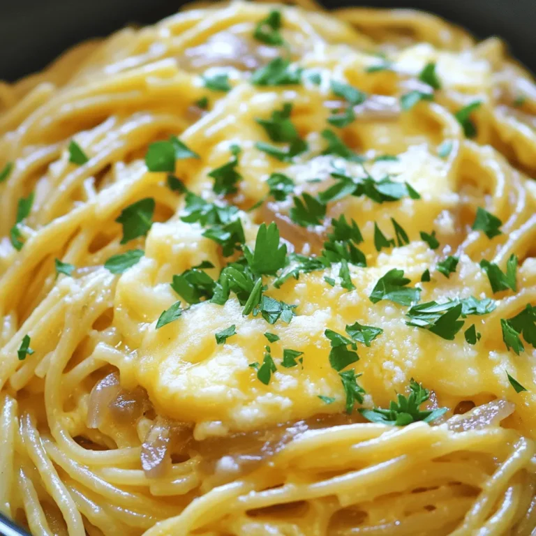 One Pot French Onion Pasta needs some simple and tasty ingredients. Here’s what you will need: - 12 oz (340g) spaghetti or linguine - 3 large yellow onions, thinly sliced - 4 cloves garlic, minced - 4 cups vegetable broth - 1 teaspoon dried thyme - 2 tablespoons olive oil - 1 tablespoon balsamic vinegar - 1 cup grated Gruyère cheese - 1 cup grated Parmesan cheese - Salt and pepper to taste - 1 tablespoon fresh parsley, chopped (for garnish) Each ingredient plays a key role. The onions give sweetness and depth. The garlic adds aroma. The vegetable broth creates a rich base for the pasta. The cheeses melt into a creamy sauce, making every bite heavenly. The balsamic vinegar brings a touch of tanginess, balancing the dish beautifully. I love using fresh parsley on top. It adds a pop of color and freshness. When you gather these ingredients, think about how they will come together. You’re creating something special. If you want the full recipe, check out the details above. - Sautéing the Onions Start by heating the olive oil in a large pot over medium heat. Once the oil is hot, add the sliced yellow onions. Sprinkle in a pinch of salt to help them soften. Cook the onions for about 20 to 25 minutes. Stir them often until they become deeply caramelized and golden brown. This step is key to achieving that rich, sweet flavor we love in French onion dishes. - Adding Garlic and Deglazing When the onions are ready, add the minced garlic. Cook it for about 2 minutes, stirring frequently. You want the garlic to smell amazing, but not burn. Next, pour in the balsamic vinegar. Use a wooden spoon to scrape up any brown bits stuck to the pot. This adds so much flavor! Let it cook for about a minute to enhance the taste. - Cooking the Pasta Now it’s time to stir in the vegetable broth and dried thyme. Turn up the heat to bring this mix to a gentle boil. Once boiling, add your spaghetti or linguine, making sure it’s fully submerged in the broth. Lower the heat and let it simmer. Cook according to package instructions, usually around 9 to 11 minutes. Stir occasionally to keep the pasta from sticking together. - Incorporating Cheeses After the pasta is cooked, reduce the heat to low. Gradually add the Gruyère and Parmesan cheese. Mix well until the cheeses melt and create a creamy sauce. Taste your dish and add salt and pepper as needed. This is where the magic happens! - Resting and Serving Let the pasta sit in the pot for 2 to 3 minutes. This helps the sauce thicken, making the dish even richer. When you’re ready to serve, scoop the pasta into bowls. Garnish with freshly chopped parsley for a splash of color. Enjoy this comforting dish as it warms your heart and fills your belly! - Ensuring Proper Caramelization of Onions Caramelizing onions is key. It adds deep, sweet flavor. Slice onions thinly for even cooking. Cook them slowly over medium heat. Stir often, so they don’t burn. Aim for a rich, golden brown color. This may take about 20-25 minutes. Don’t rush this step. The flavor will shine in your dish. - Adjusting Flavor with Seasonings Seasoning is vital for taste. Add salt early in the cooking process. This helps draw out moisture from the onions. Use fresh or dried thyme for a nice herbal note. Taste your dish as you go. Adjust salt and pepper to suit your palate. A splash of balsamic vinegar adds a tangy kick. - One-Pot Cooking Benefits One-pot meals save time and clean-up. You cook everything in one pot. Flavors blend beautifully as they cook together. It makes weeknight dinners easier and quicker. Plus, you get a creamy sauce without a lot of extra work. - Optional Tools and Equipment A large pot is essential for this dish. A wooden spoon is great for stirring. A sharp knife helps with slicing onions. You might also want a measuring cup for broth. Keep a spatula handy for mixing in the cheeses. - Overcooking Pasta Overcooked pasta can ruin your meal. Follow package instructions for al dente. Stir the pasta often to prevent sticking. It’s better to undercook slightly, as it will continue to cook in the sauce. - Not Deglazing Properly After cooking onions, deglazing is important. Use balsamic vinegar to lift the brown bits. This adds depth to your dish. If you skip this step, the flavor will suffer. Make sure to scrape the bottom of the pot well. {{image_4}} Alternative Pasta Choices You can use different pasta types for this dish. Try penne, fusilli, or even gluten-free pasta. Each type will give a unique texture and taste. Just remember to adjust cooking times based on the pasta you choose. Cheese Variations: Other Options Gruyère is classic, but you can mix it up. Use aged cheddar for a sharp taste, or mozzarella for a milder flavor. You can also try a blend of cheeses to create your own special twist on this dish. Protein Options (Chicken, Sausage, etc.) Adding protein makes this dish heartier. Cooked chicken or sausage works well. You can even add cooked bacon for a smoky flavor. Just toss it in at the end to warm through. Vegetables You Can Add Feel free to add more veggies! Spinach or kale can brighten the dish. Mushrooms add earthiness, while bell peppers give sweetness. Just sauté them with the onions for the best flavor. Gluten-Free Version To make this gluten-free, use gluten-free pasta. Check the broth to ensure it is gluten-free too. This way, everyone can enjoy the dish without worry. Vegan Alternatives For a vegan option, swap the cheese for nutritional yeast or a vegan cheese. Use vegetable broth and skip any meat. This keeps the dish rich and delicious while meeting dietary needs. For the full recipe, check out the details above. After enjoying your One Pot French Onion Pasta, you might have some leftovers. To store them properly, follow these tips: - Refrigerator Storage Tips: Cool the pasta to room temperature. Place it in an airtight container. It can stay fresh in the fridge for up to 3 days. Make sure to label the container with the date. - Freezing Instructions: If you want to keep it longer, freeze the pasta. Use a freezer-safe container or a heavy-duty freezer bag. It can last for up to 2 months. When you’re ready to eat it, thaw the pasta in the fridge overnight before reheating. When it's time to enjoy your leftovers, reheating is key. Here are the best methods: - Best Methods for Reheating: You can reheat the pasta in a pot on the stove. Add a splash of broth or water to help it heat evenly. Stir it gently over medium heat until warmed through. - How to Maintain Creaminess: To keep that creamy texture, add a bit more cheese or cream while reheating. Stir it in slowly to help it blend well. This way, you’ll keep the rich flavor and texture intact. For the full recipe, check out the One Pot French Onion Pasta recipe. Can I make this dish ahead of time? Yes, you can make this dish ahead. Cook it fully, then cool it down. Store it in the fridge for up to three days. Reheat it gently on the stove or in the microwave. Is it suitable for meal prep? Absolutely! This dish is great for meal prep. You can portion it into containers. It keeps well and tastes even better the next day. What can I serve as a side dish? You can serve a side salad or garlic bread. A light green salad pairs nicely. Garlic bread adds a crunchy texture that complements the pasta. How to make it spicier? To spice it up, add red pepper flakes. You can also include diced jalapeños or hot sauce. Adjust the amount to your heat preference. Can I use a different type of onion? Yes, you can use sweet onions or red onions. Each type will give a different flavor. Experiment to find what you like best. Can I substitute vegetable broth with chicken broth? Yes, chicken broth works well in this recipe. It adds a richer flavor. Just ensure you adjust the salt since chicken broth can be saltier. What can I use instead of Gruyère cheese? If you can’t find Gruyère, use Swiss cheese or mozzarella. Both melt well and add creaminess. You can mix in some cheddar for a sharper taste. For the complete recipe, check out the [Full Recipe]. This blog covered the delicious One Pot French Onion Pasta. We explored ingredients, step-by-step instructions, and cooking tips. You learned how to perfect the onions and avoid common mistakes. Variations for dietary needs and ingredient swaps add flexibility. For leftovers, I shared storage and reheating tips that keep flavors fresh. Embrace your cooking skills and try this dish. You’ll impress your family and friends!