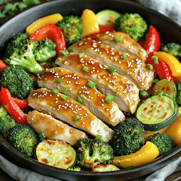 - 2 boneless, skinless chicken breasts - 1 cup broccoli florets - 1 cup bell peppers (red and yellow), sliced - 1 medium zucchini, sliced - 4 tablespoons honey - 3 cloves garlic, minced - 3 tablespoons soy sauce (or tamari for gluten-free option) - 1 tablespoon sesame oil - 1 tablespoon olive oil - Salt and pepper to taste - Optional: sesame seeds and sliced green onions for garnish When I make honey garlic chicken and veggies, I love how each ingredient plays a part. The chicken shines with sweetness from the honey and the punch of garlic. It’s a simple marinade, but it packs a lot of flavor. The veggies add color and crunch. I prefer vibrant bell peppers and tender broccoli. Zucchini rounds out the mix, soaking up all the tasty marinade. Each bite gives you a bit of everything. When you season the chicken, don’t hold back on the salt and pepper. These basics really bring out the natural flavors. If you want a bit of flair, sprinkle sesame seeds and green onions on top. They add a nice crunch and freshness. You can find the full recipe [here](#). This meal is perfect for busy nights, and it never fails to impress! First, pat the chicken breasts dry with a paper towel. This step helps the seasonings stick better. Next, season both sides with salt and pepper. The seasoning adds flavor. After that, make the marinade. In a bowl, mix honey, minced garlic, soy sauce, and sesame oil. Whisk it well until smooth. Set aside a few tablespoons of the marinade for later use. Now, submerge the chicken in the marinade. Make sure each piece is fully coated. Cover the bowl and refrigerate the chicken. The best marination time is at least 30 minutes. For deeper flavor, marinate for up to 2 hours. This allows the chicken to absorb those sweet and savory flavors. Preheat a large skillet over medium-high heat. Once hot, add the marinated chicken. Cook each side for about 6 to 7 minutes. You want the chicken golden brown and cooked through. The internal temperature should reach 165°F (75°C). After cooking, remove the chicken from the skillet. Let it rest for about 5 minutes before slicing. This keeps the juices inside. While the chicken rests, stir-fry the vegetables in the same skillet. Add the seasoned broccoli, bell peppers, and zucchini. Cook for about 5 to 6 minutes until they are tender-crisp. They should still be bright in color. Finally, combine the sliced chicken with the veggies in the skillet. Pour in the reserved marinade and toss everything together. Cook for an extra 2 to 3 minutes to heat it through. For the complete recipe, check out the Full Recipe section. Resting the chicken is key to keeping it juicy. After you cook the chicken, take it out of the skillet. Let it sit on a cutting board for about five minutes. This helps the juices stay inside. Cook the chicken to the right temperature for safety. Use a meat thermometer to check. The chicken should reach 165°F (75°C). This ensures it is safe to eat and still moist. To get the best texture for veggies, stir-fry them quickly. Cook them on high heat for just a few minutes. This keeps them tender-crisp and bright in color. Avoid overcooking, as they can become mushy. You can switch up the vegetables too. Try snap peas, carrots, or even cauliflower. Each adds a different flavor and color to your dish. For an appealing dish, present it well. Use shallow bowls or a large platter. Layer the chicken and veggies nicely. You can add some extra bell pepper slices or fresh herbs for color. Pair your meal with rice or noodles for a complete dish. They soak up the honey garlic sauce and offer a great balance. Enjoy your meal with family or friends! For the full recipe, check out the Sweet & Savory Honey Garlic Chicken & Veggies 🥦. {{image_4}} To make your honey garlic chicken even better, try adding some spices. Here are a few ideas: - Ginger: Fresh or powdered ginger gives a warm kick. - Red Pepper Flakes: For some heat, sprinkle these in while cooking. - Cilantro or Basil: Fresh herbs can brighten up the dish nicely. You can also swap out the chicken for other proteins. Try these: - Shrimp: Cook quickly and add a sweet flavor. - Tofu: Great for a vegetarian twist, soak it in the marinade. - Pork: Tender pork tenderloin works well with honey and garlic. You can easily tweak this recipe for different diets: - Gluten-Free: Use tamari instead of soy sauce. Check the labels for all ingredients. - Dairy-Free: This recipe is naturally dairy-free. Enjoy it without worry. - Low-Carb: Skip the honey or use a sugar substitute. Pair it with cauliflower rice instead of regular rice. Using seasonal veggies can enhance your dish. Here are some ideas: - Spring: Add snap peas or asparagus for a fresh crunch. - Summer: Zucchini and bell peppers are perfect in this dish. - Fall: Swap in butternut squash or Brussels sprouts for a hearty feel. - Winter: Use root veggies like carrots or parsnips for warmth. For holidays, consider adding a special touch. Try: - Cranberries: Toss in dried cranberries for a sweet contrast. - Nuts: Add toasted almonds or walnuts for crunch. These variations can make your honey garlic chicken and veggies even more fun to eat! For the full recipe, check out the details above. To store leftovers, place them in an airtight container. This keeps them fresh and safe to eat. You can refrigerate the honey garlic chicken and veggies for up to four days. Make sure to let the food cool before sealing the container. This step helps avoid moisture build-up inside. If you want to freeze portions, ensure the dish cools completely first. Then, use freezer-safe bags or containers. Label them with the date for easy tracking. The meal stays good in the freezer for up to three months. To reheat, thaw the meal overnight in the fridge. Heat it in a skillet on low to keep the flavors intact. Preparing in advance can save time on busy days. You can marinate the chicken a day ahead. Store the marinated chicken in the fridge for up to 24 hours. This extra time allows the flavors to deepen. For quicker meals, chop the veggies ahead of time. Keep them in a separate container in the fridge. This way, everything is ready when you are. For the full recipe, check the previous sections. Yes, you can use frozen chicken. Just make sure to thaw it first. The best way to thaw chicken is overnight in the fridge. If you are short on time, you can use the cold water method. Place the chicken in a sealed bag and submerge it in cold water for about an hour. When cooking from frozen, add a few extra minutes to the cooking time. Always check that the chicken is cooked through before serving. If you don’t have honey, there are several options. You can use maple syrup or agave nectar for a similar sweetness. Brown sugar mixed with a bit of water also works well. If you prefer a sugar-free option, try using a sugar substitute like stevia or erythritol. Each option will give a different flavor, but all can work nicely in this recipe. To know if the chicken is fully cooked, check its internal temperature. It should reach 165°F (75°C). Use a meat thermometer for the best accuracy. If you don't have one, look for visual cues. The chicken should be golden brown outside and no longer pink inside. Juices should run clear when you cut into it. You can add many vegetables to this dish based on what you like. Carrots, snap peas, or green beans are great options. You can also use cauliflower, asparagus, or even mushrooms. Just make sure they cook well with the other veggies. Feel free to mix and match to fit your taste or what you have on hand. This recipe shows how to make a tasty chicken and veggie dish. We covered the key ingredients, easy steps, and tips for juicy chicken. Variations let you adapt the meal to your needs. Remember to store leftovers properly or freeze portions for busy days. Cooking can be fun and simple! With practice, you’ll create a dish your family will love. Enjoy the flavors and let your creativity shine in the kitchen!