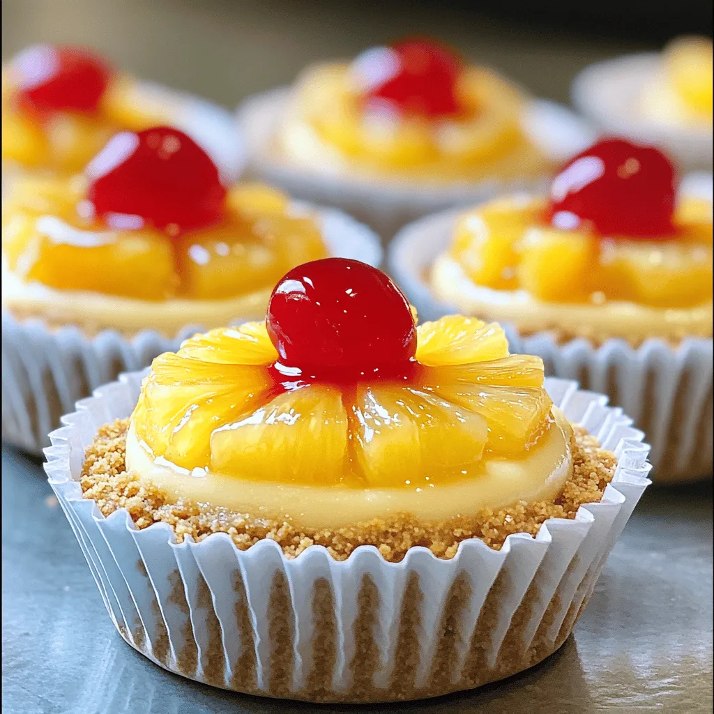- 1 cup graham cracker crumbs - 1/4 cup unsalted butter, melted - 2 tablespoons brown sugar - 8 oz cream cheese, softened at room temperature - 1/2 cup granulated sugar - 1 teaspoon pure vanilla extract - 1/4 cup sour cream - 2 large eggs, at room temperature - 1 cup crushed pineapple, well-drained to avoid excess moisture - Maraschino cherries, for garnish - Additional crushed pineapple - Mint leaves or fresh fruit for garnish For these mini pineapple upside-down cheesecakes, I love using simple ingredients that pack a big punch. The base starts with graham cracker crumbs and melted butter to form a crunchy crust. This crust gives a nice contrast to the creamy filling. The brown sugar adds a touch of caramel flavor that pairs well with the pineapple. The star of the show, cream cheese, makes the filling rich and smooth. I find that using room temperature cream cheese blends the best. It mixes easily with granulated sugar, vanilla extract, and sour cream, creating a sweet and tangy flavor. The eggs help bind it all together, making the texture light. Crushed pineapple adds a fruity burst. Make sure to drain it well; extra moisture can make the cheesecakes soggy. Lastly, I top each cheesecake with a maraschino cherry for a sweet finish. Feel free to get creative with optional toppings! A little extra crushed pineapple on top adds sweetness. Fresh mint leaves or fruit slices brighten up the dish and create a beautiful presentation. - Preheat the oven: Set your oven to 325°F (160°C) to get it ready. - Mixing the crust ingredients: In a medium bowl, combine 1 cup of graham cracker crumbs, 1/4 cup of melted butter, and 2 tablespoons of brown sugar. Stir until it looks like damp sand. - Filling and pressing the crust into muffin tins: Line a muffin tin with 12 paper liners. Divide the crumb mixture evenly among the cups. Use your fingers or the back of a spoon to press the crumbs down firmly. - Beating the cream cheese: In a large bowl, beat 8 oz of softened cream cheese until creamy and smooth. - Adding sugars and vanilla: Gradually mix in 1/2 cup of granulated sugar and 1 teaspoon of pure vanilla extract. Keep mixing until there are no lumps. - Mixing in sour cream and eggs: Add 1/4 cup of sour cream and mix until blended. Beat in 2 large eggs one at a time. Keep the speed low and mix just until combined. - Filling the cups with batter: Spoon the cheesecake batter into each muffin cup. Fill them just above the crust layer for even baking. - Baking time and temperature: Bake in the oven for 20-25 minutes. The edges should be set, but the centers can jiggle a bit. - Cooling instructions before refrigeration: Turn off the oven and leave the cheesecakes inside for another 10 minutes. After that, cool them at room temperature for about 30 minutes. Then, put the muffin tin in the fridge to chill for at least 2 hours. For the full recipe, you can refer to the earlier section. To ensure your mini pineapple upside-down cheesecakes turn out just right, focus on the texture. First, use softened cream cheese. This makes it easy to mix and keeps your filling smooth. Avoiding overmixing is key too. Mix your ingredients until just combined. This keeps the air in the batter, which makes it light and fluffy. For even baking, fill each muffin cup with the same amount of batter. Use a spoon to scoop it out evenly. This helps all the cheesecakes bake at the same time. When serving, place your mini cheesecakes on pretty plates. You can add a slice of fresh pineapple or a sprig of mint for color. This makes your dessert look extra special. For garnishing, place a maraschino cherry on top of each cheesecake. You can also add a little scoop of crushed pineapple for sweetness. If you have leftovers, store them in an airtight container. They stay fresh in the fridge for up to four days. You can enjoy them cold or let them warm up a bit at room temperature before serving. {{image_4}} You can change the flavor of your mini cheesecakes in fun ways. One great idea is to make coconut-flavored mini cheesecakes. To do this, swap some cream cheese for coconut cream. This adds a tropical twist that pairs well with pineapple. You can also fold in shredded coconut for extra texture and flavor. Another fun option is to add spices like cinnamon or nutmeg. Just a pinch can warm up the taste. These spices can make your cheesecakes feel cozy and comforting. They bring a unique touch to the classic treat. If you need to adjust for diet preferences, you can create a gluten-free crust. Use almond flour or gluten-free graham cracker crumbs instead. This way, you can enjoy the same great taste without gluten. For those who want dairy-free options, swap cream cheese with cashew cream or tofu. Both will give you a creamy texture while keeping it plant-based. You can also use coconut yogurt instead of sour cream for a dairy-free version. These adjustments let everyone enjoy mini pineapple upside-down cheesecakes. For the full recipe, check out the link above. You can use Greek yogurt or ricotta cheese. These options make the dish lighter. Greek yogurt adds a tangy taste, while ricotta gives a creamy texture. Both work well in this recipe. To avoid cracks, mix the batter gently. Do not overbeat it. Make sure all ingredients are at room temperature. This helps the mixture blend smoothly. Also, let the cheesecakes cool slowly in the oven before chilling. Yes, you can make them a day in advance. After baking, cool them at room temperature. Then, store them in the fridge. They stay fresh and tasty for up to three days. Just remember to add the toppings before serving. For the full recipe, check the earlier section! Mini Pineapple Upside-Down Cheesecakes are a fun twist on a classic dessert. They are cute and tasty. You will love how easy they are to make. Ingredients: - 1 cup graham cracker crumbs - 1/4 cup unsalted butter, melted - 2 tablespoons brown sugar - 8 oz cream cheese, softened at room temperature - 1/2 cup granulated sugar - 1 teaspoon pure vanilla extract - 1/4 cup sour cream - 2 large eggs, at room temperature - 1 cup crushed pineapple, well-drained - Maraschino cherries, for garnish - Additional crushed pineapple, for topping (optional) Prep Time: 20 minutes Cook Time: 20-25 minutes Chill Time: 2 hours Total Time: 2 hours 45 minutes Servings: 12 These mini cheesecakes are perfect for parties or a sweet treat at home. To make this dessert, you follow simple steps. First, mix the crust. Then, beat the cream cheese and add other ingredients. After that, bake them and chill. Enjoy these delightful bites with family and friends. You can find the Full Recipe for all the steps and tips to make them shine! You've learned how to make mini cheesecakes by following simple steps. We covered ingredients like graham cracker crumbs, cream cheese, and crushed pineapple, plus tips for a perfect bake. Remember to bake and cool them properly for the best texture. Don't forget the fun variations, like coconut flavor or gluten-free options. With these easy recipes and tricks, you can create delicious treats for any occasion. Enjoy your baking adventure!