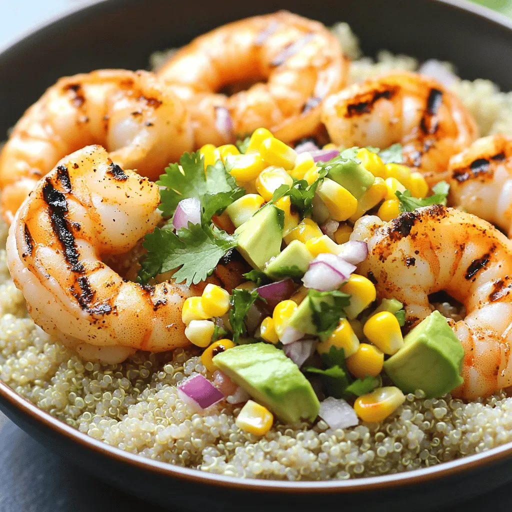- 1 pound large shrimp, peeled and deveined - 2 tablespoons olive oil - 1 teaspoon garlic powder - 1 teaspoon smoked paprika - Salt and freshly ground black pepper to taste The main stars of this dish are the large shrimp. They soak up flavor well, making them perfect for grilling. The olive oil adds richness and helps the spices stick. Garlic powder and smoked paprika give a nice, warm flavor. Don't forget salt and black pepper for balance. - 1 ripe avocado, diced - 1 cup fresh corn kernels (frozen corn can also be used, thawed) - 1/2 medium red onion, finely chopped - 1 small jalapeño, finely chopped (seeds removed for milder flavor) - 2 tablespoons fresh cilantro, chopped - Juice of 1 lime The avocado in the salsa adds creaminess. Fresh corn gives a sweet crunch. Red onion adds a bit of bite, while jalapeño gives a hint of heat. Cilantro brightens the dish, and lime juice ties it all together with acidity. - Crispy tortilla strips - Lime wedges For a fun touch, sprinkle crispy tortilla strips on top. They add texture and crunch. Lime wedges on the side let you add a splash of fresh juice right before you dig in. You can find the full recipe to make this delicious dish. To start, take your large shrimp and place them in a mixing bowl. Add 2 tablespoons of olive oil, 1 teaspoon of garlic powder, and 1 teaspoon of smoked paprika. Sprinkle in salt and black pepper to taste. Mix everything well to coat the shrimp evenly. Let the shrimp marinate for 15 to 20 minutes. This helps the flavors soak in. While the shrimp marinates, you can make the corn salsa. In another bowl, combine 1 diced avocado, 1 cup of fresh corn kernels, and 1/2 a finely chopped red onion. Add a small chopped jalapeño and 2 tablespoons of chopped cilantro. Gently fold the ingredients together. Squeeze the juice of half a lime over the mix, and adjust the taste with salt if needed. Set the salsa aside. Now, heat your grill or grill pan to medium-high. Once it's hot, add the marinated shrimp. Cook them for about 2 to 3 minutes on each side. Look for the shrimp to turn pink and opaque. Be careful not to overcook them, as they can become tough. Once cooked, remove them from the grill and keep them warm. To build your bowls, start with a base of 1 cup of cooked quinoa in each serving dish. Next, layer the grilled shrimp on top of the quinoa. Finally, add a generous amount of the avocado and corn salsa over the shrimp. This creates a colorful and tasty dish. For the last touch, squeeze some extra lime juice over the bowls. This adds freshness and flavor. If you like, sprinkle some more chopped cilantro on top for garnish. Enjoy your beautiful and flavorful grilled shrimp bowl! For the full recipe, be sure to check the detailed steps and tips. To get the best grilled shrimp, avoid overcooking them. Shrimp cook fast, usually in just 2-3 minutes per side. They turn pink and opaque when done. If they get tough, they are overcooked. To prevent this, keep a close eye on the grill. Use medium-high heat for even cooking. If you use a grill pan, ensure it is hot before adding shrimp. For the salsa, consider adjusting your seasoning. More lime juice adds brightness. If you like heat, add extra jalapeño. Fresh corn gives a sweet crunch. If using frozen corn, make sure to thaw it first. This keeps the texture nice. Fresh corn can be cut right off the cob for best results. When you serve, make it look pretty! Layer the cooked quinoa first in the bowl. Then, arrange the grilled shrimp on top. Spoon the avocado and corn salsa generously over the shrimp. For a pop of color, add lime wedges on the side. Crispy tortilla strips on top add great texture too. This makes the dish look appealing and taste great. {{image_4}} You can easily swap shrimp for other proteins. Chicken works great here. Use grilled or sautéed chicken breast for a tasty option. Tofu is another good choice. For a vegan option, try firm tofu. Just marinate and grill it like the shrimp. Instead of quinoa, you can use brown rice or mixed greens. Brown rice adds a nutty flavor and chewy texture. Mixed greens give a fresh crunch and lightness to the dish. Choose what you love best to make this bowl your own. You can customize the spice level of your salsa. For a mild version, skip the jalapeño seeds. You can also use sweet bell peppers instead. If you like it spicy, add more jalapeño or even some diced serrano peppers. Adjust the heat to fit your taste. To store your grilled shrimp bowl, let it cool first. Place the shrimp and salsa in separate airtight containers. This helps keep the shrimp juicy. You can store the cooked quinoa in another container. Make sure to label the containers with the date. Keeping them sealed will help maintain freshness. When reheating shrimp, do it slowly. This keeps the shrimp tender. You can use a microwave or a skillet. If using a microwave, heat in short bursts. Check every 30 seconds to avoid drying out. If you use a skillet, add a splash of water. Cover it with a lid and heat on low. This method helps keep the shrimp moist and tasty. The grilled shrimp bowl lasts up to three days in the fridge. Make sure to consume it within this time. If you see any changes in color or smell, toss it out. Keeping the shrimp, salsa, and quinoa separate can help extend shelf life. Always check for freshness before eating leftovers. Yes, you can make the shrimp ahead of time. Cook the shrimp and let them cool. Store them in a sealed container in the fridge for up to two days. When you are ready to eat, just reheat them gently. Avoid high heat to keep them tender. If you don't have avocado, try using diced mango or creamy hummus. Both give a nice texture and flavor. You can also use Greek yogurt for a tangy touch. Each option adds a unique taste to your bowl. Yes, this recipe is gluten-free. All the ingredients used, like shrimp, quinoa, and vegetables, are free from gluten. Always double-check any packaged items for hidden gluten. Stick with fresh ingredients for the best results. To make this bowl vegan, skip the shrimp. Use grilled tofu or chickpeas for protein. You can still enjoy the corn salsa and quinoa. Add more veggies like bell peppers or zucchini for extra flavor and color. You can add many veggies to the salsa. Diced tomatoes add sweetness. Chopped bell peppers bring crunch. Cucumbers add freshness. Even black beans make a great mix. Feel free to get creative with your favorite vegetables! This grilled shrimp bowl blends fresh flavors and easy steps. You marinate shrimp, whip up a tasty salsa, and grill to perfection. Each bite is a burst of flavor, with options to suit any palate. Remember to store leftovers properly to enjoy later. Experiment with proteins and base options to keep meals fun. Whether for a weeknight dinner or a gathering, this dish shines. Dive into your next cooking adventure with these tips, and enjoy the bright tastes of the shrimp bowl!