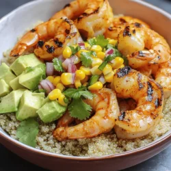 - 1 pound large shrimp, peeled and deveined - 2 tablespoons olive oil - 1 teaspoon garlic powder - 1 teaspoon smoked paprika - Salt and freshly ground black pepper to taste The main stars of this dish are the large shrimp. They soak up flavor well, making them perfect for grilling. The olive oil adds richness and helps the spices stick. Garlic powder and smoked paprika give a nice, warm flavor. Don't forget salt and black pepper for balance. - 1 ripe avocado, diced - 1 cup fresh corn kernels (frozen corn can also be used, thawed) - 1/2 medium red onion, finely chopped - 1 small jalapeño, finely chopped (seeds removed for milder flavor) - 2 tablespoons fresh cilantro, chopped - Juice of 1 lime The avocado in the salsa adds creaminess. Fresh corn gives a sweet crunch. Red onion adds a bit of bite, while jalapeño gives a hint of heat. Cilantro brightens the dish, and lime juice ties it all together with acidity. - Crispy tortilla strips - Lime wedges For a fun touch, sprinkle crispy tortilla strips on top. They add texture and crunch. Lime wedges on the side let you add a splash of fresh juice right before you dig in. You can find the full recipe to make this delicious dish. To start, take your large shrimp and place them in a mixing bowl. Add 2 tablespoons of olive oil, 1 teaspoon of garlic powder, and 1 teaspoon of smoked paprika. Sprinkle in salt and black pepper to taste. Mix everything well to coat the shrimp evenly. Let the shrimp marinate for 15 to 20 minutes. This helps the flavors soak in. While the shrimp marinates, you can make the corn salsa. In another bowl, combine 1 diced avocado, 1 cup of fresh corn kernels, and 1/2 a finely chopped red onion. Add a small chopped jalapeño and 2 tablespoons of chopped cilantro. Gently fold the ingredients together. Squeeze the juice of half a lime over the mix, and adjust the taste with salt if needed. Set the salsa aside. Now, heat your grill or grill pan to medium-high. Once it's hot, add the marinated shrimp. Cook them for about 2 to 3 minutes on each side. Look for the shrimp to turn pink and opaque. Be careful not to overcook them, as they can become tough. Once cooked, remove them from the grill and keep them warm. To build your bowls, start with a base of 1 cup of cooked quinoa in each serving dish. Next, layer the grilled shrimp on top of the quinoa. Finally, add a generous amount of the avocado and corn salsa over the shrimp. This creates a colorful and tasty dish. For the last touch, squeeze some extra lime juice over the bowls. This adds freshness and flavor. If you like, sprinkle some more chopped cilantro on top for garnish. Enjoy your beautiful and flavorful grilled shrimp bowl! For the full recipe, be sure to check the detailed steps and tips. To get the best grilled shrimp, avoid overcooking them. Shrimp cook fast, usually in just 2-3 minutes per side. They turn pink and opaque when done. If they get tough, they are overcooked. To prevent this, keep a close eye on the grill. Use medium-high heat for even cooking. If you use a grill pan, ensure it is hot before adding shrimp. For the salsa, consider adjusting your seasoning. More lime juice adds brightness. If you like heat, add extra jalapeño. Fresh corn gives a sweet crunch. If using frozen corn, make sure to thaw it first. This keeps the texture nice. Fresh corn can be cut right off the cob for best results. When you serve, make it look pretty! Layer the cooked quinoa first in the bowl. Then, arrange the grilled shrimp on top. Spoon the avocado and corn salsa generously over the shrimp. For a pop of color, add lime wedges on the side. Crispy tortilla strips on top add great texture too. This makes the dish look appealing and taste great. {{image_4}} You can easily swap shrimp for other proteins. Chicken works great here. Use grilled or sautéed chicken breast for a tasty option. Tofu is another good choice. For a vegan option, try firm tofu. Just marinate and grill it like the shrimp. Instead of quinoa, you can use brown rice or mixed greens. Brown rice adds a nutty flavor and chewy texture. Mixed greens give a fresh crunch and lightness to the dish. Choose what you love best to make this bowl your own. You can customize the spice level of your salsa. For a mild version, skip the jalapeño seeds. You can also use sweet bell peppers instead. If you like it spicy, add more jalapeño or even some diced serrano peppers. Adjust the heat to fit your taste. To store your grilled shrimp bowl, let it cool first. Place the shrimp and salsa in separate airtight containers. This helps keep the shrimp juicy. You can store the cooked quinoa in another container. Make sure to label the containers with the date. Keeping them sealed will help maintain freshness. When reheating shrimp, do it slowly. This keeps the shrimp tender. You can use a microwave or a skillet. If using a microwave, heat in short bursts. Check every 30 seconds to avoid drying out. If you use a skillet, add a splash of water. Cover it with a lid and heat on low. This method helps keep the shrimp moist and tasty. The grilled shrimp bowl lasts up to three days in the fridge. Make sure to consume it within this time. If you see any changes in color or smell, toss it out. Keeping the shrimp, salsa, and quinoa separate can help extend shelf life. Always check for freshness before eating leftovers. Yes, you can make the shrimp ahead of time. Cook the shrimp and let them cool. Store them in a sealed container in the fridge for up to two days. When you are ready to eat, just reheat them gently. Avoid high heat to keep them tender. If you don't have avocado, try using diced mango or creamy hummus. Both give a nice texture and flavor. You can also use Greek yogurt for a tangy touch. Each option adds a unique taste to your bowl. Yes, this recipe is gluten-free. All the ingredients used, like shrimp, quinoa, and vegetables, are free from gluten. Always double-check any packaged items for hidden gluten. Stick with fresh ingredients for the best results. To make this bowl vegan, skip the shrimp. Use grilled tofu or chickpeas for protein. You can still enjoy the corn salsa and quinoa. Add more veggies like bell peppers or zucchini for extra flavor and color. You can add many veggies to the salsa. Diced tomatoes add sweetness. Chopped bell peppers bring crunch. Cucumbers add freshness. Even black beans make a great mix. Feel free to get creative with your favorite vegetables! This grilled shrimp bowl blends fresh flavors and easy steps. You marinate shrimp, whip up a tasty salsa, and grill to perfection. Each bite is a burst of flavor, with options to suit any palate. Remember to store leftovers properly to enjoy later. Experiment with proteins and base options to keep meals fun. Whether for a weeknight dinner or a gathering, this dish shines. Dive into your next cooking adventure with these tips, and enjoy the bright tastes of the shrimp bowl!