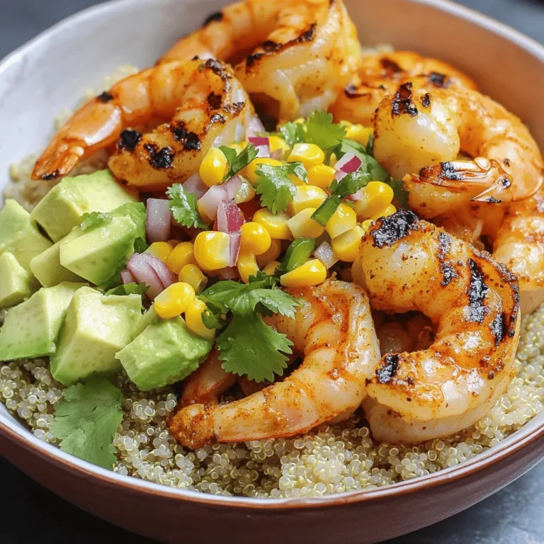 - 1 pound large shrimp, peeled and deveined - 2 tablespoons olive oil - 1 teaspoon garlic powder - 1 teaspoon smoked paprika - Salt and freshly ground black pepper to taste The main stars of this dish are the large shrimp. They soak up flavor well, making them perfect for grilling. The olive oil adds richness and helps the spices stick. Garlic powder and smoked paprika give a nice, warm flavor. Don't forget salt and black pepper for balance. - 1 ripe avocado, diced - 1 cup fresh corn kernels (frozen corn can also be used, thawed) - 1/2 medium red onion, finely chopped - 1 small jalapeño, finely chopped (seeds removed for milder flavor) - 2 tablespoons fresh cilantro, chopped - Juice of 1 lime The avocado in the salsa adds creaminess. Fresh corn gives a sweet crunch. Red onion adds a bit of bite, while jalapeño gives a hint of heat. Cilantro brightens the dish, and lime juice ties it all together with acidity. - Crispy tortilla strips - Lime wedges For a fun touch, sprinkle crispy tortilla strips on top. They add texture and crunch. Lime wedges on the side let you add a splash of fresh juice right before you dig in. You can find the full recipe to make this delicious dish. To start, take your large shrimp and place them in a mixing bowl. Add 2 tablespoons of olive oil, 1 teaspoon of garlic powder, and 1 teaspoon of smoked paprika. Sprinkle in salt and black pepper to taste. Mix everything well to coat the shrimp evenly. Let the shrimp marinate for 15 to 20 minutes. This helps the flavors soak in. While the shrimp marinates, you can make the corn salsa. In another bowl, combine 1 diced avocado, 1 cup of fresh corn kernels, and 1/2 a finely chopped red onion. Add a small chopped jalapeño and 2 tablespoons of chopped cilantro. Gently fold the ingredients together. Squeeze the juice of half a lime over the mix, and adjust the taste with salt if needed. Set the salsa aside. Now, heat your grill or grill pan to medium-high. Once it's hot, add the marinated shrimp. Cook them for about 2 to 3 minutes on each side. Look for the shrimp to turn pink and opaque. Be careful not to overcook them, as they can become tough. Once cooked, remove them from the grill and keep them warm. To build your bowls, start with a base of 1 cup of cooked quinoa in each serving dish. Next, layer the grilled shrimp on top of the quinoa. Finally, add a generous amount of the avocado and corn salsa over the shrimp. This creates a colorful and tasty dish. For the last touch, squeeze some extra lime juice over the bowls. This adds freshness and flavor. If you like, sprinkle some more chopped cilantro on top for garnish. Enjoy your beautiful and flavorful grilled shrimp bowl! For the full recipe, be sure to check the detailed steps and tips. To get the best grilled shrimp, avoid overcooking them. Shrimp cook fast, usually in just 2-3 minutes per side. They turn pink and opaque when done. If they get tough, they are overcooked. To prevent this, keep a close eye on the grill. Use medium-high heat for even cooking. If you use a grill pan, ensure it is hot before adding shrimp. For the salsa, consider adjusting your seasoning. More lime juice adds brightness. If you like heat, add extra jalapeño. Fresh corn gives a sweet crunch. If using frozen corn, make sure to thaw it first. This keeps the texture nice. Fresh corn can be cut right off the cob for best results. When you serve, make it look pretty! Layer the cooked quinoa first in the bowl. Then, arrange the grilled shrimp on top. Spoon the avocado and corn salsa generously over the shrimp. For a pop of color, add lime wedges on the side. Crispy tortilla strips on top add great texture too. This makes the dish look appealing and taste great. {{image_4}} You can easily swap shrimp for other proteins. Chicken works great here. Use grilled or sautéed chicken breast for a tasty option. Tofu is another good choice. For a vegan option, try firm tofu. Just marinate and grill it like the shrimp. Instead of quinoa, you can use brown rice or mixed greens. Brown rice adds a nutty flavor and chewy texture. Mixed greens give a fresh crunch and lightness to the dish. Choose what you love best to make this bowl your own. You can customize the spice level of your salsa. For a mild version, skip the jalapeño seeds. You can also use sweet bell peppers instead. If you like it spicy, add more jalapeño or even some diced serrano peppers. Adjust the heat to fit your taste. To store your grilled shrimp bowl, let it cool first. Place the shrimp and salsa in separate airtight containers. This helps keep the shrimp juicy. You can store the cooked quinoa in another container. Make sure to label the containers with the date. Keeping them sealed will help maintain freshness. When reheating shrimp, do it slowly. This keeps the shrimp tender. You can use a microwave or a skillet. If using a microwave, heat in short bursts. Check every 30 seconds to avoid drying out. If you use a skillet, add a splash of water. Cover it with a lid and heat on low. This method helps keep the shrimp moist and tasty. The grilled shrimp bowl lasts up to three days in the fridge. Make sure to consume it within this time. If you see any changes in color or smell, toss it out. Keeping the shrimp, salsa, and quinoa separate can help extend shelf life. Always check for freshness before eating leftovers. Yes, you can make the shrimp ahead of time. Cook the shrimp and let them cool. Store them in a sealed container in the fridge for up to two days. When you are ready to eat, just reheat them gently. Avoid high heat to keep them tender. If you don't have avocado, try using diced mango or creamy hummus. Both give a nice texture and flavor. You can also use Greek yogurt for a tangy touch. Each option adds a unique taste to your bowl. Yes, this recipe is gluten-free. All the ingredients used, like shrimp, quinoa, and vegetables, are free from gluten. Always double-check any packaged items for hidden gluten. Stick with fresh ingredients for the best results. To make this bowl vegan, skip the shrimp. Use grilled tofu or chickpeas for protein. You can still enjoy the corn salsa and quinoa. Add more veggies like bell peppers or zucchini for extra flavor and color. You can add many veggies to the salsa. Diced tomatoes add sweetness. Chopped bell peppers bring crunch. Cucumbers add freshness. Even black beans make a great mix. Feel free to get creative with your favorite vegetables! This grilled shrimp bowl blends fresh flavors and easy steps. You marinate shrimp, whip up a tasty salsa, and grill to perfection. Each bite is a burst of flavor, with options to suit any palate. Remember to store leftovers properly to enjoy later. Experiment with proteins and base options to keep meals fun. Whether for a weeknight dinner or a gathering, this dish shines. Dive into your next cooking adventure with these tips, and enjoy the bright tastes of the shrimp bowl!